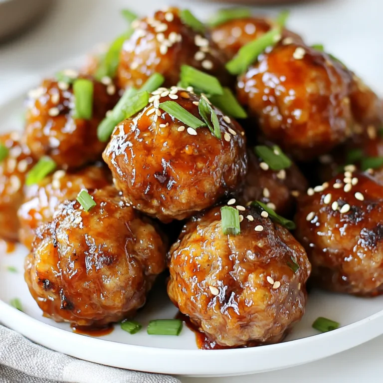 - 1 pound ground beef (or a mix of beef and pork) - 1/4 cup breadcrumbs - 1/4 cup green onions, finely chopped - 2 cloves garlic, minced - 1 tablespoon ginger, grated - 1 large egg - 1 teaspoon sesame oil - Salt and pepper to taste The main ingredients for Sticky Korean BBQ Meatballs are simple yet packed with flavor. Ground beef or a mix of beef and pork gives the meatballs a rich taste. Breadcrumbs add texture, while green onions, garlic, and ginger bring in that classic Korean zing. An egg helps bind the mixture, and a bit of sesame oil gives it a nice, nutty flavor. - 1/2 cup gochujang (Korean chili paste) - 1/4 cup honey - 2 tablespoons soy sauce (or tamari for gluten-free) - 1 tablespoon rice vinegar - Sesame seeds (for garnish) - Extra green onions for garnish The BBQ glaze is where the magic happens. Gochujang is a key ingredient. It brings heat and depth. Honey balances the heat with sweetness. Soy sauce (or tamari) adds umami flavor, while rice vinegar gives a tangy kick. Garnish with sesame seeds and green onions for a beautiful finish. This glaze coats the meatballs perfectly, making them sticky and irresistible. {{ingredient_image_1}} - Preheat the oven to 400°F (200°C). - Line a baking sheet with parchment paper. - In a large bowl, combine: - 1 pound ground beef (or a mix of beef and pork) - 1/4 cup breadcrumbs - 1/4 cup green onions, finely chopped - 2 cloves garlic, minced - 1 tablespoon ginger, grated - 1 large egg - 1 teaspoon sesame oil - Salt and pepper to taste - Mix until all ingredients are well combined. This step is key for flavor. - Shape the mixture into meatballs about 1 inch wide. - Place them on the prepared baking sheet, leaving space between each one. - Bake for 15-20 minutes, or until they are cooked through and lightly browned. - In a small saucepan, mix: - 1/2 cup gochujang - 1/4 cup honey - 2 tablespoons soy sauce (or tamari) - 1 tablespoon rice vinegar - Simmer this mixture over medium heat until it thickens slightly, about 5 minutes. - After baking, transfer the meatballs to a large bowl. - Pour the BBQ glaze over them. Toss gently to coat. - Return the glazed meatballs to the baking sheet. Bake for an extra 5 minutes. - Garnish with sesame seeds and extra green onions. - Serve with steamed rice or wrap in lettuce for a fun meal! To get meatballs that cook evenly, space them out on the baking sheet. This allows hot air to flow around each ball. If they are too close, some can cook faster than others. To keep your meatballs moist, don't overmix the ingredients. Overmixing makes them tough. Just combine until everything is mixed well. You can also add a bit more sesame oil for extra moisture. You can experiment with spices and herbs to boost flavor. Try adding a touch of black pepper or some chopped cilantro. If you want more heat, add red pepper flakes. Adjusting sweetness is easy too! If you like it sweeter, add more honey to the glaze. If you want less sweet, reduce the honey. Just taste as you go! For mixing, a large mixing bowl works best. It gives you space to combine all the ingredients well. Use a baking sheet lined with parchment paper. This helps with easy cleanup and prevents sticking. For cooking, a good pair of tongs is helpful. They make it easy to toss the meatballs in the glaze without making a mess. A whisk is great for mixing the glaze to keep it smooth. Pro Tips Use a Mix of Meats: Combining ground beef with pork adds a richer flavor and juiciness to the meatballs. Chill Before Baking: Refrigerating the meatball mixture for 30 minutes before baking helps them hold their shape better. Adjust the Spice: If you prefer a milder flavor, reduce the amount of gochujang in the glaze, or add a bit of ketchup for sweetness. Make Ahead: These meatballs can be made in advance and stored in the freezer. Just reheat with the glaze before serving. {{image_2}} You can switch up the meat in these meatballs. Ground turkey or chicken works great. These meats are leaner, so they reduce fat. You can still keep the same taste with the right spices. Plant-based meat substitutes are another option. Products like lentils or chickpeas can create a hearty dish. Just remember to adjust cooking times and spices. If you need gluten-free meatballs, use gluten-free breadcrumbs. They work just as well in binding the meat. You can also swap the soy sauce with tamari. It gives the same flavor without gluten. Always check labels to ensure they fit your needs. Want to add a twist? Toss in some finely chopped vegetables to the meat mixture. Carrots or bell peppers give a nice crunch and flavor. You can also infuse different sauces for coating. Try teriyaki or sweet chili sauce for a unique taste. Each variation brings out new flavors that keep meals exciting. To keep your Sticky Korean BBQ Meatballs fresh, store leftovers in the fridge. Place the meatballs in an airtight container. This will help keep them moist and tasty. Make sure to cool them down before sealing. They can last in the fridge for up to three days. When it's time to enjoy your leftovers, you have a few options. Use the oven for the best texture. Preheat it to 350°F (175°C). Place the meatballs on a baking sheet and heat for about 10-15 minutes. You can also use the microwave for a quick option. Heat them in 30-second bursts, checking often. This way, they stay juicy and do not dry out. If you want to save some meatballs for later, freezing is a great choice. First, let the meatballs cool completely. Then, place them in a single layer on a baking sheet. Freeze them for about an hour. Once frozen, transfer them to an airtight container or a freezer bag. They can last for up to three months in the freezer. When you're ready to eat, thaw them in the fridge overnight. Reheat as mentioned above for the best results. Gochujang is a Korean chili paste. It has a rich, spicy, and sweet flavor. This paste comes from fermented soybeans, red chili powder, and glutinous rice. You can use it in marinades, soups, and stews. It adds heat and depth to many dishes, making it perfect for meatballs. Yes, you can bake the meatballs. Baking is healthier than frying. It uses less oil, which cuts down on fat. Baking keeps the meatballs juicy while allowing the outside to brown nicely. You also save time since you don’t need to flip them while cooking. To adjust spice, you can add or reduce gochujang. For less heat, use less gochujang. You can also mix in some honey or sugar for sweetness. If you want more heat, add red pepper flakes or more gochujang. Taste as you go to find your perfect balance. These meatballs pair well with many sides. Here are some great options: - Steamed rice - Lettuce wraps - Pickled vegetables - Asian slaw - Noodles Each side adds a unique flavor and texture, enhancing your meal. Cooked meatballs can last in the fridge for about three to four days. Store them in an airtight container. Make sure they cool completely before sealing. If you want to keep them longer, consider freezing the meatballs. They can stay fresh in the freezer for up to three months. In this article, I shared how to make tasty Korean BBQ meatballs. You learned about key ingredients, like ground beef and gochujang for the glaze. I provided simple steps for mixing, baking, and glazing the meatballs. Tips on storage, reheating, and fun variations help you customize your dish. Try these meatballs at your next meal. They're easy to make, fun to eat, and sure to impress. Enjoy your cooking adventure!