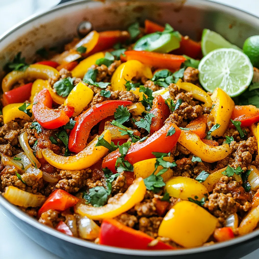To make a delicious Ground Turkey and Peppers Skillet, you need a few simple items. Here’s what you will gather: - 1 pound ground turkey - 2 bell peppers (one red, one yellow), sliced - 1 medium onion, chopped - 3 cloves garlic, minced - 1 teaspoon ground cumin - 1 teaspoon smoked paprika - 1 teaspoon chili powder - 1/2 teaspoon salt - 1/4 teaspoon black pepper - 1 can (15 oz) black beans, rinsed and drained - 1 cup corn kernels (fresh or frozen) - 2 tablespoons olive oil - Fresh cilantro, chopped (for garnish) - Lime wedges (for serving) These ingredients create a colorful and tasty dish. Ground turkey gives you lean protein. Bell peppers add crunch and sweetness. Onions and garlic give flavor that makes your meal pop. Spices like cumin and smoked paprika bring warmth. Black beans and corn add texture and nutrition. Olive oil helps cook everything nicely and adds richness. Finally, cilantro and lime brighten up the dish when you serve it. When you combine these ingredients, you make a warm meal that feels good and tastes great. {{ingredient_image_1}} 1. Heat the olive oil in a large skillet over medium heat. 2. Add the chopped onion to the skillet. Sauté for about 3 minutes. The onion should look translucent. 3. Next, add the minced garlic and sliced bell peppers. Cook for 5 to 7 minutes. Stir occasionally until the peppers soften. 4. Push the veggies to one side of the skillet. Add the ground turkey to the other side. Break it apart with a spatula. Cook for 6 to 8 minutes until browned and cooked through. 5. Once the turkey is cooked, mix it with the vegetables. Sprinkle cumin, smoked paprika, chili powder, salt, and black pepper over the mix. Stir well to combine all the flavors. 6. Stir in the rinsed black beans and corn. Cook for another 4 to 5 minutes until everything is hot. 7. Taste the skillet mixture. Adjust the seasoning if needed. Remove from heat. 8. Serve the skillet warm. Garnish with fresh cilantro and lime wedges on the side. How to avoid dry turkey To keep ground turkey moist, cook it on medium heat. This method helps it brown well without drying out. Breaking it apart with a spatula while it cooks also helps. You can add a splash of chicken broth if you feel it may dry out. Tips for sautéing vegetables perfectly Start with the onion. Sauté it for about three minutes until it is soft. Then, add garlic and peppers. Stir often to keep them from burning. Cooking them until they are soft makes the dish taste great. Importance of seasoning adjustments Taste your dish before serving. You can add more salt or spices if needed. Everyone’s taste is different, so feel free to adjust. Don’t forget to add lime juice before serving for a fresh kick! Pro Tips Use Fresh Ingredients: Fresh bell peppers and onions will provide the best flavor and texture. Choose vibrant, firm vegetables for optimal results. Customize the Spice Level: Adjust the amount of chili powder to your taste. For a milder dish, reduce the quantity, or add some diced jalapeños for extra heat. One-Pan Meal: This recipe is versatile; feel free to add other vegetables like zucchini or spinach to make it even heartier without adding additional pans to clean. Perfect for Meal Prep: This skillet dish stores well in the refrigerator for up to 4 days. Reheat in the microwave for a quick and nutritious meal. {{image_2}} You can easily mix up this recipe with some smart swaps. - Leaner ground meat options: Try ground chicken or lean beef for a different taste. Turkey is great, but these options can add new flavors. - Alternative vegetables to use: Use zucchini, mushrooms, or even spinach if you want. They add texture and color to the dish. You can get creative with what you have on hand. - Different seasoning blends: Instead of cumin and chili powder, try Italian herbs or taco seasoning. They will change the dish's flavor profile while keeping it tasty. Each swap gives you a new meal experience. Enjoy experimenting with what you like! Refrigeration instructions: After cooking, let the ground turkey and peppers cool. Place leftovers in an airtight container. Store in the fridge for up to three days. Always label the container with the date. Freezing tips and duration: You can freeze this dish for later use. Allow it to cool completely before freezing. Use a freezer-safe container or bag. It can last up to three months in the freezer. When ready to eat, thaw it in the fridge overnight before reheating. Reheating suggestions: To reheat, warm it on the stove over medium heat. Stir occasionally until heated through. You can also use a microwave. Heat in short bursts, stirring in between. Add a splash of water if it seems dry. Enjoy it warm with fresh lime juice on top! Can I use frozen vegetables? Yes, you can use frozen vegetables. They save time and are easy to use. Just add them to the skillet in place of fresh ones. They may need a minute or two more to cook through. How can I make it spicier? To make it spicier, add more chili powder or some red pepper flakes. You can also include fresh jalapeños or hot sauce to your taste. Start small and add more as you go. Can I make this ahead of time? You can make this dish ahead of time. Cook it, let it cool, and store it in the fridge. It stays good for up to three days. Just reheat it on the stove when you’re ready to eat. What to serve with ground turkey and peppers skillet? This skillet pairs well with rice or quinoa. You can also serve it with tortillas for a fun twist. Add a side salad for some crunch and freshness. This blog post covered all the key steps to make a tasty ground turkey and peppers skillet. You learned about the main ingredients and how to prepare them. I shared tips on cooking and variations to suit your taste. Finally, we discussed storage and answered common questions. With these insights, you can create a delicious meal that fits your style. Enjoy cooking and feel proud of your tasty dish!