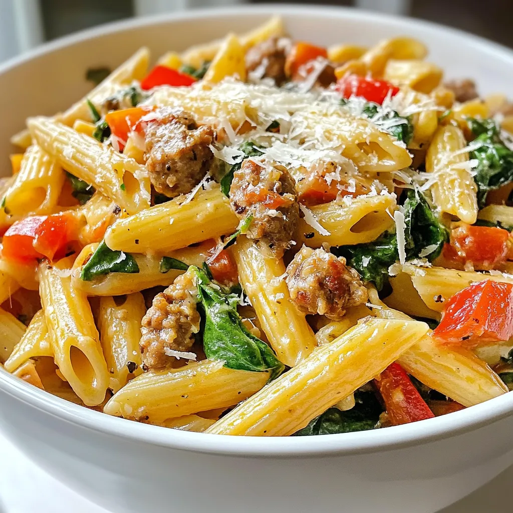 - 12 oz (340g) penne pasta - 1 lb (450g) Italian chicken sausage, casings removed - 1 small onion, diced - 2 cloves garlic, minced - 1 red bell pepper, diced - 1 can (14.5 oz) diced tomatoes, with juices - 4 cups low-sodium chicken broth - 1 teaspoon Italian seasoning - 2 cups fresh baby spinach - 1 cup shredded mozzarella cheese - ¼ cup grated Parmesan cheese - Salt and pepper to taste - 1 tablespoon olive oil Measuring ingredients exactly helps your dish turn out great. Use a kitchen scale for precision. If you don't have penne, any short pasta works well. Swap chicken sausage for turkey sausage for a leaner option. Fresh spinach can be replaced with frozen, just thaw it first. If you want a bolder taste, use more garlic or add red pepper flakes for heat. Fresh ingredients make a big difference in flavor. Fresh spinach adds color and nutrients. Diced tomatoes bring richness and acidity. Using fresh garlic and onion boosts the dish’s aroma. Choose high-quality cheese for the best melt and creaminess. When you use fresh foods, your One Pot Cheesy Sausage Pasta will taste better and be more satisfying. {{ingredient_image_1}} First, gather all your ingredients. You will need: - 12 oz (340g) penne pasta - 1 lb (450g) Italian chicken sausage, casings removed - 1 small onion, diced - 2 cloves garlic, minced - 1 red bell pepper, diced - 1 can (14.5 oz) diced tomatoes, with juices - 4 cups low-sodium chicken broth - 1 teaspoon Italian seasoning - 2 cups fresh baby spinach - 1 cup shredded mozzarella cheese - ¼ cup grated Parmesan cheese - Salt and pepper to taste - 1 tablespoon olive oil Chop the onion, garlic, and red bell pepper. This helps the cooking go smoothly. Heat the olive oil in a large pot over medium heat. Add the onion and cook until it turns clear, around 3–4 minutes. Next, add the garlic and red bell pepper. Cook them for another 2 minutes. The smell will be great! Now, push the veggies to one side of the pot. Add the sausage. Break it up with a spatula. Cook until it turns brown, about 5–7 minutes. After that, stir in the penne pasta, diced tomatoes (with juices), chicken broth, Italian seasoning, salt, and pepper. Bring this mixture to a boil. Once it boils, lower the heat, cover the pot, and let it simmer for 12–15 minutes. Stir occasionally. This helps the pasta cook well and not stick. When the pasta is tender, take the pot off the heat. Gently mix in the fresh spinach and mozzarella cheese. Let it sit for a few minutes. This allows the cheese to melt and the spinach to wilt. Finally, sprinkle the grated Parmesan cheese on top before serving. - Prep Time: 10 minutes - Cooking Time: 20 minutes - Total Time: 30 minutes - Servings: 4 Keep the heat medium when you start, then lower it for simmering. This makes the pasta cook just right! To boost the taste of your One Pot Cheesy Sausage Pasta, try these tips: - Use fresh herbs: Fresh basil or parsley adds a nice touch. - Add red pepper flakes: If you like heat, sprinkle some in. - Sauté vegetables longer: Cooking the onion and pepper until caramelized brings out sweetness. - Use homemade broth: If possible, homemade chicken broth adds depth. - Finish with lemon juice: A splash of lemon brightens the dish and balances flavors. Here are some common pitfalls to watch out for: - Not stirring enough: Stirring prevents pasta from sticking to the pot. - Skipping the salt: Don't forget to season the broth. It makes a big difference. - Overcooking the pasta: Keep an eye on the cooking time, so it stays al dente. - Adding cheese too early: Wait until the end to mix in cheese for a creamy finish. Need to adjust the recipe? Here’s how: - For 2 servings: Use 6 oz of pasta and half the sausage. - For 6 servings: Increase to 18 oz of pasta and 1.5 lbs of sausage. - Scaling other ingredients: Keep the same ratios for broth, veggies, and cheese. - Cooking time: The time stays close, but always check for doneness. Pro Tips Tip for Perfect Pasta: Always cook the pasta until it is al dente. This ensures it retains some bite and doesn’t become mushy once combined with the sauce. Sausage Selection: Choose a high-quality Italian chicken sausage for the best flavor. You can also experiment with different types of sausage, like spicy or sweet, to suit your taste. Add Fresh Herbs: Consider adding fresh basil or parsley at the end for a burst of flavor and freshness, elevating the dish even further. Cheese Variations: Mix in different types of cheese, such as cheddar or gouda, for a unique twist on the classic cheesy flavor. {{image_2}} You can switch the Italian chicken sausage for other proteins. Ground turkey works well. It will keep the dish light and tasty. If you prefer beef, go for a lean ground beef. Cook it until it's browned, just like the sausage. For a spicier kick, try chorizo. It adds a rich flavor that makes the dish exciting. If you want a vegetarian version, skip the meat. Use more veggies instead. Mushrooms are great for a hearty texture. You can also add zucchini, eggplant, or any veggies you like. Replace the sausage with canned chickpeas for protein. They add a nice bite and blend well with the pasta. You can easily change the pasta type. Penne is a classic choice, but feel free to try others. Fusilli or rotini will hold the sauce well. You can even use gluten-free pasta if needed. Just check the cooking time, as it may vary. Each type gives a unique twist to the dish, so have fun with it! To keep your One Pot Cheesy Sausage Pasta fresh, let it cool first. Once cool, transfer it to an airtight container. Store it in the fridge for up to three days. If you want to keep it longer, freezing is a great option. To reheat, take your leftover pasta from the fridge. Place it in a pot over low heat. Add a splash of chicken broth or water to help it heat evenly. Stir occasionally until it’s warmed through. You can also use the microwave. Just cover it and heat in short bursts, stirring in between. If you want to freeze your pasta, do it right after cooking. Make sure it’s cool first. Place it in a freezer-safe container, leaving some space for expansion. It will last up to three months in the freezer. To thaw, move it to the fridge overnight before reheating. Yes, you can make this dish dairy-free. Use dairy-free cheese instead of mozzarella and Parmesan. You can also skip the cheese altogether. The dish will still taste great, just lighter. Adding a splash of lemon juice can brighten the flavors. Adding more vegetables is easy! You can include chopped zucchini, mushrooms, or carrots. Peas or broccoli work well too. Just toss them in with the onions during cooking. This adds color, taste, and nutrients to your meal. You can serve this pasta with a simple green salad. A light vinaigrette pairs well. Garlic bread is also a great choice. It soaks up the extra sauce. If you want a heartier meal, add roasted vegetables on the side. In this blog post, we explored the key ingredients for making One Pot Cheesy Sausage Pasta. We discussed how to measure, substitute, and choose fresh ingredients to boost flavor. The step-by-step cooking instructions made the process simple and fun. We shared tips to avoid common mistakes and adjust serving sizes. The variations section allowed for creativity with proteins and pasta types. Lastly, proper storage tips helped keep leftovers fresh. Remember, cooking is about joy and creativity. Enjoy your delicious dish!