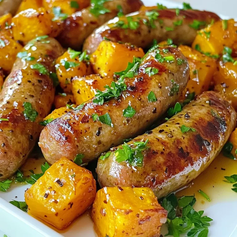 - 4 chicken or turkey sausages - 2 large sweet potatoes, peeled and cubed - 3 tablespoons honey - 3 cloves garlic, minced - 2 tablespoons olive oil - 1 teaspoon smoked paprika - Salt and pepper to taste - Fresh parsley, chopped (for garnish) These main ingredients create a great balance of sweet and savory flavors. The sweet potatoes add a nice texture and sweetness, while the sausages bring a hearty taste. Honey and garlic work together to form a delicious sauce that ties it all together. - Red pepper flakes for heat - Lemon juice for brightness - Other herbs like thyme or rosemary Feel free to customize the dish! Adding red pepper flakes gives a nice kick. Lemon juice adds a fresh flavor, and herbs can elevate the taste. Each serving of this dish has about: - Calories: 350 - Protein: 18g - Carbohydrates: 45g - Dietary Fiber: 5g - Sugars: 10g - Total Fat: 12g This meal packs a good amount of protein from the sausage and fiber from the sweet potatoes. It’s satisfying and good for you. The honey adds a touch of sweetness, but it's not too much. Enjoy this dish knowing it’s both tasty and nutritious! {{ingredient_image_1}} Start by preheating your oven to 400°F (200°C). This step is key for even cooking. Next, take two large sweet potatoes and peel them. Cut them into small cubes. In a large bowl, mix the cubed sweet potatoes with 2 tablespoons of olive oil. Add 1 teaspoon of smoked paprika, salt, and pepper to taste. Toss everything until the sweet potatoes are coated well. Spread the sweet potato cubes in a single layer on a baking sheet lined with parchment paper. Place the tray in the oven and roast for 20 minutes. While they roast, prepare the honey garlic sauce. In a small saucepan over medium heat, combine 3 tablespoons of honey and 3 minced garlic cloves. Stir this mix for about 2-3 minutes until it smells great. Just be careful not to burn the garlic! After the sweet potatoes roast for 20 minutes, take them out and stir them. Add 4 chicken or turkey sausages to the baking sheet, placing them among the sweet potatoes. Drizzle the honey garlic sauce over the sausages and sweet potatoes. Put the baking sheet back in the oven and roast for an additional 15-20 minutes. You want the sausages fully cooked and the sweet potatoes tender and caramelized. Once everything is done, remove the baking sheet from the oven. Let it rest for a couple of minutes. This helps the flavors settle. Before serving, sprinkle some chopped fresh parsley on top for a nice touch. This adds color and freshness to your plate! Enjoy your Honey Garlic Sausage with Sweet Potatoes! To cook sausages just right, start by choosing high-quality chicken or turkey sausages. These have great flavor and cook well. Preheat your oven to 400°F (200°C). This helps the sausages brown nicely. Place them on the baking sheet with sweet potatoes. Make sure they are not touching. This allows heat to circulate around each sausage. Cook for about 15-20 minutes. Check for a nice golden color. Use a meat thermometer to make sure they reach 165°F (74°C) for safety. Tender sweet potatoes are key to this dish. First, cut the sweet potatoes into even cubes. This helps them cook at the same rate. Toss them with olive oil, smoked paprika, salt, and pepper. This adds flavor and ensures they roast well. Spread them on the baking sheet in a single layer. Roast them for 20 minutes before adding the sausages. Stir halfway through the roasting. This helps them cook evenly and get crispy edges. You can enhance flavors with simple swaps. Try adding fresh herbs like thyme or rosemary. These herbs pair well with sweet potatoes and sausage. For a spicy kick, add red pepper flakes to the honey garlic sauce. If you want a different sweetness, use maple syrup instead of honey. You can also mix in other veggies, like bell peppers or onions, for extra taste and color. Each change adds a fun twist to the dish while keeping it simple and tasty. Pro Tips Choose Quality Sausages: Opt for high-quality chicken or turkey sausages for the best flavor and texture in your dish. Perfect Sweet Potato Cubes: Cut sweet potatoes into evenly sized cubes to ensure they cook uniformly and caramelize beautifully. Control Garlic Flavor: Keep an eye on the garlic while cooking; you want it fragrant but not burnt, as burnt garlic can taste bitter. Rest Before Serving: Let the dish rest for a few minutes after cooking to allow the flavors to meld and make serving easier. {{image_2}} You can change the sausage to match your taste. Try using pork or beef sausages. They bring a different flavor. If you want a leaner meal, use chicken or turkey sausages. Veggie sausages also work well for a meat-free option. Each type will change the dish's taste and feel. Feel free to add more veggies to this dish. Carrots, bell peppers, or zucchini work great. You can even toss in some green beans for a nice crunch. Just cut them into similar sizes as the sweet potatoes. This way, they cook evenly and blend nicely with the flavors. You can cook this meal in many ways. Roasting is great, but stovetop cooking is an option too. Simply brown the sausages in a pan, then add the sweet potatoes and sauce. Cover it to let them steam until tender. Grilling is another fun method. Just place the sausages and sweet potatoes on the grill. Cook until they have nice char marks and are fully cooked. Each method gives a unique taste and texture! To keep your Honey Garlic Sausage with Sweet Potatoes fresh, store leftovers in an airtight container. Make sure the dish has cooled down before sealing it. Place it in the fridge within two hours of cooking. This helps prevent bacteria growth. Leftovers will stay good for about three to four days. When you're ready to enjoy your leftovers, reheat them in the oven. Preheat the oven to 350°F (175°C). Place the sausage and sweet potatoes on a baking sheet. Cover them with foil to keep moisture in. Heat for about 15-20 minutes, or until warm. You can also use a microwave for quick reheating. Just place a portion in a microwave-safe dish and cover it. Heat for one to two minutes, stirring halfway through. You can freeze Honey Garlic Sausage with Sweet Potatoes if you want to save some for later. Use a freezer-safe container or heavy-duty freezer bags. Portion them into smaller servings for easy access. Make sure to remove as much air as possible to prevent freezer burn. This dish can last in the freezer for up to three months. When you're ready to eat, thaw it overnight in the fridge before reheating. Yes, you can prepare this dish ahead of time. Cook the sweet potatoes and sausages, then let them cool. Store them in an airtight container in the fridge. When you’re ready to eat, just reheat everything in the oven for a quick meal. This dish pairs well with a simple green salad. You could also serve it with steamed broccoli or a side of sautéed greens. The fresh flavors balance the sweet and savory notes of the dish. To check if the sausages are done, use a meat thermometer. The internal temperature should reach 165°F (74°C). If you don’t have a thermometer, cut into one sausage. It should be no longer pink inside. The juices should run clear, showing they are cooked properly. This guide covered the essential ingredients, cooking steps, and tips for making Honey Garlic Sausage with Sweet Potatoes. You learned how to cook sausages perfectly and ensure sweet potatoes are tender. I shared storage tips for leftovers and answered common questions about the recipe. Experiment with variations to keep it fun. Try different sausages or add vegetables for new flavors. Enjoy your cooking, and remember to have fun while making this tasty dish!