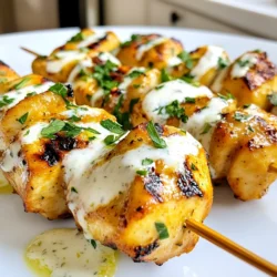 To make these tasty chicken bites, gather the following ingredients: - 1 lb (450g) boneless chicken breast, cut into bite-sized pieces - 4 cloves garlic, minced - 1/2 cup heavy cream - 1/4 cup grated Parmesan cheese - 1 tablespoon olive oil - 1 teaspoon dried Italian herbs (oregano, basil, thyme) - Salt and pepper to taste These ingredients build a rich and creamy sauce that clings to the chicken. The garlic gives it a strong flavor, while the cream and cheese add a nice smoothness. You can boost the flavor even more by adding: - A squeeze of lemon juice for brightness - A pinch of red pepper flakes for heat - Fresh herbs like basil or thyme for freshness These add-ins can make your dish unique and cater to your taste. Feel free to experiment and see what you like best. For a beautiful finish, use these garnishes: - Fresh parsley, chopped - Lemon wedges on the side Garnishes not only make your dish look great but also add fresh notes. A pop of green from parsley brightens the plate, while lemon adds a zesty touch. {{ingredient_image_1}} To start, grab a medium bowl. In this bowl, mix the minced garlic, heavy cream, grated Parmesan cheese, and dried Italian herbs. Add olive oil, salt, and pepper. Use a whisk to blend everything until it is smooth. This sauce will be rich and tasty, perfect for coating your chicken. Next, add the chicken pieces to the bowl. Make sure each piece is coated well in the creamy garlic sauce. Cover the bowl with plastic wrap. Place it in the fridge for at least 30 minutes. If you have more time, let it marinate for up to 2 hours. This step makes the chicken flavorful and tender. If you use skewers, soak them in water for about 20 minutes. This prevents them from burning when you grill. Preheat your grill to medium-high heat. Then, thread the marinated chicken onto the skewers. Leave a little space between each piece for even cooking. Place the skewers on the grill and cook for 5-7 minutes on each side. Look for nice grill marks and ensure the chicken is cooked through. Once done, take them off the grill and place them on a plate. Drizzle any remaining creamy garlic sauce on top and sprinkle with fresh parsley for a pop of color. Enjoy your meal! To get those perfect grill marks, start with a hot grill. Preheat it to medium-high heat. This helps sear the chicken quickly. When you place the chicken on the grill, do not move it for the first few minutes. This allows the grill to create those nice lines. After about 5-7 minutes, flip the chicken to the other side. You can repeat this for even more marks. For the best flavor, let the chicken marinate for at least 30 minutes. If you have more time, marinate it for up to 2 hours. This gives the creamy garlic sauce time to soak into the chicken. Remember to cover the bowl to keep the flavor in. To make sure your chicken stays juicy, do not overcook it. Use a meat thermometer to check the internal temperature. It should reach 165°F (75°C) for safe eating. Let the chicken rest for a few minutes after grilling. This helps the juices stay inside. Serve it right away for the best taste. Pro Tips Marinate Longer for Flavor: For the best flavor, let the chicken marinate for at least 1 hour or even overnight in the refrigerator. This allows the garlic and herbs to penetrate the meat deeply. Use Fresh Herbs: Fresh herbs can elevate the dish to a new level. If available, substitute dried Italian herbs with fresh oregano, basil, and thyme for a brighter flavor. Check for Doneness: To ensure the chicken is cooked through, use a meat thermometer. The internal temperature should reach 165°F (75°C) for safe consumption. Serve with Sides: Pair these chicken bites with a fresh salad, grilled vegetables, or a side of pasta to create a well-rounded meal that complements the creamy garlic sauce. {{image_2}} You can try different sauces to change the taste of your dish. A lemon herb sauce adds a bright flavor. Simply mix lemon juice, olive oil, and fresh herbs. For a spicy kick, a sriracha mayo works great. Just blend mayo with sriracha to your liking. These sauces can pair well with the grilled chicken bites. You don’t have to stick to chicken. Shrimp makes a quick and tasty option. Just marinate it the same way. For beef lovers, try using tender beef pieces. Cut them small, so they cook fast on the grill. Pork is another great choice. Each protein brings a unique taste. You can easily make this dish vegetarian. Use tofu or tempeh in place of chicken. Both soak up flavors well. Another option is to use hearty vegetables like zucchini or bell peppers. Cut them into bite-sized pieces and marinate just like chicken. These options keep the dish fun and fresh while catering to different diets. To keep your leftover chicken bites fresh, let them cool down first. Place them in an airtight container. Make sure to store them in the fridge. They stay good for up to three days. If you want to keep them longer, consider freezing them. When it’s time to enjoy your leftover chicken bites, reheat them carefully. You can use a microwave or a skillet. If using a microwave, heat for 1-2 minutes. Check to make sure they are hot all the way through. For a skillet, add a little olive oil and heat on medium for about 5 minutes. This way, they won’t dry out and will taste great! For long-term storage, freezing is best. Place the chicken bites in a freezer-safe bag. Remove as much air as possible before sealing. They can last up to three months in the freezer. When you're ready to eat, thaw them in the fridge overnight. Reheat as mentioned above for best results. Enjoy your tasty chicken bites whenever you want! You should marinate the chicken for at least 30 minutes. This time helps the chicken soak in the flavors. If you have more time, marinating for up to 2 hours will give even better taste. Just make sure to cover the bowl well in the fridge. Yes, you can cook the chicken bites in the oven. Preheat your oven to 400°F (200°C). Place the marinated chicken on a baking sheet lined with parchment paper. Bake for 15-20 minutes, flipping halfway through. This method keeps the chicken juicy and flavorful. Many side dishes match well with these chicken bites. Here are a few great choices: - Steamed vegetables: Broccoli or green beans work well. - Rice or quinoa: Both add a nice base to the meal. - Salad: A fresh garden salad balances the creamy sauce. - Garlic bread: This adds an extra touch of garlic flavor. You can mix and match to find your favorite combos! In this post, we explored how to make delicious creamy garlic sauce grilled chicken bites. We covered essential ingredients, helpful tips for grilling, and variations to try. I shared storage tips to keep your leftovers fresh. Remember to play with flavors and adjust cooking times based on your grill. Whether you stick to chicken or explore other proteins, this dish can fit any taste. Enjoy creating a meal that impresses your family and friends!