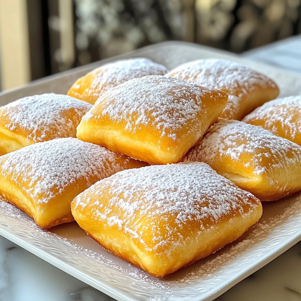 To make classic New Orleans beignets, gather these simple ingredients: - 2 cups all-purpose flour, plus extra for dusting - 1/2 cup granulated sugar - 1 tablespoon baking powder - 1/2 teaspoon salt - 1/2 cup whole milk - 2 large eggs - 1/4 cup unsalted butter, melted - 1 teaspoon vanilla extract - Vegetable oil, for frying - Powdered sugar, for dusting Each ingredient plays a key role in creating that fluffy, sweet treat we love. If you want a gluten-free version, use a gluten-free flour blend. This will keep the texture similar. For a vegan option, swap the eggs with flax eggs or applesauce. Use almond milk instead of whole milk. Vegan butter can replace unsalted butter. These changes make the beignets suitable for everyone. Using quality ingredients is essential for the best results. Fresh flour gives the dough strength and texture. High-quality butter enhances flavor. Good vanilla adds warmth and depth. When you use top-notch ingredients, your beignets will taste amazing. Each bite will remind you of the charm of New Orleans. {{ingredient_image_1}} To make beignets, start with the dry mix. In a large bowl, sift together: - 2 cups all-purpose flour - 1/2 cup granulated sugar - 1 tablespoon baking powder - 1/2 teaspoon salt Next, whisk the wet mix. In a separate bowl, combine: - 1/2 cup whole milk - 2 large eggs - 1/4 cup unsalted butter, melted - 1 teaspoon vanilla extract Now, pour the wet mix into the dry mix. Stir until a dough forms. The dough should be a bit sticky, but easy to handle. Cover the bowl with plastic wrap. Let the dough rest in the fridge for at least 1 hour. You can leave it overnight for more flavor. Mixing the dough well is key. Make sure there are no dry spots. If the dough feels too sticky, don't add more flour. Instead, flour your work surface for rolling. Resting the dough is very important. It helps the beignets rise and makes them fluffy. The cold dough also makes it easier to roll out. If you can, let the dough rest overnight. This allows the flavors to deepen. Heat vegetable oil in a deep fryer or a large pot to 350°F (175°C). Use a thermometer to check the oil temperature. If it’s too hot, the outside burns before the inside cooks. If it’s too cool, the beignets soak up too much oil. On a floured surface, roll out the chilled dough to a thickness of about 1/4 inch. Cut it into squares, about 2 inches wide. Carefully drop a few squares into the hot oil. Don’t overcrowd the pot. Fry for 2-3 minutes on one side. Flip and fry for another 2-3 minutes until golden brown. Once cooked, remove the beignets with a slotted spoon. Let them drain on paper towels. While still warm, dust them generously with powdered sugar. Enjoy your delicious beignets! Beignets are easy to make, but some errors can ruin them. Here are common mistakes to keep in mind: - Not measuring ingredients correctly: Always use a kitchen scale or measuring cups for accuracy. - Skipping the resting time: Letting the dough rest is key. This step helps the dough rise and become fluffy. - Overcrowding the frying pot: Fry only a few beignets at a time. This helps them cook evenly and stay light. - Not using hot enough oil: The oil should be around 350°F (175°C). If it's too cold, the beignets will soak up oil. For perfect beignets, texture and flavor are vital. Here are my tips: - Use fresh ingredients: Fresh baking powder and good-quality flour make a big difference. - Don’t skip the vanilla: It adds a lovely flavor that complements the sweetness. - Monitor frying time: Fry until they are golden brown, about 2-3 minutes on each side. - Dust with powdered sugar while warm: This helps the sugar stick better, enhancing the sweet taste. Having the right tools makes frying easier. Here’s what I recommend: - Deep fryer or large pot: A deep fryer is great, but a large pot works too. - Thermometer: A kitchen thermometer helps you check the oil temperature. - Slotted spoon: This is essential for removing beignets from the hot oil safely. - Cooling rack: Place beignets on a cooling rack to keep them crisp after frying. With these tips and tricks, you’ll create delicious, fluffy beignets that will impress everyone! Pro Tips Chill the Dough: Letting the dough rest in the refrigerator not only helps with the flavor but also makes it easier to roll out and cut. Monitor Oil Temperature: Using a thermometer ensures the oil is at the right temperature for frying, which is crucial for achieving that perfect golden-brown color. Don’t Overcrowd the Pot: Fry only a few beignets at a time to maintain the oil temperature and ensure even cooking. Dust with Powdered Sugar While Warm: Dusting them immediately after frying allows the sugar to stick better, enhancing that sweet flavor. {{image_2}} You can play with flavors in your beignets. Here are some fun ideas: - Chocolate Beignets: Add chocolate chips to the dough for a sweet surprise. - Fruit-Filled Beignets: Fill them with jam or fresh fruit before frying. - Cinnamon Sugar: Roll warm beignets in a mix of cinnamon and sugar for a twist. Each flavor adds a new layer of fun. Try them all to find your favorite! Beignets vary from place to place. Here are some regional twists: - Louisiana: The classic powdered sugar version is a must-try. - Massachusetts: In the Boston area, you may find beignets with cream filling. - Philadelphia: They sometimes serve them with a side of chocolate sauce. Each region adds its own flair. Explore these styles to expand your beignet experience. Beignets are great on their own, but pairing makes them even better. Here are some ideas: - Coffee: A nice café au lait pairs well with warm beignets. - Milk: A cold glass of milk balances the sweetness. - Fruits: Serve with fresh berries or slices of banana for a fresh touch. These pairings lift the flavors and make your treat even more enjoyable! To keep your beignets fresh, store them in an airtight container. This keeps moisture out and prevents them from getting stale. If you don’t have an airtight container, wrap the beignets in plastic wrap. Make sure to let them cool to room temperature before storing. This prevents condensation inside the container. Reheating beignets can bring back their delightful texture. The best way to do this is to use an oven. Preheat your oven to 350°F (175°C). Place the beignets on a baking sheet and heat for about 5-7 minutes. This method keeps them crispy on the outside while warming the inside. You can also microwave them for about 10-15 seconds, but this may make them soft. Fresh beignets taste best within a day or two. When stored properly, they can last up to 3 days at room temperature. For longer storage, you can freeze them. Place cooled beignets in a freezer bag, removing as much air as possible. They can last for up to 2 months in the freezer. To enjoy, simply reheat them as mentioned above. This way, you can have the taste of New Orleans anytime! Beignets have roots in French cooking. They came to New Orleans with early French settlers. In the 18th century, these sweet treats became a local favorite. Today, beignets are a symbol of New Orleans culture. They are often served at cafes, especially in the French Quarter. Many visitors enjoy them with coffee. The light, airy texture and powdered sugar make them a must-try. Beignets show how food can connect people to their heritage. You can find amazing beignets at Café du Monde. This famous café has been serving them since 1862. The beignets there are always hot and fresh. People line up to get their share. Another great spot is Café Beignet. They serve delicious versions too. The best place often depends on your taste. Try both and see which one you like best! Yes, you can make beignets ahead of time. You can prepare the dough and chill it overnight. This helps the flavors develop. When you are ready, roll, cut, and fry them. You can also freeze cooked beignets. Just reheat them in the oven to keep them crispy. Making them ahead saves time and keeps your kitchen calm during busy moments. In this post, we covered how to make and enjoy classic New Orleans beignets. We discussed the key ingredients and substitutions, step-by-step instructions, and essential tips for the best results. I shared common mistakes to avoid and explored delicious variations and serving ideas. Proper storage and reheating techniques ensure your beignets stay fresh. Now that you have the know-how, get ready to impress your friends and family with your beignet-making skills. Enjoy every bite of this tasty treat!