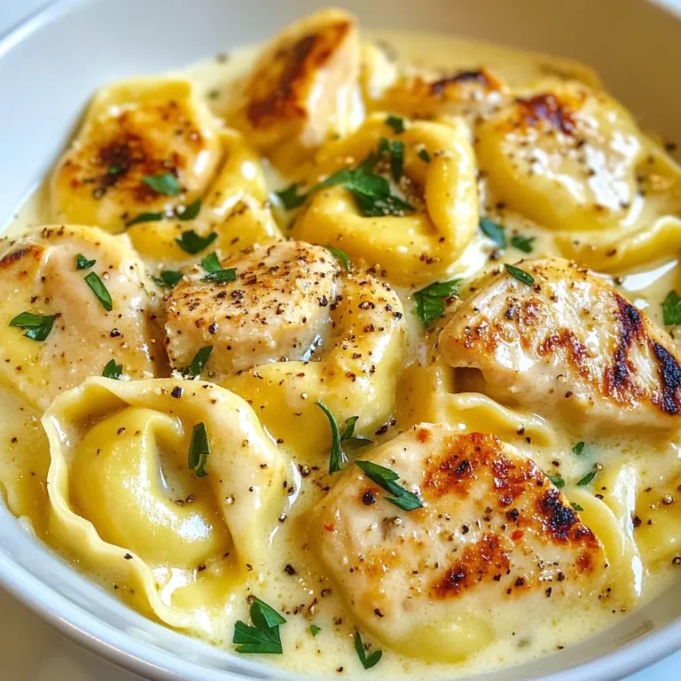 To make this dish, you need these key ingredients: - 12 oz cheese tortellini (fresh or frozen) - 2 chicken breasts, boneless and skinless - 3 tablespoons olive oil - 4 cloves garlic, minced - 1 cup heavy cream - 1 cup grated Parmesan cheese - 1 teaspoon Italian seasoning - Salt and pepper to taste - Fresh parsley, chopped (for garnish) These ingredients create a rich and creamy meal. The tortellini brings a delightful cheesy flavor, while the chicken adds protein. The garlic and Parmesan make a sauce that is hard to resist. You can add extra flavor with these options: - Red pepper flakes (for heat) Using red pepper flakes gives the dish a nice kick. Adjust the amount to your taste for a little spice. If you need to swap ingredients, here are some ideas: - Use rotisserie chicken instead of raw chicken for quick prep. - Substitute half-and-half for heavy cream for a lighter sauce. - Try nutritional yeast instead of Parmesan for a dairy-free option. - Use vegetable broth instead of olive oil for a lighter sauté. These substitutions keep the dish tasty while fitting different diets or needs. Enjoy experimenting with what you have on hand! {{ingredient_image_1}} First, you need a large pot of water. Bring it to a boil. Add salt to the water. This helps flavor the tortellini. Then, add 12 ounces of cheese tortellini. Cook them until they float. This usually takes about 3-5 minutes. Drain them well and set aside. While the tortellini cooks, prepare the chicken. Take two boneless, skinless chicken breasts. Season them with salt, pepper, and one teaspoon of Italian seasoning. Make sure to coat them well. This adds great flavor. Next, heat two tablespoons of olive oil in a large skillet. Use medium heat for this. Add the seasoned chicken breasts. Cook them for about 6-7 minutes on each side. Look for a golden brown color. Once cooked, remove the chicken from the skillet. Let it rest for a few minutes, then slice it into strips. In the same skillet, add one tablespoon of olive oil. Heat it over medium heat. Now, add four cloves of minced garlic. Sauté the garlic for about one minute. Be careful not to burn it, as it can turn bitter. Lower the heat and pour in one cup of heavy cream. Stir constantly to mix. Once it's warm, add one cup of grated Parmesan cheese. Stir until it melts into a smooth sauce. Next, add the cooked tortellini. Toss them gently to coat with the sauce. Finally, fold in the sliced chicken. Heat everything through and season with salt, pepper, and optional red pepper flakes. To serve, divide the Garlic Parmesan Chicken Tortellini among plates. For a fresh touch, sprinkle chopped parsley on top. Enjoy this creamy, cheesy delight! To get a great sauce, start with the right heat. Use medium heat when you add the cream. This keeps it warm without boiling. Stir often to mix in the cheese. If the sauce is too thick, add a splash of pasta water. This helps make it creamy and smooth. To keep your chicken juicy, don’t overcook it. Cook each side for just 6-7 minutes. Use a meat thermometer to check if it reaches 165°F. Let the chicken rest after cooking. This helps the juices stay inside. Slice it just before mixing with the sauce. When cooking tortellini, don’t rush. Boil a large pot of salted water. Add the tortellini and wait until they float. This means they are done. Drain them gently to avoid breaking. Toss them with a little olive oil to keep them from sticking together. Pro Tips Use Fresh Ingredients: Fresh garlic and high-quality Parmesan cheese make a noticeable difference in flavor. Always choose the best ingredients you can find for the best results. Don’t Overcook the Chicken: To keep the chicken juicy, avoid overcooking. Use a meat thermometer to ensure it reaches 165°F (75°C) without drying out. Adjust the Creaminess: If you prefer a lighter dish, reduce the amount of heavy cream or substitute half-and-half. For a richer flavor, add more Parmesan cheese. Add Vegetables: Incorporate spinach, peas, or sun-dried tomatoes for added nutrition and flavor. Simply toss them in while making the sauce to let them wilt and blend. {{image_2}} You can add more veggies to your dish. Try spinach, peas, or bell peppers. Cook them in the skillet after the garlic. This adds color and nutrients to your meal. The creamy sauce pairs well with the fresh veggies. It makes the dish even more tasty and healthy. If you like heat, add red pepper flakes. Mix them into the garlic while cooking. You can also use fresh chili peppers for extra spice. This gives the dish a nice kick. Adjust the amount based on your heat level preference. It’s a fun way to change up the flavor! Want to switch proteins? Shrimp and tofu are great options. For shrimp, cook them in the skillet with the garlic. For tofu, use firm tofu and sauté it until golden. Both options give a different texture and taste. They keep the dish light yet satisfying. To keep your Garlic Parmesan Tortellini fresh, place it in an airtight container. Make sure it cools to room temperature before sealing. This helps prevent condensation and sogginess. Store it in the fridge for up to three days. If you want to keep it longer, consider freezing it. When you're ready to enjoy your leftovers, reheat them gently. You can use the microwave or the stovetop. If using a microwave, heat in short bursts, stirring in between. On the stovetop, add a splash of cream or water. Heat over low until warmed through. This keeps the sauce creamy and tasty. To freeze your dish, let it cool completely. Then, portion it into freezer-safe bags or containers. Remove as much air as possible to avoid freezer burn. You can freeze it for up to three months. When you’re ready to eat, thaw it in the fridge overnight. Reheat as described above. Enjoy your meal again! You can use a mix of chicken broth and milk instead of cream. Start by heating 1 cup of chicken broth in a pan. Add 1 cup of milk slowly while stirring. Then, add the grated Parmesan cheese and cook until it melts. This gives you a creamy sauce without using heavy cream. Yes, you can prepare this dish ahead. Cook the tortellini and chicken, then store them separately. Keep the sauce in the fridge, too. When ready to serve, heat the sauce, mix in the tortellini and chicken, and enjoy! You can serve Garlic Parmesan Tortellini with a simple salad or garlic bread. A side of steamed veggies, like broccoli or green beans, adds color and nutrition. A light white wine also pairs well with this rich dish. To make this dish vegetarian, skip the chicken and use vegetables instead. You can add bell peppers, zucchini, or spinach. Cook the veggies in the pan after sautéing the garlic. Then, add the tortellini and sauce as usual. This blog post covers how to make Garlic Parmesan Tortellini with Chicken. We discussed key ingredients, step-by-step cooking methods, tips for best results, and tasty variations. You found out how to store and reheat leftovers, along with answers to common questions. In closing, cooking this dish is simple and rewarding. Experiment with flavors and ingredients to make it your own. Enjoy your delicious meal!