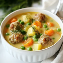 To make the meatballs, you need a few key items. You will need: - 1 pound ground beef (or a mix of beef and pork) - 1/4 cup breadcrumbs - 1/4 cup grated Parmesan cheese - 1 large egg - 1 tablespoon Worcestershire sauce - 1 teaspoon allspice - Salt and pepper to taste These simple ingredients create the heart of the dish. The beef or pork mix adds richness. The cheese and breadcrumbs keep the meatballs moist and tender. The soup’s broth and vegetables give it flavor and depth. You will need: - 4 cups beef broth - 1 medium onion, diced - 3 cloves garlic, minced - 2 medium carrots, sliced - 1 cup potatoes, diced - 1 cup frozen peas Beef broth creates a savory base. The onion and garlic add sweetness and aroma. Carrots and potatoes bring texture and nutrition, while peas add color and taste. Garnishes and seasonings elevate the soup. You will need: - 1 tablespoon olive oil - Fresh dill, for garnish - Salt and pepper to taste Olive oil helps to brown the meatballs and adds flavor. Fresh dill brings a bright note to the bowl. Always taste and adjust salt and pepper to make it just right. {{ingredient_image_1}} To make the meatballs, I start by mixing the ground beef with breadcrumbs, Parmesan cheese, and one egg. I add Worcestershire sauce for flavor and a touch of allspice for warmth. Don’t forget to add salt and pepper to taste! Once everything is in the bowl, I use my hands to mix it well. Then, I form small meatballs, about one inch in diameter. This size helps them cook evenly and fit nicely in the soup. Next, I heat olive oil in a large pot over medium heat. I add the meatballs in batches, being careful not to crowd the pot. I cook them for about 5 to 7 minutes, turning them until they are browned on all sides. This step adds a lovely flavor to the meatballs. After browning, I remove them from the pot and set them aside. In the same pot, I add diced onion and minced garlic. I sauté them for about 3 minutes until the onion looks translucent. This builds a great base for the soup. Next, I pour in four cups of beef broth and bring it to a simmer. I add sliced carrots and diced potatoes, letting them cook for about 10 minutes. This makes the veggies tender and flavorful. Once the vegetables are ready, I return the browned meatballs to the pot and stir in one cup of frozen peas. I let everything simmer for another 5 to 7 minutes. Finally, I stir in one cup of heavy cream for a rich finish. After a few more minutes, I check the seasoning, adding more salt and pepper if needed. To get the best meatballs, use a mix of beef and pork. This adds flavor and keeps them juicy. Make sure your meat is cold before mixing. Cold meat helps the meatballs hold shape. When you mix the ingredients, don’t overwork the meat. Mix just until combined for a tender bite. Form the meatballs into small, uniform balls, about one inch wide. This size cooks evenly. Spices make your soup pop! Use allspice to give a warm, sweet flavor. Add salt and pepper to taste. I like to mix fresh herbs, too. Dill is great for garnish and adds brightness. For a twist, try a pinch of nutmeg or paprika. These spices lift the flavors and make your soup unique. Start with a good base. Sauté onions and garlic until soft. This builds a tasty foundation. When adding broth, let it simmer gently. This helps flavors meld. Stir in heavy cream slowly for a rich texture. Make sure not to boil the soup after adding cream. Boiling can cause it to curdle and ruin the smoothness. Keep it warm and serve with fresh dill on top for a lovely finish. Pro Tips Use Fresh Herbs: Fresh dill adds a bright flavor that complements the creamy soup perfectly. Add it just before serving for the best taste. Customize Your Meatballs: Feel free to mix different meats such as turkey or chicken for a lighter option. Just ensure the meat is well-seasoned. Make Ahead: This soup can be made ahead of time and stored in the fridge. The flavors will deepen, making it even tastier the next day! Thicken the Soup: For a thicker consistency, you can mash some of the potatoes in the soup or add a tablespoon of cornstarch mixed with water. {{image_2}} If you want to change up the meat, you have options. Ground turkey works well as a leaner choice. It has less fat but still gives great flavor. You can also try ground chicken for a lighter soup. Mixing beef and pork gives a nice balance of taste and texture. Each option can make your cozy Swedish meatball soup unique. You can add your favorite veggies to this soup. Instead of carrots, try green beans or bell peppers. They add a nice crunch and color. If you want to skip potatoes, use cauliflower for a low-carb choice. Zucchini or corn can also work great in this soup. Feel free to mix and match based on what you have. Do you prefer a creamier soup? You can add more heavy cream for richness. If you like broth better, cut back on the cream. Use more beef broth instead. This change keeps the soup light and tasty. You can also add a splash of lemon juice for brightness. It brings a fresh taste to the cozy flavors. To keep your cozy Swedish meatball soup fresh, let it cool first. Use airtight containers to store it. This helps prevent spoilage. You can keep the soup in the fridge for up to three days. If you plan to enjoy it later, think about freezing it. Reheat your soup on the stove for the best taste. Pour it into a pot over medium heat. Stir it often to warm it evenly. You can also use the microwave if you're short on time. Just cover the bowl and heat it in short bursts, stirring in between. To freeze the soup, make sure it’s fully cooled. Use freezer-safe containers or bags. Leave some space at the top, as liquids expand when frozen. Your meatball soup can last in the freezer for up to three months. When you’re ready to eat, thaw it overnight in the fridge before reheating. To make Swedish meatballs from scratch, you start with good meat. I often use a mix of ground beef and pork. In a bowl, combine: - 1 pound ground beef (or a mix of beef and pork) - 1/4 cup breadcrumbs - 1/4 cup grated Parmesan cheese - 1 large egg - 1 tablespoon Worcestershire sauce - 1 teaspoon allspice - Salt and pepper to taste Mix these ingredients well. Then, form them into small meatballs, about 1 inch wide. This helps them cook evenly. After that, heat olive oil in a pot. Brown the meatballs on all sides for about 5-7 minutes. This step gives them a nice color and flavor. Set them aside for later. Yes, you can use ground turkey instead of beef. Ground turkey makes the dish lighter. It still tastes great, but the flavor will be a bit different. Turkey is leaner, so your meatballs might be less juicy. To keep them moist, consider adding a bit more cream or some extra seasoning. Swedish meatball soup is filling on its own, but a few sides can make it even better. Here are some ideas: - Crusty bread for dipping - A simple green salad - Roasted vegetables for added flavor These sides complement the warm, creamy soup well. You can mix and match to find your favorite combo! This blog post covers the key steps to make delicious Swedish meatball soup. We discussed the essential ingredients, from meat and broth to the right spices. You learned how to create flavorful meatballs and a tasty soup base. I shared tips for the best texture and cooking methods. You can try different meats and veggies for your own twist. Remember to store and reheat safely for later enjoyment. Enjoy crafting your soup adventure!