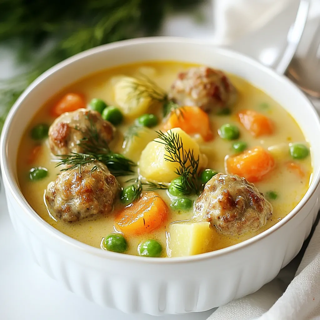 To make the meatballs, you need a few key items. You will need: - 1 pound ground beef (or a mix of beef and pork) - 1/4 cup breadcrumbs - 1/4 cup grated Parmesan cheese - 1 large egg - 1 tablespoon Worcestershire sauce - 1 teaspoon allspice - Salt and pepper to taste These simple ingredients create the heart of the dish. The beef or pork mix adds richness. The cheese and breadcrumbs keep the meatballs moist and tender. The soup’s broth and vegetables give it flavor and depth. You will need: - 4 cups beef broth - 1 medium onion, diced - 3 cloves garlic, minced - 2 medium carrots, sliced - 1 cup potatoes, diced - 1 cup frozen peas Beef broth creates a savory base. The onion and garlic add sweetness and aroma. Carrots and potatoes bring texture and nutrition, while peas add color and taste. Garnishes and seasonings elevate the soup. You will need: - 1 tablespoon olive oil - Fresh dill, for garnish - Salt and pepper to taste Olive oil helps to brown the meatballs and adds flavor. Fresh dill brings a bright note to the bowl. Always taste and adjust salt and pepper to make it just right. {{ingredient_image_1}} To make the meatballs, I start by mixing the ground beef with breadcrumbs, Parmesan cheese, and one egg. I add Worcestershire sauce for flavor and a touch of allspice for warmth. Don’t forget to add salt and pepper to taste! Once everything is in the bowl, I use my hands to mix it well. Then, I form small meatballs, about one inch in diameter. This size helps them cook evenly and fit nicely in the soup. Next, I heat olive oil in a large pot over medium heat. I add the meatballs in batches, being careful not to crowd the pot. I cook them for about 5 to 7 minutes, turning them until they are browned on all sides. This step adds a lovely flavor to the meatballs. After browning, I remove them from the pot and set them aside. In the same pot, I add diced onion and minced garlic. I sauté them for about 3 minutes until the onion looks translucent. This builds a great base for the soup. Next, I pour in four cups of beef broth and bring it to a simmer. I add sliced carrots and diced potatoes, letting them cook for about 10 minutes. This makes the veggies tender and flavorful. Once the vegetables are ready, I return the browned meatballs to the pot and stir in one cup of frozen peas. I let everything simmer for another 5 to 7 minutes. Finally, I stir in one cup of heavy cream for a rich finish. After a few more minutes, I check the seasoning, adding more salt and pepper if needed. To get the best meatballs, use a mix of beef and pork. This adds flavor and keeps them juicy. Make sure your meat is cold before mixing. Cold meat helps the meatballs hold shape. When you mix the ingredients, don’t overwork the meat. Mix just until combined for a tender bite. Form the meatballs into small, uniform balls, about one inch wide. This size cooks evenly. Spices make your soup pop! Use allspice to give a warm, sweet flavor. Add salt and pepper to taste. I like to mix fresh herbs, too. Dill is great for garnish and adds brightness. For a twist, try a pinch of nutmeg or paprika. These spices lift the flavors and make your soup unique. Start with a good base. Sauté onions and garlic until soft. This builds a tasty foundation. When adding broth, let it simmer gently. This helps flavors meld. Stir in heavy cream slowly for a rich texture. Make sure not to boil the soup after adding cream. Boiling can cause it to curdle and ruin the smoothness. Keep it warm and serve with fresh dill on top for a lovely finish. Pro Tips Use Fresh Herbs: Fresh dill adds a bright flavor that complements the creamy soup perfectly. Add it just before serving for the best taste. Customize Your Meatballs: Feel free to mix different meats such as turkey or chicken for a lighter option. Just ensure the meat is well-seasoned. Make Ahead: This soup can be made ahead of time and stored in the fridge. The flavors will deepen, making it even tastier the next day! Thicken the Soup: For a thicker consistency, you can mash some of the potatoes in the soup or add a tablespoon of cornstarch mixed with water. {{image_2}} If you want to change up the meat, you have options. Ground turkey works well as a leaner choice. It has less fat but still gives great flavor. You can also try ground chicken for a lighter soup. Mixing beef and pork gives a nice balance of taste and texture. Each option can make your cozy Swedish meatball soup unique. You can add your favorite veggies to this soup. Instead of carrots, try green beans or bell peppers. They add a nice crunch and color. If you want to skip potatoes, use cauliflower for a low-carb choice. Zucchini or corn can also work great in this soup. Feel free to mix and match based on what you have. Do you prefer a creamier soup? You can add more heavy cream for richness. If you like broth better, cut back on the cream. Use more beef broth instead. This change keeps the soup light and tasty. You can also add a splash of lemon juice for brightness. It brings a fresh taste to the cozy flavors. To keep your cozy Swedish meatball soup fresh, let it cool first. Use airtight containers to store it. This helps prevent spoilage. You can keep the soup in the fridge for up to three days. If you plan to enjoy it later, think about freezing it. Reheat your soup on the stove for the best taste. Pour it into a pot over medium heat. Stir it often to warm it evenly. You can also use the microwave if you're short on time. Just cover the bowl and heat it in short bursts, stirring in between. To freeze the soup, make sure it’s fully cooled. Use freezer-safe containers or bags. Leave some space at the top, as liquids expand when frozen. Your meatball soup can last in the freezer for up to three months. When you’re ready to eat, thaw it overnight in the fridge before reheating. To make Swedish meatballs from scratch, you start with good meat. I often use a mix of ground beef and pork. In a bowl, combine: - 1 pound ground beef (or a mix of beef and pork) - 1/4 cup breadcrumbs - 1/4 cup grated Parmesan cheese - 1 large egg - 1 tablespoon Worcestershire sauce - 1 teaspoon allspice - Salt and pepper to taste Mix these ingredients well. Then, form them into small meatballs, about 1 inch wide. This helps them cook evenly. After that, heat olive oil in a pot. Brown the meatballs on all sides for about 5-7 minutes. This step gives them a nice color and flavor. Set them aside for later. Yes, you can use ground turkey instead of beef. Ground turkey makes the dish lighter. It still tastes great, but the flavor will be a bit different. Turkey is leaner, so your meatballs might be less juicy. To keep them moist, consider adding a bit more cream or some extra seasoning. Swedish meatball soup is filling on its own, but a few sides can make it even better. Here are some ideas: - Crusty bread for dipping - A simple green salad - Roasted vegetables for added flavor These sides complement the warm, creamy soup well. You can mix and match to find your favorite combo! This blog post covers the key steps to make delicious Swedish meatball soup. We discussed the essential ingredients, from meat and broth to the right spices. You learned how to create flavorful meatballs and a tasty soup base. I shared tips for the best texture and cooking methods. You can try different meats and veggies for your own twist. Remember to store and reheat safely for later enjoyment. Enjoy crafting your soup adventure!