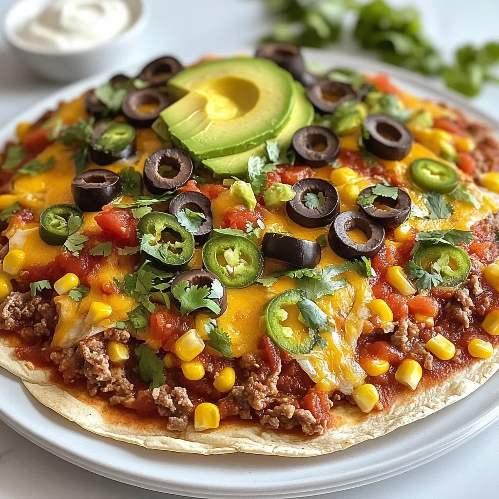 To make your Mexican pizza, gather these key items: - 1 large flour tortilla - 1/2 cup refried beans - 1/2 cup cooked ground beef or turkey (seasoned with taco seasoning) - 1/2 cup salsa (mild or spicy, based on preference) - 1 cup shredded Mexican cheese blend (or cheddar and Monterey Jack) - 1/4 cup black olives, sliced - 1/4 cup corn kernels (canned or fresh) - 1/2 avocado, sliced - 1/4 cup fresh cilantro, chopped - Sour cream, for serving - Jalapeños, for garnish (optional) - Olive oil, for brushing These ingredients work together to create a tasty and satisfying dish. The tortilla serves as the base, while the beans add creaminess. The beef or turkey brings a savory punch, and the salsa adds a zesty kick. Feel free to get creative with toppings. Here are some ideas to make it even better: - Fresh diced tomatoes - Chopped green onions - Sliced radishes - Shredded lettuce - Lime wedges These toppings can add color and extra flavor to your pizza. You can mix and match based on what you like. You can easily swap ingredients to fit your needs. Here are some suggestions: - Use corn tortillas for a gluten-free option. - Try black beans instead of refried beans for a different taste. - Substitute ground chicken or plant-based meat for the protein. Customizing your Mexican pizza makes it unique to you. Use what you have on hand and make it your own! {{ingredient_image_1}} Start by preheating your oven to 400°F (200°C). This helps the pizza cook evenly. Take one large flour tortilla. Brush one side lightly with olive oil. This will give your crust a nice crunch. Place the tortilla on a baking sheet, oiled side down. Now, it's time to layer your toppings. First, spread 1/2 cup of refried beans evenly over the tortilla. Leave a small border around the edges. Next, take 1/2 cup of cooked ground beef or turkey. Make sure it is seasoned with taco seasoning. Layer this evenly over the beans. Pour 1/2 cup of salsa over the meat. You can choose mild or spicy salsa based on what you like. After that, sprinkle 1 cup of shredded Mexican cheese blend across the whole pizza. Make sure the cheese covers the toppings well. Add 1/4 cup of sliced black olives and 1/4 cup of corn on top of the cheese. Now, it’s time to assemble your pizza. Once your toppings are ready, check that your oven is hot. Place the baking sheet in the oven. Bake for about 12 to 15 minutes. You want the cheese to melt and the edges to turn golden brown. When the timer goes off, check if the cheese is bubbly. If it is, take the pizza out and let it cool for a minute. Then, top your pizza with 1/2 sliced avocado and 1/4 cup of chopped fresh cilantro. To get a crispy crust, make sure you brush the tortilla with enough olive oil. This adds flavor and texture. Keep an eye on the pizza as it bakes. If the edges start to darken too much, reduce the oven temperature slightly. Let the pizza cool for a couple of minutes before cutting it. This helps everything set. Use a sharp knife to cut it into wedges. Serve with sour cream and jalapeños on the side for extra flavor. Enjoy your delicious homemade Mexican pizza! To make a crispy crust, start with a large flour tortilla. Brush one side with olive oil. This adds flavor and helps with crunch. Place the oiled side down on your baking sheet. Bake at 400°F until the edges turn golden brown. This takes about 12-15 minutes. Keep an eye on it to avoid burning. A crispy crust makes every bite better! You can easily boost flavor in your Mexican pizza. Use taco-seasoned meat for depth. Add a zesty salsa to bring heat or freshness. Try mixing different cheeses for a fun taste. Black olives and corn add salt and sweetness. Fresh cilantro and avocado on top bring brightness. Don't be shy to experiment with these flavors. Pair your Mexican pizza with tasty dips and sides. Sour cream is a classic choice. It cools down spicy flavors and adds creaminess. You can also serve it with guacamole. A fresh salad works well too. Try chips and salsa for a crunchy side. These pairings make your meal more fun and complete. Pro Tips Use Fresh Ingredients: Fresh vegetables and high-quality cheese can elevate the flavors of your pizza significantly. Customize Your Toppings: Feel free to add other toppings like bell peppers, mushrooms, or jalapeños to suit your taste preferences. Watch the Baking Time: Keep an eye on the pizza as it bakes; every oven is different, and you want to avoid burning the edges. Let It Rest: Allow the pizza to cool for a few minutes before slicing to let the toppings set, making it easier to cut and serve. {{image_2}} You can make a tasty vegetarian Mexican pizza very easily. Start with a large flour tortilla. Instead of meat, use extra refried beans for protein. Top it with your favorite veggies. Try bell peppers, onions, and spinach. Add black olives and corn for more flavor. Finish with plenty of cheese and fresh cilantro. You can enjoy a meatless meal that’s still filling and fun! You can switch up the protein in your Mexican pizza. Ground turkey works great if you want a leaner option. You can also use chicken or even shredded beef. For a twist, try chorizo for a spicy kick. Just remember to season your meat well, using taco seasoning for the best taste. Layer it over the refried beans for a hearty bite. Get creative with your toppings to make your pizza unique! Try adding jalapeños for heat or pineapple for sweetness. You can also sprinkle some diced tomatoes or green onions on top. Consider using different cheeses like feta for a salty flavor. Drizzle some hot sauce or lime juice before serving for an extra zing. The options are endless, so have fun with it! To keep your homemade Mexican pizza fresh, let it cool first. Place it in an airtight container. You can also wrap it tightly in plastic wrap. Store it in the fridge for up to three days. Make sure to keep it away from strong-smelling foods. To enjoy your pizza again, the oven works best. Preheat your oven to 350°F (175°C). Place the pizza on a baking sheet. Heat for about 10-15 minutes. This way, the crust stays crispy. You can also use a microwave, but it may make the crust soft. If using the microwave, heat in short bursts of 30 seconds. If you want to save some for later, freezing is a great option. Cut the pizza into wedges. Wrap each piece in plastic wrap. Place wrapped pieces in a freezer bag. Label the bag with the date. You can freeze it for up to two months. To eat, thaw it in the fridge overnight and reheat as mentioned. To reheat your Mexican pizza, use your oven. Preheat it to 350°F (175°C). Place the pizza on a baking sheet. Heat for about 10-12 minutes. This helps keep the crust crispy. You can also use a microwave, but it may make the crust soft. If you want a quick option, just use the microwave for 1-2 minutes. Yes, you can make the dough from scratch! Use simple ingredients like flour, water, and salt. Mix them to form a dough. Roll it out thin. This gives a great base for your pizza. Making your own dough adds a fresh taste. It can be fun to do with kids or friends. To make this recipe gluten-free, swap the flour tortilla for a gluten-free tortilla. Many stores sell these now. You can also use a cauliflower crust. Just ensure all other ingredients are gluten-free as well. Check labels on salsa, beans, and toppings. This way, everyone can enjoy a slice! Homemade Mexican pizza is simple and fun to make. We covered key ingredients and tasty toppings. The step-by-step guide showed you how to prep, assemble, and bake. You learned tips for a crispy crust and flavor boosts. We also explored cool variations and storage ideas. Now, you can enjoy your own creations anytime. Dive in and get cooking. Your perfect Mexican pizza awaits!