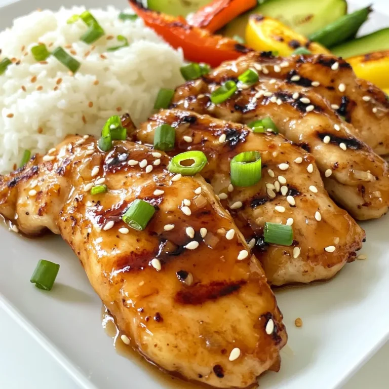 To make this tasty dish, gather these main ingredients: - 4 boneless, skinless chicken breasts - 1/4 cup honey - 1/4 cup soy sauce (low sodium recommended) - 4 cloves garlic, minced - 1 tablespoon fresh ginger, minced - 2 tablespoons olive oil - 1 teaspoon sesame oil - 1/2 teaspoon black pepper - 1/4 teaspoon red pepper flakes (optional for heat) These ingredients create a rich and sweet flavor. Honey gives the dish a lovely glaze. Soy sauce adds depth. Garlic and ginger bring warmth and zest. For an extra pop of flavor and color, consider these optional garnishes: - Chopped green onions - Sesame seeds These toppings not only look great but also enhance the dish's taste. Green onions add freshness. Sesame seeds add a nice crunch. Using fresh ingredients makes a big difference. Choose high-quality honey for the best sweetness. Use low sodium soy sauce to control salt levels. Fresh garlic and ginger boost the dish's flavor. Always check for good color and smell when buying chicken. Fresh chicken cooks better and tastes great. {{ingredient_image_1}} To make the marinade, you need a medium bowl. In this bowl, whisk together: - 1/4 cup honey - 1/4 cup soy sauce - 4 cloves garlic, minced - 1 tablespoon fresh ginger, minced - 2 tablespoons olive oil - 1 teaspoon sesame oil - 1/2 teaspoon black pepper - 1/4 teaspoon red pepper flakes (optional) Mix these ingredients well. The honey gives a sweet touch. The soy sauce adds saltiness. Garlic and ginger bring depth and warmth. This marinade will coat the chicken with rich flavors. Take your chicken breasts and place them in a zip-top bag or a shallow dish. Pour the marinade over the chicken. Make sure each piece is covered well. Seal the bag or cover the dish tightly. Let this sit in the fridge for at least 30 minutes. If you have time, marinate for up to 4 hours. The longer it sits, the tastier it gets! First, preheat your oven to 400°F (200°C). After marinating, remove the chicken from the bag or dish. Keep the marinade for later use. Heat a large oven-safe skillet over medium-high heat. Add a splash of olive oil. Sear the chicken breasts for 3-4 minutes on each side. You want them golden brown. Once seared, pour the reserved marinade over the chicken. Now, transfer the skillet to your preheated oven. Bake for 20-25 minutes. Check that the chicken is cooked through. The internal temperature should reach 165°F (75°C). Once done, take the skillet from the oven. Let the chicken rest for a few minutes. When ready to serve, drizzle the pan sauce over the chicken. Sprinkle with chopped green onions and sesame seeds for an eye-catching finish. Enjoy your delicious meal! To make a great marinade, balance is key. Start with a mix of honey and soy sauce. Honey gives sweetness while soy sauce adds salt. Use fresh garlic and ginger for a zing. Mix these in a bowl until smooth. Place your chicken breasts in a zip-top bag. Pour the marinade over the chicken and seal the bag. Make sure all pieces are coated. For the best flavor, let it marinate for at least 30 minutes, but 4 hours is even better. For juicy chicken, sear it first before baking. Heat a large oven-safe skillet over medium-high heat. Add a little olive oil to the pan. Once hot, place the marinated chicken in the skillet. Sear for 3-4 minutes on each side until golden brown. This step locks in moisture. After searing, pour the reserved marinade over the chicken. Then, transfer the skillet to a preheated oven at 400°F (200°C). Bake for 20-25 minutes. Check that the internal temperature reaches 165°F (75°C) for safe eating. You can easily tweak the flavor of this dish. If you like it sweeter, add more honey to the marinade. For heat, stir in red pepper flakes. Use 1/4 teaspoon for a mild kick. If you want more spice, feel free to add more. Adjust these flavors to fit your taste. This way, you can make the dish your own and enjoy every bite. Pro Tips Marinate Longer for More Flavor: Allow the chicken to marinate for up to 4 hours to enhance the depth of flavor from the honey and garlic. Use a Meat Thermometer: To ensure the chicken is perfectly cooked, use a meat thermometer to check that the internal temperature reaches 165°F (75°C). Don’t Discard the Marinade: The reserved marinade can be used to create a delicious sauce; just be sure to bring it to a boil before serving for safety. Rest Before Slicing: Let the chicken rest for a few minutes after baking to allow the juices to redistribute, keeping it moist and tender. {{image_2}} You can add veggies to this dish for more flavor and color. Try using bell peppers, broccoli, or snap peas. Simply chop the vegetables and toss them into the marinade with the chicken. When you sear the chicken, add the veggies to the skillet. They will soak up the sauce and become tender. This adds nutrition and makes your meal more colorful. Want some heat? You can spice up your honey garlic chicken. Add extra red pepper flakes to the marinade. You could also use a spicy soy sauce or add Sriracha. This will give your chicken a nice kick. Just remember to balance the heat with the sweetness of the honey. This mix will make your taste buds dance! You don’t have to bake your chicken. Grilling gives it a smoky flavor. To grill, marinate the chicken as usual. Preheat your grill to medium-high heat. Cook the chicken for about 6-7 minutes per side. For slow-cooking, place the marinated chicken in a slow cooker. Cook on low for 4-6 hours. This method makes the chicken super tender. Both methods add different flavors, so choose what you like best! After you enjoy your honey garlic chicken, store leftovers in an airtight container. Make sure the chicken has cooled down to room temperature before sealing it. This helps to keep the chicken fresh. Place it in the fridge, where it will stay good for up to four days. If you want to keep it longer, consider freezing. To reheat your honey garlic chicken, use the oven for the best results. Preheat your oven to 350°F. Place the chicken in an oven-safe dish and cover it with foil. This keeps the chicken from drying out. Heat for about 15 to 20 minutes or until warm. You can also use a microwave, but be careful not to overcook it. Heat in short bursts, checking often. If you want to freeze your honey garlic chicken, ensure it is cooled completely. Wrap each piece tightly in plastic wrap, then place them in a freezer bag. Remove as much air as possible. This helps prevent freezer burn. The chicken will stay good in the freezer for up to three months. When ready to eat, thaw it overnight in the fridge and reheat as mentioned above. Yes, you can use bone-in chicken. Just note that bone-in chicken takes longer to cook. The cooking time may increase by 10 to 15 minutes. Always check the internal temperature to ensure safety. Bone-in chicken often has more flavor and stays moist. To check if the chicken is cooked, use a meat thermometer. The internal temperature should reach 165°F (75°C). You can also cut into the thickest part of the chicken. The meat should be white and juices should run clear. If you see pink, it needs more cooking time. Honey Garlic Chicken pairs well with many sides. Here are some tasty options: - Steamed rice - Grilled vegetables - Mashed potatoes - Quinoa salad - Fresh greens These sides balance the sweet and savory flavors of the chicken. Enjoy your meal! In this post, we explored how to make honey garlic chicken breasts. We covered key ingredients and optional garnishes. I provided step-by-step instructions for marinating and cooking your chicken. You learned tips for a perfect marinade and how to adjust flavors. We also discussed variations like adding vegetables or using different cooking methods. Finally, we covered storage and reheating tips. With this guide, you can create tasty meals that impress. Enjoy your cooking adventure and savor every bite of your delicious creation!