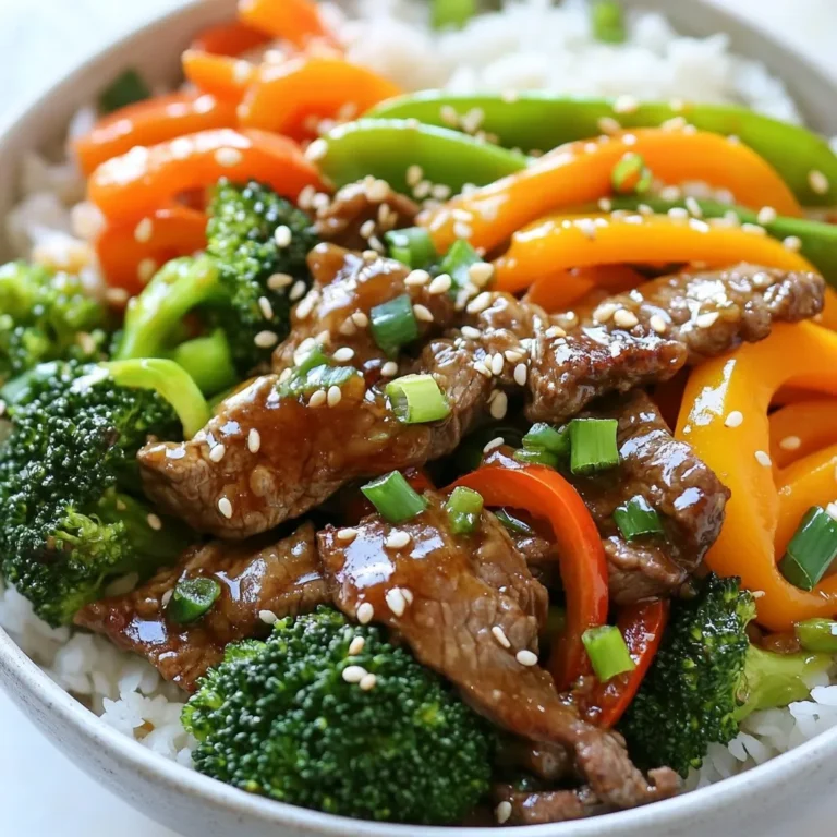 - 1 lb beef sirloin, thinly sliced - 2 cups broccoli florets - 1 bell pepper, sliced - 1 cup snap peas - 1 medium carrot, julienned - 4 cloves garlic, minced - 1-inch piece ginger, grated - 3 tablespoons soy sauce - 2 tablespoons oyster sauce - 1 tablespoon sesame oil - 1 tablespoon vegetable oil - Cooked rice or quinoa for serving - Sesame seeds for garnish - Chopped green onions for garnish This recipe for Garlic Veggie Beef Stir-Fry Bowls uses fresh and vibrant ingredients. Each component adds flavor and texture. Beef sirloin gives a rich taste. The vegetables provide crunch and color. Garlic and ginger bring a warm aroma that lifts the dish. The sauces add depth and umami. You can serve this stir-fry over rice or quinoa for a filling meal. Don't forget to garnish with sesame seeds and green onions for extra flair. These ingredients come together quickly to create a tasty and satisfying dish. {{ingredient_image_1}} To start, take 1 pound of thinly sliced beef sirloin. Place it in a bowl. Add 1 tablespoon of soy sauce. Mix well so all the beef gets coated. Let it sit for 10 minutes. This helps the beef absorb flavor. Next, heat a large pan or wok. Add 1 tablespoon of vegetable oil over medium-high heat. Wait until the oil shimmers. This means it’s hot enough. Now, add the marinated beef in a single layer. Stir-fry for 2 to 3 minutes. Look for a nice brown color on the beef. Once cooked, remove it from the pan and set it aside. In the same pan, add 4 cloves of minced garlic and 1 inch of grated ginger. Stir them for about 30 seconds. You want to smell the great aroma. Now, add your veggies. Toss in 2 cups of broccoli florets, 1 sliced bell pepper, 1 cup of snap peas, and 1 julienned carrot. Stir-fry for 4 to 5 minutes. The veggies should be bright and tender-crisp. Return the cooked beef to the pan. Add the remaining soy sauce, 2 tablespoons of oyster sauce, and 1 tablespoon of sesame oil. Mix everything together. Ensure it's all heated through and well combined. Spoon the stir-fry over a bed of cooked rice or quinoa. This will soak up the sauce. Garnish your dish with sesame seeds and chopped green onions. It adds a nice touch and flavor. Enjoy your meal! To make the best stir-fry, follow these simple tips: - Prep all your ingredients first. This saves time. - Use a hot pan. This helps the beef sear quickly. - Cook in batches. Avoid crowding the pan for even cooking. - Keep it moving. Stir constantly to avoid burning. To get the right beef texture: - Slice against the grain. This makes the beef tender. - Marinate for flavor. A quick 10-minute soak in soy sauce works well. - Don’t overcook. Aim for just 2-3 minutes until browned. Want to spice things up? - Add chili flakes or sriracha for heat. - Fresh herbs like cilantro or basil can brighten the dish. - Try sesame seeds for a nutty crunch. Pair your stir-fry with: - Steamed rice or quinoa. This makes a filling meal. - A fresh salad. It adds crunch and freshness. For meal prep: - Make extra servings. Store them in airtight containers. - Reheat easily for a quick lunch or dinner later. Pro Tips Marinate the Beef: Allowing the beef to marinate for at least 10 minutes helps to tenderize the meat and infuse it with flavor. Keep the Heat High: Stir-frying requires high heat to achieve that delicious char and to cook the vegetables quickly while keeping them crisp. Prep Ingredients Ahead: Chop and prepare all your ingredients before you start cooking to ensure a smooth and efficient cooking process. Experiment with Veggies: Feel free to substitute or add your favorite vegetables to the stir-fry for a personalized touch! {{image_2}} You can easily make this dish vegetarian or vegan. Just swap the beef with tofu or tempeh. Both options soak up flavors well. Tofu is soft and mild, while tempeh has a nutty taste. For sauce, use hoisin instead of oyster sauce. This change keeps the dish rich and tasty. Try different stir-fry sauces to mix things up. Teriyaki adds a sweet glaze, while sweet and sour gives a tangy kick. You can also add fruit for zest. Pineapple or mango can brighten the dish. They add natural sweetness and a fun texture. Using seasonal vegetables can boost freshness. In spring, add asparagus or snap peas. Summer is perfect for zucchini or bell peppers. In fall, think about butternut squash or Brussels sprouts. Winter veggies like kale or carrots work well too. Rotating ingredients keeps your meals exciting and healthy. To store leftovers in the fridge, let the stir-fry cool first. Place it in a clean, airtight container. This helps keep the flavors fresh. You can use glass or plastic containers that seal well. I recommend dividing the stir-fry into smaller portions. This makes it easy to grab for lunch or dinner. For long-term storage, you can freeze the stir-fry. First, let it cool completely. Then, put it in freezer-safe bags or containers. Try to remove as much air as possible. This helps prevent freezer burn. When you're ready to eat, thaw it in the fridge overnight. To reheat, just warm it in a pan or microwave until hot. Stir it well to ensure even heating. In the fridge, your Garlic Veggie Beef Stir-Fry will last about 3-4 days. If you freeze it, it can last for up to 3 months. Just remember, the sooner you eat it, the better the taste will be! To make Garlic Veggie Beef Stir-Fry from scratch, follow these steps: 1. Marinate the Beef: Mix sliced beef with soy sauce. Let it sit for 10 minutes. 2. Heat the Pan: Use a large wok or skillet. Heat vegetable oil until hot. 3. Stir-Fry the Beef: Add marinated beef. Cook for 2-3 minutes until brown. 4. Sauté Aromatics: Add minced garlic and grated ginger. Stir for 30 seconds until fragrant. 5. Add Vegetables: Toss in broccoli, bell pepper, snap peas, and carrot. Stir-fry for 4-5 minutes. 6. Combine Ingredients: Return beef to the pan. Add remaining soy sauce, oyster sauce, and sesame oil. Mix well. 7. Serve: Spoon over rice or quinoa. Garnish with sesame seeds and green onions. Yes, you can use frozen vegetables for convenience. Here are the pros and cons: - Pros: Frozen veggies save time and keep well. They are often picked at peak freshness. - Cons: They may have a softer texture after cooking. Fresh veggies have a crisper bite that many enjoy. Here are some great side dishes to pair with your stir-fry: - Steamed Rice: Classic choice that soaks up flavors. - Quinoa: A healthy, protein-packed alternative. - Spring Rolls: Crisp and filled with fresh veggies. - Asian Slaw: A crunchy salad adds texture and freshness. - Miso Soup: A warm, savory soup complements the meal nicely. This blog post covered how to make a tasty beef stir-fry. We explored key ingredients like beef, veggies, and sauces. I shared step-by-step cooking instructions for a successful dish. You learned tips for great flavor and texture, as well as various serving options. In the end, you can customize this stir-fry to fit any taste. Enjoy trying different ingredients and serving suggestions. Your kitchen can be a place for creativity and delicious meals.