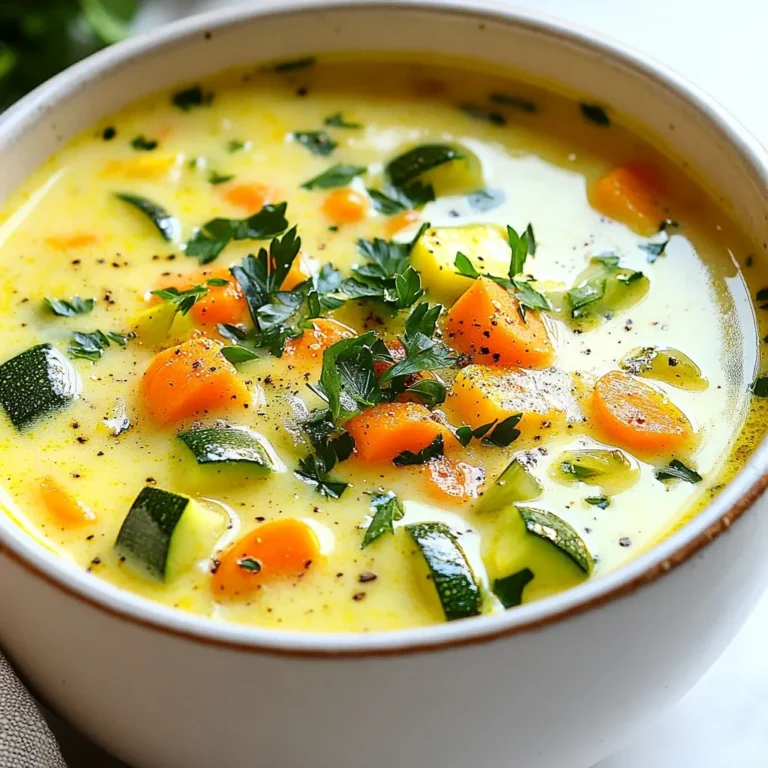Here’s what you need to make this tasty One-Pot Creamy Vegetable Soup: - 2 tablespoons olive oil - 1 medium onion, diced - 2 cloves garlic, minced - 2 medium carrots, diced - 2 ribs celery, diced - 1 medium zucchini, diced - 1 cup green beans, trimmed and cut into 1-inch pieces - 1 medium potato, peeled and diced - 4 cups vegetable broth - 1 cup unsweetened almond milk (or any plant-based milk) - 1 teaspoon dried thyme - 1 teaspoon dried basil - Salt and pepper to taste - 1 cup spinach, roughly chopped - ½ cup frozen peas - Fresh parsley for garnish This list gives you all the fresh vegetables and spices. You can find these items at your local market. The broth and milk make the soup creamy and rich. Using almond milk or any plant-based milk keeps it light and healthy. You can swap in other vegetables based on what you have, too. Each ingredient plays a key role. The vegetables add flavor and texture, while the spices bring warmth and depth. The fresh parsley at the end gives a nice touch and bright color. With these ingredients, you can create a comforting bowl of soup that everyone will love. {{ingredient_image_1}} 1. First, heat 2 tablespoons of olive oil in a large pot over medium heat. 2. Next, add 1 medium diced onion. Sauté it until it turns translucent, about 3-4 minutes. 3. Then, stir in 2 minced garlic cloves. Cook for one more minute. Watch it so it doesn’t burn. 4. Now, add 2 diced carrots, 2 diced ribs of celery, 1 diced zucchini, and 1 cup of green beans cut into 1-inch pieces. Sauté these for 5-7 minutes. You want them to start softening. 5. Add 1 diced potato to the pot and mix well. 1. Pour in 4 cups of vegetable broth and 1 cup of unsweetened almond milk. Stir to combine. 2. Add 1 teaspoon of dried thyme and 1 teaspoon of dried basil. Mix everything well. 3. Bring your soup to a gentle boil. Once boiling, reduce the heat to low. 4. Cover the pot and let it simmer for about 20 minutes. This helps the veggies become tender. 5. When the vegetables are soft, use an immersion blender to puree the soup. You can also transfer it to a blender in batches if you prefer a smoother texture. 1. After blending, stir in 1 cup of roughly chopped spinach and ½ cup of frozen peas. Cook for an additional 5 minutes until the spinach wilts and the peas heat up. 2. Season your soup with salt and pepper to taste. Adjust the seasoning as needed. 3. Finally, remove the pot from the heat. Let the soup sit for a few minutes to thicken. This method makes a rich and tasty one-pot creamy vegetable soup. Enjoy! To avoid burning garlic, add it after the onion is soft. This way, it gets sweet and tasty. Cook it for just a minute. If it starts to brown, lower the heat. Check vegetable tenderness by poking them with a fork. If they feel soft, they are ready. You want them tender but not mushy. For seasoning, try adding salt and pepper early on. This helps bring out the taste of the veggies. You can also add a pinch of red pepper flakes for a bit of heat. Add nutritional yeast for a cheesy flavor without the dairy. A squeeze of lemon juice brightens the soup and balances the creaminess. A heavy-bottom pot works best for even heat. It helps prevent burning. Look for a pot that’s large enough to hold all the ingredients. For blending, an immersion blender is great. It makes it easy to puree the soup right in the pot. If you use a regular blender, do it in small batches to avoid spills. Pro Tips Use Fresh Vegetables: For the best flavor and nutrition, use fresh, seasonal vegetables in your soup. Adjust Creaminess: Control the thickness of your soup by adjusting the amount of almond milk or blending time. Herb Variations: Feel free to experiment with different herbs like rosemary or oregano for a unique flavor profile. Garnish Creatively: Add a sprinkle of nutritional yeast or a squeeze of lemon juice before serving for an extra flavor boost. {{image_2}} You can easily swap out veggies in this soup. Try using broccoli, bell peppers, or sweet potatoes. Each choice adds its own taste and texture. For milk, you can use coconut milk or oat milk. This change makes the soup creamy and rich without losing flavor. Want to spice things up? Add cumin for warmth or paprika for a mild kick. These spices brighten the soup and add depth. If you eat meat, use chicken broth instead of vegetable broth. This swap gives a savory touch that many enjoy. If you want a vegan soup, stick with plant-based milk and broth. The recipe is already vegan-friendly. For gluten-free needs, ensure your broth is gluten-free too. This soup works for many diets, making it a great choice for gatherings. To keep your One-Pot Creamy Vegetable Soup fresh, store it in the fridge. Use an airtight container to seal in flavors and moisture. Glass containers work well, but plastic ones are fine too. Make sure to let the soup cool before sealing it up. This helps keep it from getting soggy. When it's time to enjoy your soup again, use gentle heat. You can reheat it in a pot on the stove. Stir occasionally to avoid hot spots. If you prefer the microwave, use a microwave-safe bowl. Heat it in short bursts, stirring in between. This helps keep the soup's nice, creamy texture. To freeze your soup, let it cool completely first. Pour it into freezer-safe bags or containers. Leave some space for expansion as it freezes. Label the bags with the date. When you want to eat it, move the soup to the fridge overnight. Reheat it on the stove or in the microwave once it’s thawed. Enjoy the flavors all over again! You can keep the soup in the fridge for up to four days. Make sure you store it in an airtight container. If you want to save it longer, you can freeze it. The soup can last in the freezer for about three months. Just remember to use freezer-safe containers. Yes, you can prepare this soup ahead. To do this, cook the soup and let it cool. Once cool, pour it into containers. Keep it in the fridge if you plan to eat it in the next few days. For longer storage, freeze it. When ready to eat, just thaw and reheat. This soup is very healthy! It is packed with vitamins and minerals from the fresh veggies. Ingredients like spinach and carrots boost your health. The soup is low in calories, making it a great option for a light meal. Plus, using almond milk keeps it dairy-free and lower in fat. In this blog post, we explored how to make a delicious one-pot creamy vegetable soup. We covered the best ingredients, step-by-step instructions, and tips to enhance flavors. I shared variations for different tastes and dietary needs, along with tips for storing and reheating leftovers. Making soup is simple and rewarding. You can create a dish that is not just tasty but also healthy. Don't hesitate to try your own twists with ingredients. Enjoy your cooking journey!