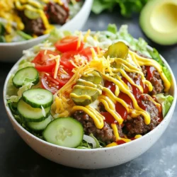 To create a tasty burger bowl, you need a few key ingredients: - 1 lb ground beef (or turkey for a leaner option) - 1 teaspoon salt - 1/2 teaspoon black pepper - 1 teaspoon garlic powder - 1 teaspoon onion powder - 1 tablespoon Worcestershire sauce (or soy sauce for a different flavor) - 2 cups cherry tomatoes, halved - 1 cup cucumber, diced - 1 cup lettuce, shredded (iceberg or romaine) - 1/2 cup pickles, sliced - 1/2 cup shredded cheddar cheese - 1/4 cup red onion, finely chopped These ingredients make the base of your burger bowls. The ground meat gives it a hearty feel. Seasoning adds depth and flavor, while the fresh veggies bring crunch and color. You can easily customize your burger bowls. Here are some optional ingredients: - Avocado slices for creaminess - Bell peppers for sweetness - Jalapeños for heat - Corn for sweetness and texture - Black olives for saltiness Adding these options allows you to tailor the bowl to your taste. Feel free to experiment and mix different flavors! Toppings and dressings add even more flavor to your burger bowls. I suggest: - 1/4 cup mayonnaise - 2 tablespoons ketchup - 2 tablespoons mustard These sauces bring that classic burger taste in a new form. For extra flair, consider adding fresh herbs like parsley or chives. They brighten the dish and enhance its look. {{ingredient_image_1}} To start, grab a mixing bowl. Add 1 pound of ground beef or turkey. Sprinkle in 1 teaspoon of salt, 1/2 teaspoon of black pepper, 1 teaspoon of garlic powder, and 1 teaspoon of onion powder. Pour in 1 tablespoon of Worcestershire sauce. Use your hands to mix everything well, but be careful not to overwork the meat. Once mixed, shape the meat into small patties. Aim for about 1/4 pound each. You should get about 4 patties. Next, heat a skillet or grill on medium-high heat. Wait until it’s hot before you cook the patties. Place the patties on the skillet or grill. Cook each side for about 4 to 5 minutes. Check the doneness to match your taste. Once cooked, take them off the heat and let them rest for a few minutes. This helps keep the juices inside. While the patties rest, prepare your salad base. In a large bowl, mix 2 cups of halved cherry tomatoes, 1 cup of diced cucumber, and 1 cup of shredded lettuce. Toss the veggies gently to mix. After the patties have rested, chop them into bite-sized pieces. Now, it’s time to build your bowls. Divide the salad mixture among serving bowls. Top each bowl with the chopped burger pieces, 1/2 cup of sliced pickles, 1/2 cup of shredded cheddar cheese, and 1/4 cup of finely chopped red onion. For the sauce, mix 1/4 cup of mayonnaise, 2 tablespoons of ketchup, and 2 tablespoons of mustard in a small bowl. Drizzle this sauce over each bowl. If you like, add avocado slices on top for creaminess. Enjoy your flavorful burger bowls! To keep your burger patties tender, do not press them while cooking. Pressing releases juices, making them dry. Cook your patties for 4-5 minutes on each side. Use a meat thermometer to check for doneness. Aim for 160°F for beef and 165°F for turkey. Let them rest for a few minutes after cooking. This step helps the juices settle back in. A fresh salad makes your burger bowl shine. I love using a mix of lettuce, cucumber, and cherry tomatoes. You can also add spinach for extra vitamins. Try adding shredded carrots or bell peppers for color and crunch. Pair these with a light vinaigrette or a creamy dressing for balance. These salads add freshness that complements the rich flavors of the burger. Presentation matters! Serve your burger bowls in clear glass or bright bowls. This way, all the colorful ingredients show off. You can also layer the salad base and toppings for a beautiful look. Garnish with fresh herbs like parsley or chives. This adds a pop of color and freshness. Drizzle your sauce on top just before serving for a tasty finish. Pro Tips Use a Meat Thermometer: To ensure your burgers are cooked perfectly, use a meat thermometer. Aim for an internal temperature of 160°F (71°C) for ground beef and 165°F (74°C) for turkey. Customize Your Toppings: Don't hesitate to get creative with your toppings! Add ingredients like sautéed mushrooms, jalapeños, or your favorite sauces to elevate the flavor profile. Chill the Meat Mixture: For firmer patties that hold their shape better, chill the meat mixture in the refrigerator for about 30 minutes before forming the patties. Dress It Up: Consider adding a drizzle of balsamic glaze or a sprinkle of feta cheese on top of your bowl for an extra layer of flavor and sophistication. {{image_2}} You can make tasty burger bowls without meat. Use black beans or lentils instead of beef. These options pack protein and flavor. A veggie burger patty is another great choice. Just mash your favorite beans with spices, form patties, and cook them. Top your bowl with fresh veggies and a vegan dressing. Try tahini or a simple oil and vinegar mix for a zesty kick. You can change your burger bowl to match different regions. For a Mexican twist, add corn, beans, and avocado. Top with salsa or a cilantro-lime dressing. If you love Asian flavors, try using soy sauce in your meat mix. Add shredded carrots and a drizzle of sesame oil. You can even sprinkle sesame seeds for extra crunch. Want to take your burger bowl up a notch? Add fun ingredients to boost flavor. Try grilled pineapples for a sweet bite. You can also use jalapeños for heat. Chopped bacon or crispy shallots add great crunch. If you love cheese, mix in feta or blue cheese for a tangy twist. Don't forget to experiment with herbs like basil or cilantro to enhance freshness. You can keep leftover burger bowls in the fridge. Use airtight containers to store them. Make sure to separate the salad and toppings from the meat. This helps keep everything fresh and tasty. Leftovers are good for about three days. To reheat your burger bowls, use the microwave. Heat the meat and toppings separately. This keeps the salad crisp. Warm the meat for about one minute. Stir and check if it's hot enough. If not, heat in 30-second bursts. You can freeze burger bowls for future meals. First, let everything cool. Then, place the meat and veggies in separate freezer bags. Press out air before sealing. They can last up to three months in the freezer. When ready to eat, thaw in the fridge overnight. Reheat and enjoy your flavorful meal! A burger bowl is a fun twist on the classic burger. Instead of a bun, you serve the burger in a bowl with fresh veggies. You get all the great flavors of a burger in a healthy way. Yes, you can! Ground beef is great, but turkey works well, too. You can also try chicken or plant-based meats for a lighter option. Each protein brings its own flavor, so feel free to mix it up. To make burger bowls healthier, use leaner proteins like turkey or chicken. Add lots of fresh veggies like cucumbers and tomatoes. Skip the mayo or use a lighter version. You can also add avocado for healthy fats. Good side dishes include sweet potato fries or a fresh fruit salad. You can also serve a light pasta salad or steamed vegetables. These sides will complement the flavors in your burger bowl nicely. Burger bowls offer a delicious and fun way to enjoy your favorite flavors. We explored key ingredients, step-by-step cooking methods, and helpful tips to ensure success. You can mix and match to create your ideal bowl, whether you prefer classic or unique twists. Remember to store leftovers wisely and reheat them for the best taste. Embrace creativity in your burger bowls and enjoy the process of making them your own. Happy cooking!