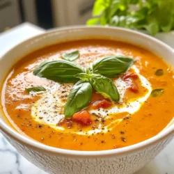 To make creamy tomato soup, you need: - 2 tablespoons olive oil - 1 medium onion, chopped - 3 cloves garlic, minced - 2 cans (14 oz each) diced tomatoes (fire-roasted for extra flavor) - 2 cups vegetable broth - 1 teaspoon dried basil - 1 teaspoon dried oregano - 1 teaspoon sugar (to balance acidity) - ½ cup heavy cream (or coconut cream for dairy-free) - Salt and pepper to taste - Fresh basil leaves for garnish You can change some ingredients for your taste. Use avocado oil instead of olive oil. If you want a sweeter soup, try honey instead of sugar. For a lighter option, you can use half-and-half instead of heavy cream. If you want it vegan, coconut cream works well. You can swap vegetable broth with chicken broth if you prefer. Garnishes add fun and flavor. Use fresh basil leaves for a nice touch. You can also drizzle olive oil or a swirl of cream on top. Croutons add crunch and make the dish more filling. Try adding a sprinkle of parmesan cheese for a tasty twist. {{ingredient_image_1}} 1. Gather your ingredients. You need olive oil, onion, garlic, diced tomatoes, broth, herbs, sugar, and cream. 2. Chop one medium onion into small pieces. 3. Mince three cloves of garlic finely. 4. If you want to use fresh basil for garnish, wash and dry a few leaves now. 1. In a large pot, heat two tablespoons of olive oil over medium heat. 2. Add the chopped onion. Sauté for 5-7 minutes until it looks clear. 3. Next, stir in the minced garlic. Cook for one more minute until it smells nice. 4. Open two cans of fire-roasted diced tomatoes. Pour them into the pot with their juices. 5. Add two cups of vegetable broth. Then, mix in one teaspoon each of dried basil, oregano, and sugar. 6. Bring the mix to a gentle boil. Lower the heat and let it simmer for 20 minutes. This helps the flavors blend together well. 1. Once the soup has simmered, use an immersion blender to blend it until smooth. 2. If you use a regular blender, be careful with hot liquid. Blend in small batches. 3. After blending, pour the soup back into the pot over low heat. 4. Stir in half a cup of heavy cream. Heat for about 5 minutes until warm. 5. Taste the soup and add salt and pepper as needed. If it’s too thick, add more broth to adjust. To boost the taste, use fresh herbs when possible. Fresh basil adds bright notes. You can also try thyme or parsley. Mixing in red pepper flakes can give a nice kick. Don't forget to taste as you go. Adjust spices to suit your taste. A pinch of sugar helps balance the acidity of the tomatoes. This small step makes a big difference! For a rich, smooth soup, heavy cream works wonders. If you want a lighter option, use coconut cream. Add the cream slowly and stir well. This helps it blend evenly. If you like a thicker soup, let it simmer longer. You can also add more cream for extra richness. Just remember, the key is to blend until silky. One common mistake is not sautéing the onion long enough. Take your time with this step. If you rush it, the flavor will not develop fully. Another error is over-blending the soup. Blend it just until smooth, not too long. This keeps some texture, which is nice. Lastly, don't skip seasoning. Always taste before serving to ensure it’s just right! Pro Tips Use Fresh Herbs: Fresh basil adds a vibrant flavor that dried herbs can't match. Add it just before serving to preserve its aroma. Adjusting Consistency: If the soup is too thick, gradually add more vegetable broth until you reach your desired consistency. Spice it Up: For an extra kick, add a pinch of red pepper flakes while sautéing the onions and garlic. Serving Suggestions: This creamy tomato soup pairs wonderfully with a crispy grilled cheese sandwich or a side salad for a complete meal. {{image_2}} You can easily make creamy tomato soup without dairy. Instead of heavy cream, use coconut cream. This keeps the soup rich and adds a hint of sweetness. Other options include almond milk or cashew cream. These will still give you a creamy texture. Boost the nutrition of your soup by adding veggies. Carrots, zucchini, or spinach work well. Just chop them small and add them when you cook the onions. They will blend nicely and add great flavor. You can even sneak in some bell peppers for a pop of color and taste. If you like some heat, try adding red pepper flakes. Just a pinch can make a big difference. You can also add smoked paprika for a deeper flavor. For something zesty, squeeze in some lemon juice just before serving. This gives the soup a fresh finish. After enjoying your creamy tomato soup, store leftovers in an airtight container. Let the soup cool to room temperature. Then, transfer it to the fridge. Properly stored, it lasts up to three days. You can freeze this soup for longer storage. Use a freezer-safe container or a resealable bag. Leave some space at the top since the soup expands when frozen. It will keep well for up to three months. To thaw, place it in the fridge overnight. When reheating, use low heat on the stove. Stir often to prevent sticking. If the soup is too thick, add a splash of vegetable broth. You want it warm, not boiling. This keeps the flavors fresh and bright. Enjoy with a sprinkle of fresh basil for a burst of taste! Yes, you can use fresh tomatoes. Start with about 2 pounds of ripe tomatoes. First, chop and roast them at 400°F for 25-30 minutes. Roasting adds depth to the flavor. After roasting, blend the tomatoes with the broth. This gives your soup a fresh taste and vibrant color. To make the soup gluten-free, ensure your vegetable broth is gluten-free. Most brands are safe, but check the label. This soup naturally does not contain flour or wheat. So, as long as your broth is gluten-free, you are good to go! Creamy tomato soup pairs well with grilled cheese sandwiches. The crispy bread and melted cheese create a perfect combo. You can also serve it with a fresh salad or some crusty bread. For a fun twist, try adding some croutons on top of your soup! This blog post covered key ingredients, cooking steps, and helpful tips for your dish. We explored substitutions and garnishes to suit your taste. I shared ways to enhance flavor and avoid common mistakes. You learned about variations like dairy-free options and adding veggies. Finally, we discussed storage and reheating for the best taste. By following these ideas, you can enjoy a creamy and delicious tomato soup. This dish can fit any meal and please anyone at the table. Enjoy your cooking adventure!