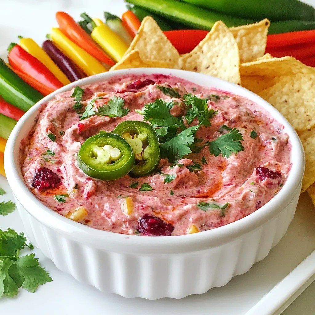 To make Minute Cranberry Jalapeño Dip, you need some simple yet fresh ingredients. Here’s what you will gather: - 1 cup fresh or frozen cranberries - 1-2 fresh jalapeños, seeded and diced - 1 cup cream cheese, softened - 1/2 cup Greek yogurt - 1/4 cup honey or maple syrup - 1/4 teaspoon salt - 1/4 teaspoon black pepper - 1 tablespoon fresh cilantro, chopped (optional) - Suggested dippers: Tortilla chips or vegetable sticks These ingredients come together to create a dip that is both sweet and spicy. The cranberries give it a tart flavor, while the jalapeños add some heat. Cream cheese and Greek yogurt make it creamy. You can adjust the spice by using more or fewer jalapeños based on your taste. The optional cilantro adds a fresh touch, but you can skip it if you prefer. With tortilla chips or veggie sticks, this dip becomes a perfect snack for any occasion. Plus, it's quick to prepare, making it great for last-minute gatherings or a casual night in. {{ingredient_image_1}} - Rinse and sort fresh cranberries. - If using frozen, thaw them and drain excess water. - Seed and dice 1-2 fresh jalapeños. - In a blender, combine cranberries, jalapeños, cream cheese, Greek yogurt, honey or maple syrup, salt, and black pepper. - Blend until the mixture is smooth and creamy. - Taste the dip and adjust seasoning or sweetness as needed. - If you like, fold in chopped cilantro for extra flavor. - Chill the dip in the fridge for at least 10 minutes. - Serve with tortilla chips or vegetable sticks for dipping. To make this dip just right, you can change the jalapeño amount. If you like it spicy, add more jalapeños. If you want it milder, use fewer. You can also chill the dip longer. This helps the flavors mix well together. A good chill time is at least 10 minutes. I love to serve this dip with fresh vegetable sticks. They add a nice crunch and keep it healthy. You could also use homemade tortilla chips for more flavor. They pair perfectly with the creamy dip. A good blender or food processor is key for this dip. It makes the mix smooth and creamy. After blending, choose a nice bowl for serving. A colorful bowl can make your dip look even better! Pro Tips Adjust the Heat: If you prefer a milder dip, use only one jalapeño or remove the seeds and membranes, as they contain most of the heat. Make Ahead: This dip can be prepared a day in advance. Just store it in an airtight container in the fridge and give it a good stir before serving. Flavor Variations: Experiment with adding other ingredients like diced bell peppers, green onions, or even a splash of lime juice for a unique twist. Serving Suggestions: Serve the dip with a variety of dippers, such as pita chips, cucumber slices, or even toasted baguette slices for a fun party platter. {{image_2}} You can make this dip even better with some easy swaps. - Cream cheese: Try using a dairy-free cream cheese for a lighter option. - Honey: Use agave syrup instead of honey for a vegan-friendly dip. These changes keep the dip tasty and fun while catering to different diets. Want to make your dip stand out even more? - Add fresh herbs like parsley or green onion for more color and taste. - A splash of lime juice brings in a nice tanginess that brightens the dip. These little tweaks can make a big difference in flavor! Make your dip look great on the table. - Serve it in a festive bowl to match any holiday theme. - Top it off with extra cilantro or jalapeño slices to catch the eye. These simple touches impress your guests and make the dip more inviting. To keep your Minute Cranberry Jalapeño Dip fresh, store it in an airtight container. This helps prevent any strong odors from the fridge. Make sure the dip is cool before sealing the container. The dip will taste best if you eat it within a few days. Yes, you can freeze this dip! To do this, place it in a freezer-safe container. Leave some space at the top for expansion. When you want to serve it, thaw it in the fridge overnight. Stir well before serving to regain its creamy texture. In the fridge, this dip lasts about 3 to 5 days. Always check for signs of spoilage. If the dip smells sour or has mold, it is best to throw it away. Freshness is key for the best taste! This dip is quick to make. It takes just 10 minutes to prep. The total time is 20 minutes, including blending and chilling. You can serve it right after, but I recommend letting it chill for 10 minutes. This helps the flavors blend nicely. You can use dried cranberries, but it will change the taste and texture. Dried cranberries are sweeter and less tart. This dip will have a different feel. If you use dried, cut back on the honey to avoid it being too sweet. Fresh or frozen cranberries give a nice tart flavor. The heat level comes from jalapeños. The amount you use will change the spice. If you want less heat, use just one jalapeño or remove the seeds. For more heat, add more jalapeños. Taste as you go to find the right level for you. This blog post shared how to make a tasty Minute Cranberry Jalapeño Dip. You learned the key ingredients, like cranberries and jalapeños, then the steps to blend them into a creamy treat. I offered tips for adjustments and fun variations to suit your taste. Don’t forget to store it right to keep it fresh. Try this dip at your next gathering for a burst of flavor. Enjoy the blend of sweet and spicy!