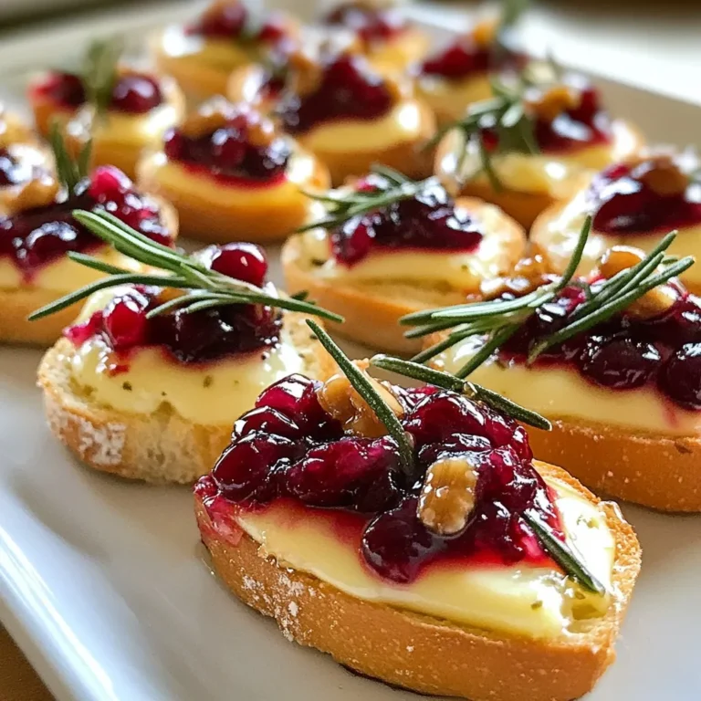 - French baguette - Brie cheese - Fresh cranberries The main ingredients are simple yet full of flavor. The French baguette forms the base. Its crusty outside and soft inside give a great texture. Brie cheese adds creaminess and richness. The fresh cranberries bring a bright, tart taste. Together, they create a delightful bite. - Sugar - Honey - Chopped walnuts (optional) To balance the tartness of the cranberries, I add sugar and honey. Sugar helps to sweeten the cranberry sauce, while honey adds a touch of natural sweetness. Chopped walnuts bring crunch and depth. They are optional but can elevate the dish. - Fresh rosemary - Salt and pepper - Olive oil Fresh rosemary adds a lovely aroma and flavor. I use it in the sauce for a hint of earthiness. A sprinkle of salt and pepper enhances the flavors of each ingredient. Lastly, a drizzle of olive oil on the baguette slices before baking gives them a nice golden color. {{ingredient_image_1}} - Preheat your oven to 375°F (190°C). - Slice the French baguette into 1/2-inch rounds and arrange them on a baking sheet. - Brush each slice lightly with olive oil and sprinkle a pinch of salt on top. - Bake the baguette slices for 8 to 10 minutes until they turn golden and crisp. - In a saucepan, combine 1 cup of fresh cranberries, 1/4 cup of sugar, and 1/4 cup of water. - Cook over medium heat, stirring often, until the cranberries burst and the mixture thickens. This takes about 10 minutes. - Stir in 1 teaspoon of chopped rosemary and 1 tablespoon of honey, then remove from heat. Let it cool slightly. - Take the baked crostini out of the oven. - Place a slice of Brie cheese on each crispy round. - Spoon the cranberry mixture on top of the Brie. If you like, add some chopped walnuts for extra crunch. - Return the topped crostini to the oven for another 5 minutes. This warms the cheese and makes it melt just a bit. - Serve right away! You can add a sprig of rosemary or drizzle honey on top for a nice touch. To get crispy crostini, start with a fresh French baguette. Slice it into 1/2-inch rounds. Brush each slice with olive oil and sprinkle with salt. Bake them at 375°F (190°C) for about 8-10 minutes. Watch them closely. They should be golden and crisp. For melting Brie, place a slice on each warm crostini after baking. Then, return them to the oven for 5 minutes. This makes the cheese warm and gooey without losing its shape. You can add spices to boost the flavor. Try a pinch of cayenne or some black pepper. They give a nice kick. If you want alternatives for honey, maple syrup works well. You can also use agave nectar for a lighter sweetness. Both add a unique twist to the dish. When serving, arrange the crostini on a beautiful platter. You can stack them in a circle or line them up. This makes for an eye-catching display. For seasonal garnishes, use fresh rosemary or thyme. A sprinkle of pomegranate seeds adds color and fun. You can even drizzle a bit of honey on top for extra flair. Pro Tips Choose the Right Brie: Select a Brie that is soft and creamy, as it melts beautifully and complements the sweetness of the cranberry sauce. Enhance the Flavor: Feel free to add a splash of balsamic vinegar to the cranberry mixture for a tangy depth of flavor. Make Ahead: Prepare the cranberry sauce in advance and store it in the refrigerator. Just reheat before assembling the crostini. Serving Suggestions: Pair these crostini with a light salad or serve them as part of a cheese board for a delightful appetizer spread. {{image_2}} You can change the cheese for your crostini. Try goat cheese or cream cheese. Each cheese brings a unique taste and texture. If you want a stronger flavor, use aged cheddar. For a creamier option, try mascarpone. Using dried cranberries is a fun twist. They add a chewy texture and a sweet taste. You can soak them in warm water or juice to soften them. This makes them easier to spread on the crostini. If you need a gluten-free option, use gluten-free bread. Many stores offer tasty gluten-free baguettes. This keeps your crostini light and crunchy. For vegan substitutes, try vegan cheese. There are many brands available. Use maple syrup instead of honey. This keeps the sweetness while staying vegan-friendly. In fall, add spices like cinnamon or nutmeg to your cranberry sauce. These flavors create a cozy vibe. You can also mix in roasted pumpkin seeds for a nice crunch. During the holidays, use festive toppings. Try pomegranate seeds or orange zest for color. You can also add caramelized onions for depth of flavor. These ideas make your crostini perfect for any celebration. To keep your crostini fresh, store them in an airtight container. This method helps to keep them crisp. You can also place parchment paper between layers to avoid sticking. They stay good for about two days. After that, they may lose their texture. When you want to enjoy leftovers, the best way to reheat crostini is in the oven. Set your oven to 350°F (175°C). Place the crostini on a baking sheet and warm them for about 5 minutes. This keeps them crisp. Avoid using the microwave, as it makes them soggy. Yes, you can freeze crostini! To freeze them, wrap each piece in plastic wrap and place them in a freezer bag. They can last for up to three months. To thaw, leave them in the fridge overnight. Reheat in the oven to regain their crispiness. Cranberry Brie Crostini stay fresh for about 2 days in the fridge. To keep them tasty, store them in an airtight container. If they sit out, they can become soggy. For the best taste, enjoy them within two days. Yes, you can prepare some parts ahead. Bake the baguette slices a day early. Store them in a sealed bag. You can also make the cranberry sauce in advance. Just reheat it before adding it to the crostini. Assemble the crostini just before serving to keep them crisp. Cranberry Brie Crostini pair well with many items. Try serving them with a light salad. A simple arugula salad works great. You can also serve them with wine, like a crisp white or sparkling wine. For a festive touch, add some holiday-themed drinks. Making Cranberry Brie Crostini is easy and fun. You learned about the key ingredients, like French baguette and Brie cheese, and how to prepare each part. We discussed tips for perfect texture and creative variations for any season. Storing leftovers and serving ideas keep your crostini fresh and exciting. With these steps, you can impress anyone at your next gathering. Enjoy the blend of flavors and the joy of sharing these treats!