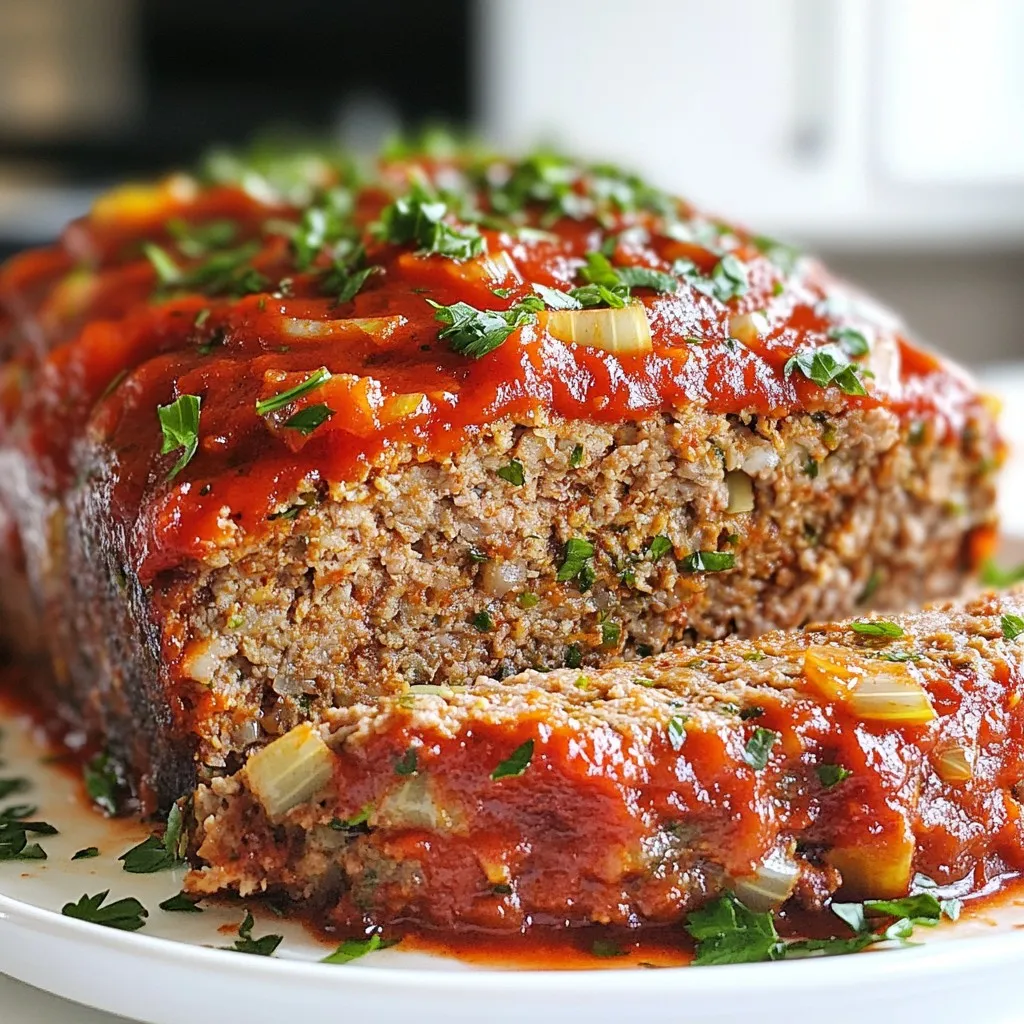 - 1 lb ground beef - 1/2 lb ground pork - 1 cup breadcrumbs - 1/2 cup grated Parmesan cheese You need both ground beef and pork. The mix gives the meatloaf a nice balance. Breadcrumbs help hold it together. The Parmesan cheese adds a rich, savory flavor. - 1/4 cup fresh parsley, chopped - 1/2 cup onion, finely chopped - 2 cloves garlic, minced - 1 tsp Italian seasoning Fresh parsley brings a pop of color. Onion adds sweetness, and garlic gives it depth. Italian seasoning ties all the flavors together. These ingredients make your meatloaf truly Italian. - 1/2 cup marinara sauce - 1 large egg - 1/2 cup milk - 1 tsp salt - 1/2 tsp black pepper Marinara sauce keeps the meatloaf moist. The egg helps bind everything. Milk makes it tender and rich. Salt and pepper enhance all the flavors in every bite. {{ingredient_image_1}} - First, preheat your oven to 350°F (175°C). This step is key for even cooking. - Next, grease a 9x5-inch loaf pan or line a baking sheet with parchment paper. This helps with easy removal later. - In a large bowl, add 1 lb of ground beef and 1/2 lb of ground pork. This mix gives great flavor and texture. - Then, add 1 cup of breadcrumbs, 1/2 cup of grated Parmesan cheese, and 1/4 cup of chopped fresh parsley. - Now, include 1/2 cup of finely chopped onion and 2 minced garlic cloves for depth. - Crack in 1 large egg and pour in 1/2 cup of milk. - Finally, sprinkle in 1 tsp of Italian seasoning, 1 tsp of salt, and 1/2 tsp of black pepper. - Mix everything together until well combined. You want a nice, even mix without overworking it. - Transfer the meat mixture into your greased loaf pan. If you prefer, shape it into a loaf on the baking sheet instead. - Spread 1/2 cup of marinara sauce over the top. This adds moisture and flavor as it bakes. - Place the meatloaf in the preheated oven and bake for about 1 hour. Check that the internal temperature reaches 160°F (70°C). - Once done, remove it from the oven and let it rest for 10 minutes. This helps the juices settle before slicing. To get the best texture in your meatloaf, breadcrumbs are key. They soak up moisture and help bind the meat. I use one cup of breadcrumbs for this recipe. Make sure to mix everything well. Use your hands to combine the meats, herbs, and breadcrumbs. This technique ensures that each bite has a balanced flavor. Herbs can really boost the taste of your meatloaf. Fresh parsley adds a nice touch, but feel free to add more herbs like basil or oregano. Different cheeses can also change the flavor. Try using mozzarella or provolone for a creamy texture. Just mix them into the meat for a delightful surprise. Always check the meatloaf's temperature. It should reach 160°F (70°C) for safety. Use a meat thermometer to ensure it's cooked through. Also, keep your meatloaf moist. Adding milk helps, but topping it with marinara sauce adds extra moisture. This step keeps your meatloaf juicy and full of flavor. Pro Tips Use Fresh Herbs: Fresh parsley adds a vibrant flavor to your meatloaf. If you can, use fresh herbs instead of dried for an enhanced taste. Let it Rest: Allowing the meatloaf to rest for 10 minutes after baking helps redistribute the juices, making it more flavorful and moist when sliced. Experiment with Meats: For a different flavor profile, consider mixing in ground turkey or chicken with the beef and pork for a leaner option. Enhance the Marinara: Stir in some sautéed vegetables or extra spices into your marinara sauce for a richer topping that complements the meatloaf beautifully. {{image_2}} You can change the meat in your meatloaf. Try using ground turkey or chicken instead of beef and pork. This swap makes the dish lighter and healthier. Ground turkey gives a nice flavor while keeping it juicy. You can also use gluten-free breadcrumbs if you need to avoid gluten. This keeps the dish friendly for gluten-free diets without losing taste. Want to try something new? You can make a Mediterranean version. Add chopped olives and feta cheese for that tasty twist. This gives a rich and tangy flavor. You can also spice it up! Add red pepper flakes for a spicy Italian meatloaf. This will bring a kick to your meal and make it exciting. If you want to save time, try a slow cooker version. Just mix all your ingredients and cook on low for about 6 hours. This method keeps the meat moist and tender. For a smoky flavor, grill your meatloaf instead. Shape it into a loaf and grill it over medium heat. This adds a nice char and depth of flavor that everyone will love. To store leftover meatloaf, first let it cool down. Wrap it tightly in plastic wrap or foil. You can also place it in an airtight container. This helps lock in moisture and keep it fresh. It’s best to slice the meatloaf before storing. This makes it easier to reheat later. For freezing, wrap the meatloaf tightly in plastic wrap and then foil. This double layer prevents freezer burn. You can also use a freezer-safe bag, removing as much air as possible. To thaw, place it in the fridge overnight. Reheat in the oven at 350°F (175°C) until warm. You can also microwave it, but the oven keeps it moist. In the fridge, meatloaf lasts about 3 to 4 days. In the freezer, it can last up to 3 months. Always check for any signs of spoilage before eating. If it looks or smells off, it’s safer to throw it away. Bake your meatloaf for one hour at 350°F (175°C). The meatloaf is done when it hits 160°F (70°C) inside. Use a meat thermometer for the best results. Let it rest for ten minutes before slicing. This step keeps it juicy and tasty. Yes, you can prepare meatloaf ahead of time. Just mix the ingredients and shape it. Cover it well and store it in the fridge for up to 24 hours. When you're ready, bake it as usual. If you freeze it, wrap it tightly. Thaw it in the fridge overnight before baking. Pair your meatloaf with pasta, garlic bread, or a fresh salad. Roasted vegetables also make a great side. For a twist, serve it with polenta or creamy mashed potatoes. These sides enhance the flavors of the meatloaf and create a full meal. This blog post covered everything you need to make a delicious Italian meatloaf. We explored the key ingredients, like ground beef and pork, along with tasty seasonings. I shared tips to create the perfect texture and variations to try, including cooking methods like grilling. Remember, storing leftovers properly can save you time later. By following these steps, you'll enjoy great meals that impress. Try new flavors and enjoy the cooking process. Happy cooking!