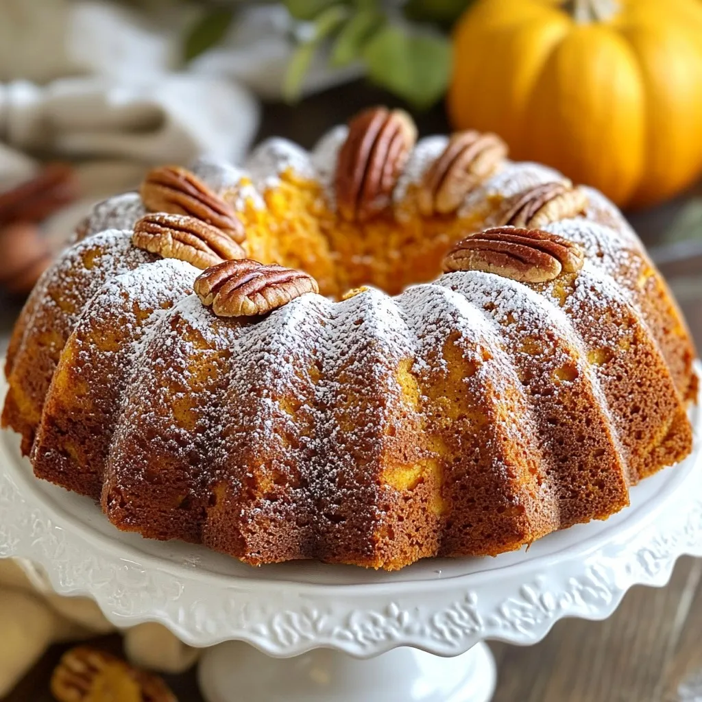 To make a delicious Moist Pumpkin Bundt Cake, you need a few key ingredients: - 1 ½ cups all-purpose flour - 1 tsp baking powder - 1 tsp baking soda - 1 tsp ground cinnamon - ½ tsp ground nutmeg - ½ tsp ground ginger - ¼ tsp ground cloves - ½ tsp salt - 1 cup granulated sugar - ½ cup brown sugar, packed - ½ cup vegetable oil - 1 cup pure pumpkin puree (canned or fresh) - 3 large eggs - 1 tsp vanilla extract - ½ cup buttermilk These ingredients create a soft, moist cake full of pumpkin flavor. The spices add warmth and depth, making it perfect for fall. You can easily swap out some ingredients if needed. Here are a few ideas: - Instead of all-purpose flour, you can use cake flour for a lighter texture. - If you don’t have buttermilk, mix ½ cup milk with 1 tsp lemon juice or vinegar. Let it sit for 5 minutes to thicken. - For a healthier oil option, use applesauce instead of vegetable oil. These substitutions keep the flavor while making the cake fit your needs. Want to add a twist to your cake? Consider these optional add-ins: - 1 cup chopped pecans or walnuts for a crunchy bite. - ½ cup raisins or chocolate chips for sweetness. These add-ins not only enhance the taste but also make your cake unique. Feel free to experiment and find your favorite combo! {{ingredient_image_1}} First, set your oven to 350°F (175°C). Take a 10-cup Bundt pan and grease it well. Use butter or cooking spray to coat the pan. Then, add a bit of flour to the pan. Shake it around to cover all surfaces. This step helps the cake come out smoothly after baking. Grab a medium bowl. Add 1 ½ cups of all-purpose flour, 1 teaspoon of baking powder, and 1 teaspoon of baking soda. Then, sprinkle in 1 teaspoon of ground cinnamon, ½ teaspoon of ground nutmeg, ½ teaspoon of ground ginger, and ¼ teaspoon of ground cloves. Don’t forget to include ½ teaspoon of salt. Whisk these dry ingredients well. This mix gives your cake its warm fall flavor. In a large mixing bowl, combine 1 cup of granulated sugar and ½ cup of packed brown sugar. Pour in ½ cup of vegetable oil and beat the mix on medium speed until smooth. Next, add in 1 cup of pumpkin puree, 3 large eggs, and 1 teaspoon of vanilla extract. Mix until everything is well combined. Now, it’s time to combine the dry and wet ingredients. Gradually add the dry mix to the wet mix. Alternate this with ½ cup of buttermilk. Blend just until combined—don’t overmix! If you want, fold in 1 cup of chopped pecans or walnuts and ½ cup of raisins or chocolate chips. Pour the finished batter into the prepared Bundt pan. Smooth the top with a spatula and bake it in the preheated oven for 45 to 50 minutes. To check if it's done, insert a toothpick in the center. If it comes out clean, your cake is ready! Let the cake cool in the pan for about 10 minutes. Then, invert it onto a wire rack to cool completely. You can dust it with powdered sugar or drizzle a glaze made from powdered sugar and milk for extra sweetness. To keep your pumpkin Bundt cake moist, use fresh pumpkin puree. Canned puree works too, but ensure it’s not too watery. Mixing in buttermilk adds richness. The oil in the recipe also helps maintain moisture. Avoid overbaking; check for doneness early. A toothpick should come out clean, but not dry. When mixing your cake batter, start with the sugars and oil. Mix them well to create a smooth base. Add the pumpkin, eggs, and vanilla next. Mix until just blended; overmixing can make your cake tough. Alternate adding the dry mix and buttermilk. This technique keeps the batter light and fluffy. After baking, let the cake cool in the pan for about 10 minutes. This step helps it firm up. Use a knife to gently loosen the edges. Then, flip the pan upside down on a wire rack. Give it a gentle tap to release the cake. Allow the cake to cool completely before serving. This helps it set and enhances the flavors. Pro Tips Use Fresh Pumpkin: For the best flavor, consider using fresh pumpkin puree made from roasted pumpkin instead of canned. It adds a richer taste. Don't Overmix: Mix the batter just until combined to ensure a tender cake. Overmixing can lead to a dense texture. Check for Doneness: Ovens can vary, so start checking for doneness a few minutes before the recommended baking time to prevent overbaking. Storage Tips: Store leftover cake in an airtight container at room temperature for up to three days, or refrigerate for longer freshness. {{image_2}} You can make this pumpkin bundt cake even better by adding new flavors. Try adding a pinch of allspice or cardamom for a warm twist. You can also use a splash of almond or orange extract. These flavors blend well with pumpkin and spice. You will create a unique cake that is perfect for fall. If you want to cut down on sugar, there are great options. You can use honey or maple syrup instead. These natural sweeteners add a nice flavor. Just remember to reduce the liquid in your recipe slightly if you use these. Another option is coconut sugar, which has a lower glycemic index. This makes the cake a bit more health-friendly while still being sweet. You can easily make this cake gluten-free. Use a gluten-free flour blend instead of all-purpose flour. Many blends work well in baking. Just make sure it has xanthan gum for better texture. This will help the cake rise and stay moist. You won’t miss the regular flour at all! After you enjoy your Moist Pumpkin Bundt Cake, you may have some left. To store it, place the cake in an airtight container. You can keep it at room temperature for up to three days. If you want to store it longer, refrigerate it. This will help keep the cake fresh and moist. Just be sure to wrap it tightly in plastic wrap before placing it in the fridge. If you want to save your cake for later, freezing is a great option. First, let the cake cool completely. Then, slice it into pieces. Wrap each slice in plastic wrap, then place them in a freezer bag. You can freeze it for up to three months. When you're ready to enjoy a slice, just take it out and let it thaw at room temperature. You can also warm it in the microwave for a few seconds if you prefer. To keep your Bundt cake fresh, avoid cutting into it until you're ready to serve. Once cut, store the cake in an airtight container. If you notice any dryness, you can brush the slices with a bit of simple syrup. This will add moisture back into the cake. Always check for any signs of spoilage before consuming. Enjoy your delicious treat with confidence! Yes, you can use fresh pumpkin. First, cook a small pumpkin. Cut it in half and remove the seeds. Roast the halves in the oven until soft. Then, scoop out the flesh and mash it until smooth. You need one cup of pumpkin puree for this cake. Fresh pumpkin adds a nice flavor, but canned is easier. Check the cake with a toothpick. Insert it into the center of the cake. If it comes out clean, the cake is done. You should also look for a golden-brown color on the top. The cake will spring back when you touch it lightly. These signs help ensure your cake is perfectly baked. Pumpkin bundt cake pairs well with many treats. Serve it with whipped cream for a classic touch. You can also add a scoop of vanilla ice cream for extra sweetness. A drizzle of caramel sauce adds a lovely flavor too. Consider garnishing with toasted nuts for crunch. Enjoy with a cup of coffee or tea! You now have all the info needed to bake a perfect pumpkin bundt cake. We covered key ingredients, helpful tips, and creative variations to suit your needs. Remember, keep your cake moist with the right techniques and store leftovers so they stay fresh. You can adapt the recipe to fit your taste and dietary needs. Now, it’s time to enjoy your delicious creation with friends or family. Happy baking!
