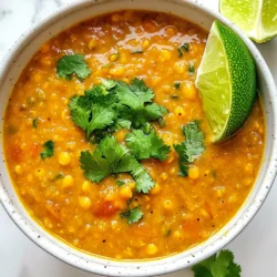 - 1 cup red lentils, rinsed - 1 tablespoon coconut oil - 1 medium onion, diced - 2 cloves garlic, minced - 1 tablespoon fresh ginger, minced - 1 tablespoon curry powder - 1 teaspoon ground turmeric - Salt and pepper to taste - 1 can (14 oz) coconut milk - 4 cups vegetable broth - 1 medium carrot, diced - 1 cup frozen peas - Fresh cilantro, for garnish - Juice of 1 lime To make this soup, gather your ingredients first. The main stars are red lentils, onion, and coconut milk. The spices bring warmth and flavor. Curry powder and turmeric give a nice kick. Salt and pepper balance everything out. The carrot adds texture, and peas bring sweetness. Finally, fresh cilantro and lime juice brighten the dish. With these ingredients, you can create a delicious, healthy meal in just twenty minutes. {{ingredient_image_1}} - Heat 1 tablespoon of coconut oil in a large pot over medium heat. - Once the oil melts, add 1 medium diced onion and sauté for 2-3 minutes until soft. - Next, stir in 2 minced garlic cloves and 1 tablespoon of minced ginger. Cook for 1 more minute. - Now, add 1 tablespoon of curry powder and 1 teaspoon of ground turmeric. - Stir well to coat the onions and let the spices cook for another minute. This step brings out the deep flavors. - Incorporate 1 cup of rinsed red lentils, 1 diced medium carrot, 1 can of coconut milk, and 4 cups of vegetable broth. - Stir everything together until well mixed. Increase the heat to bring the soup to a gentle boil. - Once boiling, reduce the heat to low, cover the pot, and let it simmer for 15 minutes or until the lentils are tender. - After 15 minutes, add 1 cup of frozen peas and stir to combine. - Season with salt and pepper to taste. Let it cook for another 2-3 minutes. - Remove the pot from heat and add the juice of 1 lime. Stir well to combine all the flavors. Serve hot, garnished with fresh cilantro. - Use fresh ingredients for best flavor. Fresh veggies and herbs make a big difference. - Adjust spice levels according to your taste. If you love heat, add more curry powder or chili. - Garnish with cilantro and lime wedges. This adds color and a fresh taste. - Pair with bread or rice for a complete meal. A slice of crusty bread soaks up the soup perfectly. - A heavy-bottomed pot works best for even cooking. This helps prevent burning and sticking. - Use a sharp knife for prep. It makes chopping quick and easy. A ladle is great for serving the soup. Pro Tips Store lentils properly: Keep your red lentils in an airtight container in a cool, dark place to preserve their freshness. Customize your spices: Feel free to adjust the curry powder and turmeric to match your spice preference; adding a pinch of cayenne can give it an extra kick. Enhance the flavor: For more depth, consider adding a splash of soy sauce or tamari to the soup just before serving. Make it a meal: Serve the soup over cooked rice or quinoa for a heartier dish that’s filling and nutritious. {{image_2}} You can swap the red lentils for other legumes. Try chickpeas or black beans for a twist. If you want grains, use quinoa or brown rice instead. They cook well with the flavors of the soup. For coconut milk, you can use almond milk or soy milk. These alternatives work great for different diets. Just remember, they may change the soup's taste a bit. Add fresh herbs like cilantro or basil for extra freshness. These herbs boost the flavor and make it look nice too. You can also sprinkle in more spices. Consider cumin or paprika for a different kick. Want to add more veggies? Try bell peppers, spinach, or sweet potatoes. They will add color and nutrition to your soup. To make this soup creamier, blend a portion of it. Use an immersion blender for a smooth texture. You can also add more coconut milk for richness. If you prefer a thicker soup, add mashed potatoes or a spoonful of flour. This will give it a hearty feel. Adjust the broth to get your desired consistency. If the soup is too thick, add more broth little by little. If it's too thin, simmer it longer to let it reduce. To store leftovers, let the soup cool. Use an airtight container. I recommend glass containers for easy reheating. Always label your container with the date. This way, you’ll know when to eat it. For freezing, pour the cooled soup into freezer-safe bags. Remove as much air as possible before sealing. This helps prevent freezer burn. You can freeze the soup for up to three months. To defrost, place it in the fridge overnight or use the microwave. When reheating, I suggest using a pot on the stove. Heat it on medium-low to avoid burning. Stir often to keep it from sticking. If the soup seems thick, add a splash of vegetable broth. This will help maintain the flavor and texture. You can also use the microwave. Heat in short bursts, stirring in between. Yes, you can make this soup ahead of time. It stores well in the fridge. To store, let it cool first. Then, put it in an airtight container. You can keep it for up to five days. When you are ready to eat, just reheat it on the stove or in the microwave. Stir well and check the temperature. If it is too thick, add a splash of water or broth. Absolutely! This soup is gluten-free. It uses lentils and vegetables, which are all gluten-free. Always check labels on broth or any added ingredients. Some brands may add gluten. Most vegetable broths are gluten-free, but it is best to confirm. This soup lasts about five days in the fridge. Make sure to store it in an airtight container. Check for signs of spoilage. If it smells off or has a strange color, it’s best to toss it. Before eating, always reheat it until it is hot. Yes, you can add protein to this soup. Tofu is a great choice. You can use firm or extra-firm tofu. Cut it into cubes and add it when you add the peas. Chickpeas also work well. Drain and rinse them before adding. If you want more options, try adding cooked quinoa or lentils. They blend perfectly with the flavors. This blog post covered a delightful lentil soup recipe using simple, wholesome ingredients. We explored each step, from preparing the base to adding flavors and final touches. You can adjust spices and serve it with bread or rice. Remember, fresh ingredients enhance taste. You can also experiment with substitutions and variations. Whether storing leftovers or making changes, this recipe fits your needs. Enjoy cooking this healthy meal that is both tasty and filling!