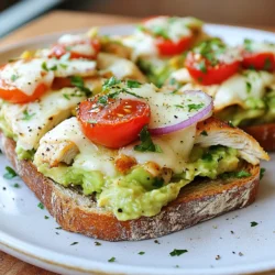 - 2 boneless, skinless chicken breasts - 1 ripe avocado, mashed - 1 cup shredded mozzarella cheese - 1/2 cup cherry tomatoes, halved - 1/4 cup red onion, finely chopped - 2 tablespoons olive oil - 1 tablespoon lime juice - 1 teaspoon garlic powder - Salt and pepper to taste - 4 slices of whole grain or sourdough bread The star of this dish is the chicken. It brings protein and flavor. Always choose fresh, plump chicken breasts for the best taste. The avocado adds creaminess and healthy fats. Use a ripe avocado for that smooth texture. The cheese melts beautifully, creating a rich layer. I prefer mozzarella for its stretchiness. Cherry tomatoes add a sweet burst in every bite. They balance the dish perfectly. Red onion gives a mild crunch and sharpness, enhancing the flavors. When buying chicken, look for bright pink color. Avoid any chicken that has a gray tint. For avocados, gently squeeze them. They should feel slightly soft but not mushy. Check the skin for dark spots. For tomatoes, choose firm ones with vibrant color. Fresh herbs can elevate this dish. If you can, buy local and in-season. Quality ingredients make your meal taste better. {{ingredient_image_1}} First, preheat your oven to 375°F (190°C). This step is key for crispiness. While the oven heats, season your chicken breasts. Brush them with olive oil and sprinkle with garlic powder, salt, and pepper. Heat a skillet over medium heat. Cook the chicken for 5-6 minutes on each side. Look for a golden brown color. Once cooked, take the chicken out and rest it for a few minutes. This helps keep it juicy. After resting, slice the chicken into strips. Next, grab a baking sheet. Lay out your slices of bread on it. Now, it’s time to build your melts. Start by adding a handful of chicken strips on each slice. Then, take your mixing bowl with the avocado mixture. Spoon it generously over the chicken. Make sure to cover it well! Finally, sprinkle the shredded mozzarella cheese on top. This will melt beautifully in the oven. Bake everything for 10-12 minutes. You want the cheese to be melted and bubbly. After baking, carefully remove the melts from the oven. Let them cool for a minute. This waiting time makes them easier to handle. Slice each melt in half to show off the layers. For a fun touch, serve them on a wooden platter. You can add fresh cilantro or parsley for garnish. Don’t forget some lime wedges on the side for extra zing! Enjoy your Chicken Avocado Melts, packed with flavor and comfort. To cook the chicken just right, start with good seasoning. Use olive oil, garlic powder, salt, and pepper. This mix adds great flavor. Cook the chicken on medium heat for about 5-6 minutes on each side. Check for a golden brown color. Let the chicken rest before slicing. This keeps it juicy and tender. For the avocado mix, mash the ripe avocado well. Add lime juice to keep it fresh. Mix in finely chopped red onion and halved cherry tomatoes. This adds color and taste. Adjust salt and pepper to your liking. If you want a kick, add a pinch of chili flakes. This makes the dish more exciting. To get the cheese melt just right, use shredded mozzarella. Spread it evenly over the avocado. This way, every bite gets cheese. Bake at 375°F (190°C) for 10-12 minutes. Keep an eye on it! The cheese should be bubbly and slightly golden. Let it cool for a minute before serving. This helps the cheese set and makes it easier to handle. Pro Tips Use Fresh Ingredients: Ensure your avocados and tomatoes are ripe for the best flavor and texture in your melt. Experiment with Cheeses: While mozzarella is great, try adding a layer of cheddar or pepper jack for a spicy kick. Customize the Toppings: Feel free to add some sliced jalapeños or spinach to the avocado mixture for an extra flavor boost. Perfect Toasting: For an extra crunchy texture, toast the bread lightly before adding the toppings and baking. {{image_2}} You can change this dish with many fun ingredients. Try using grilled chicken instead of pan-fried. You can also swap the mozzarella for pepper jack cheese. This adds a nice kick! If you want a creamy texture, add Greek yogurt to the avocado mix. You can also mix in some cooked bacon for added flavor. While whole grain and sourdough bread work great, feel free to explore. Ciabatta or French bread brings a crusty bite. If you want something lighter, use pita bread or wraps. For a gluten-free option, try almond flour bread. Each choice changes the dish's texture and taste. Don’t hesitate to enhance your Chicken Avocado Melt with fresh herbs. Cilantro or basil adds a fresh taste. You can also drizzle hot sauce for some heat. A sprinkle of smoked paprika gives depth. For a zesty touch, add a squeeze of lime juice before serving. Each addition creates a unique flavor profile! To keep your Chicken Avocado Melts fresh, store leftovers in an airtight container. Make sure to cool them down first. Place them in the fridge if you plan to eat them within three days. If you want to save them longer, consider freezing. When you're ready to enjoy your leftovers, you have a few options. Use an oven to reheat for the best taste. Preheat it to 350°F (175°C). Place the melts on a baking sheet. Heat for about 10-15 minutes until warm. You can also use a microwave, but the bread may get soggy. Heat for 1-2 minutes, checking often. If you want to freeze your Chicken Avocado Melts, wrap each one in plastic wrap. Then, place them in a freezer-safe bag or container. They can stay in the freezer for up to three months. When you're ready to eat, thaw in the fridge overnight. Reheat as mentioned before for the best results. Enjoy your tasty melts anytime! Yes, you can make Chicken Avocado Melts ahead of time. Cook the chicken and prepare the avocado mix. Store them in separate containers in the fridge. When you’re ready to eat, assemble the melts and bake them. This saves time and still tastes great. To check if chicken is fully cooked, use a meat thermometer. The internal temperature should reach 165°F (74°C). If you don’t have a thermometer, cut into the thickest part. The meat should be white, with no pink inside. Juices should run clear. You can serve many things with Chicken Avocado Melts. A fresh side salad pairs well. You might also enjoy some sweet potato fries for a crunchy side. Another option is a bowl of soup. These choices add flavor and balance to your meal. In this article, I shared the best ways to make Chicken Avocado Melts. We covered key ingredients, cooking steps, and helpful tips to perfect your dish. I also discussed delicious variations and storage methods for your leftovers. Remember, using fresh ingredients makes a big difference. Keep experimenting and enjoy your tasty creations. With practice, you'll master these melts and impress everyone at your table. Happy cooking!