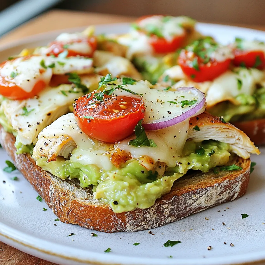 - 2 boneless, skinless chicken breasts - 1 ripe avocado, mashed - 1 cup shredded mozzarella cheese - 1/2 cup cherry tomatoes, halved - 1/4 cup red onion, finely chopped - 2 tablespoons olive oil - 1 tablespoon lime juice - 1 teaspoon garlic powder - Salt and pepper to taste - 4 slices of whole grain or sourdough bread The star of this dish is the chicken. It brings protein and flavor. Always choose fresh, plump chicken breasts for the best taste. The avocado adds creaminess and healthy fats. Use a ripe avocado for that smooth texture. The cheese melts beautifully, creating a rich layer. I prefer mozzarella for its stretchiness. Cherry tomatoes add a sweet burst in every bite. They balance the dish perfectly. Red onion gives a mild crunch and sharpness, enhancing the flavors. When buying chicken, look for bright pink color. Avoid any chicken that has a gray tint. For avocados, gently squeeze them. They should feel slightly soft but not mushy. Check the skin for dark spots. For tomatoes, choose firm ones with vibrant color. Fresh herbs can elevate this dish. If you can, buy local and in-season. Quality ingredients make your meal taste better. {{ingredient_image_1}} First, preheat your oven to 375°F (190°C). This step is key for crispiness. While the oven heats, season your chicken breasts. Brush them with olive oil and sprinkle with garlic powder, salt, and pepper. Heat a skillet over medium heat. Cook the chicken for 5-6 minutes on each side. Look for a golden brown color. Once cooked, take the chicken out and rest it for a few minutes. This helps keep it juicy. After resting, slice the chicken into strips. Next, grab a baking sheet. Lay out your slices of bread on it. Now, it’s time to build your melts. Start by adding a handful of chicken strips on each slice. Then, take your mixing bowl with the avocado mixture. Spoon it generously over the chicken. Make sure to cover it well! Finally, sprinkle the shredded mozzarella cheese on top. This will melt beautifully in the oven. Bake everything for 10-12 minutes. You want the cheese to be melted and bubbly. After baking, carefully remove the melts from the oven. Let them cool for a minute. This waiting time makes them easier to handle. Slice each melt in half to show off the layers. For a fun touch, serve them on a wooden platter. You can add fresh cilantro or parsley for garnish. Don’t forget some lime wedges on the side for extra zing! Enjoy your Chicken Avocado Melts, packed with flavor and comfort. To cook the chicken just right, start with good seasoning. Use olive oil, garlic powder, salt, and pepper. This mix adds great flavor. Cook the chicken on medium heat for about 5-6 minutes on each side. Check for a golden brown color. Let the chicken rest before slicing. This keeps it juicy and tender. For the avocado mix, mash the ripe avocado well. Add lime juice to keep it fresh. Mix in finely chopped red onion and halved cherry tomatoes. This adds color and taste. Adjust salt and pepper to your liking. If you want a kick, add a pinch of chili flakes. This makes the dish more exciting. To get the cheese melt just right, use shredded mozzarella. Spread it evenly over the avocado. This way, every bite gets cheese. Bake at 375°F (190°C) for 10-12 minutes. Keep an eye on it! The cheese should be bubbly and slightly golden. Let it cool for a minute before serving. This helps the cheese set and makes it easier to handle. Pro Tips Use Fresh Ingredients: Ensure your avocados and tomatoes are ripe for the best flavor and texture in your melt. Experiment with Cheeses: While mozzarella is great, try adding a layer of cheddar or pepper jack for a spicy kick. Customize the Toppings: Feel free to add some sliced jalapeños or spinach to the avocado mixture for an extra flavor boost. Perfect Toasting: For an extra crunchy texture, toast the bread lightly before adding the toppings and baking. {{image_2}} You can change this dish with many fun ingredients. Try using grilled chicken instead of pan-fried. You can also swap the mozzarella for pepper jack cheese. This adds a nice kick! If you want a creamy texture, add Greek yogurt to the avocado mix. You can also mix in some cooked bacon for added flavor. While whole grain and sourdough bread work great, feel free to explore. Ciabatta or French bread brings a crusty bite. If you want something lighter, use pita bread or wraps. For a gluten-free option, try almond flour bread. Each choice changes the dish's texture and taste. Don’t hesitate to enhance your Chicken Avocado Melt with fresh herbs. Cilantro or basil adds a fresh taste. You can also drizzle hot sauce for some heat. A sprinkle of smoked paprika gives depth. For a zesty touch, add a squeeze of lime juice before serving. Each addition creates a unique flavor profile! To keep your Chicken Avocado Melts fresh, store leftovers in an airtight container. Make sure to cool them down first. Place them in the fridge if you plan to eat them within three days. If you want to save them longer, consider freezing. When you're ready to enjoy your leftovers, you have a few options. Use an oven to reheat for the best taste. Preheat it to 350°F (175°C). Place the melts on a baking sheet. Heat for about 10-15 minutes until warm. You can also use a microwave, but the bread may get soggy. Heat for 1-2 minutes, checking often. If you want to freeze your Chicken Avocado Melts, wrap each one in plastic wrap. Then, place them in a freezer-safe bag or container. They can stay in the freezer for up to three months. When you're ready to eat, thaw in the fridge overnight. Reheat as mentioned before for the best results. Enjoy your tasty melts anytime! Yes, you can make Chicken Avocado Melts ahead of time. Cook the chicken and prepare the avocado mix. Store them in separate containers in the fridge. When you’re ready to eat, assemble the melts and bake them. This saves time and still tastes great. To check if chicken is fully cooked, use a meat thermometer. The internal temperature should reach 165°F (74°C). If you don’t have a thermometer, cut into the thickest part. The meat should be white, with no pink inside. Juices should run clear. You can serve many things with Chicken Avocado Melts. A fresh side salad pairs well. You might also enjoy some sweet potato fries for a crunchy side. Another option is a bowl of soup. These choices add flavor and balance to your meal. In this article, I shared the best ways to make Chicken Avocado Melts. We covered key ingredients, cooking steps, and helpful tips to perfect your dish. I also discussed delicious variations and storage methods for your leftovers. Remember, using fresh ingredients makes a big difference. Keep experimenting and enjoy your tasty creations. With practice, you'll master these melts and impress everyone at your table. Happy cooking!
