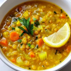 - 1 cup green or brown lentils, rinsed - 1 medium onion, diced - 2 cloves garlic, minced - 1 inch ginger, grated - 1 large carrot, diced - 1 celery stalk, diced - 1 teaspoon ground turmeric - 1 teaspoon cumin - 1/2 teaspoon smoked paprika - 6 cups vegetable broth - Juice of 1 lemon - 2 tablespoons olive oil - Salt and pepper to taste - Fresh parsley or cilantro for garnish In this soup, I love using lentils. They provide protein and fiber. I often choose green or brown lentils. They hold their shape well and add a nice texture. The onion and garlic give a great base flavor. Adding ginger gives a warm, spicy note. The carrot and celery add sweetness and crunch. Turmeric is the star here. It gives a vibrant yellow color and great health perks. Cumin and smoked paprika add depth and warmth. The lemon juice brightens the soup and balances the flavors. - Fresh parsley or cilantro - Additional lemon wedges - Croutons for crunch For garnishes, I suggest fresh herbs like parsley or cilantro. They add color and freshness. You might also want to squeeze extra lemon on top. Croutons can add a fun crunch. They make the soup more exciting. When picking vegetables, look for bright colors and firm textures. For onions, choose ones that feel heavy for their size. Garlicky cloves should be plump and dry. Fresh ginger should be smooth and firm, with no wrinkles. For lentils, check the packaging for freshness. They should be whole and dry, without any signs of mold or pests. Fresh broth can also enhance flavor, so choose a good-quality vegetable broth to make this soup shine. {{ingredient_image_1}} Start by gathering all your ingredients. You need 1 cup of lentils, an onion, garlic, ginger, a carrot, and a celery stalk. Rinse the lentils well and set them aside. Dice the onion and carrot, and chop the celery. Mince the garlic and grate the ginger. This prep helps the soup cook evenly and quickly. In a large pot, heat 2 tablespoons of olive oil over medium heat. Add the diced onion and sauté for about 5 minutes. You want the onion to turn soft and clear. Next, toss in the minced garlic and grated ginger. Cook for another minute until you smell their strong scent. Then, stir in the diced carrot and celery. Sauté for 4 to 5 minutes until they soften. Now, sprinkle in 1 teaspoon of ground turmeric, 1 teaspoon of cumin, and 1/2 teaspoon of smoked paprika. Mix well so the spices coat the vegetables. Pour in the rinsed lentils and 6 cups of vegetable broth. Bring this to a boil. Once it boils, lower the heat to simmer. Cover the pot and let it cook for 25 to 30 minutes. Check if the lentils are tender. If they are, stir in the juice of 1 lemon. Add salt and pepper to taste. If the soup looks too thick, add more broth or water. To serve, ladle the soup into bowls. Garnish with freshly chopped parsley or cilantro for extra flavor. This soup is warm and colorful, making it perfect for any meal. You can enjoy it with crusty bread or a simple salad. To make your soup burst with flavor, try adding fresh herbs. Parsley or cilantro adds a bright touch. You can also squeeze in more lemon juice. This will enhance its freshness. Adding a splash of soy sauce or tamari can deepen the flavor. Consider using toasted spices instead of ground ones. Toasting spices brings out their natural oils and aromas. One common mistake is not rinsing the lentils. Rinsing removes dust and stones. Another mistake is adding too much salt early on. Salt can toughen lentils if added too soon. Be careful not to overcook the soup. This can turn the lentils mushy. Always taste as you go. This helps you adjust the seasoning just right. Lentils cook best with enough liquid. Use at least three cups of broth per cup of lentils. Simmer them gently rather than boiling hard. This helps them cook evenly. Keep an eye on the time. Most lentils take 20 to 30 minutes to become tender. If they look too thick, add more broth or water. Stir them occasionally to prevent sticking. Pro Tips Fresh Ingredients: Always use fresh vegetables and herbs for the best flavor in your soup. Fresh ingredients enhance the overall taste and nutritional value. Adjusting Consistency: If the soup is too thick, gradually add more vegetable broth or water until you reach your desired consistency. This can help balance the flavors without compromising the dish. Spice Variations: Feel free to experiment with different spices like coriander or curry powder to customize the flavor profile to your liking. Each spice adds its unique twist to the soup. Serve with Grains: For a heartier meal, consider serving the soup over cooked quinoa or brown rice. This adds texture and additional nutrients, making it more filling. {{image_2}} You can easily change this soup to fit your diet. If you need gluten-free options, check your broth. Most vegetable broths are gluten-free. You can also swap the olive oil for coconut oil if you want a different taste. If you don't have lentils, try beans or chickpeas. They add a nice texture and taste. For extra protein, add tofu or tempeh. Tofu is soft and takes on flavors well. Cut it into small cubes and add it in the last 10 minutes of cooking. Tempeh has a nutty flavor. You can sauté it first in olive oil for added crunch. Add it to the pot when you add the lentils. If you like spice, add chili or cayenne pepper. Start with a small amount, like 1/4 teaspoon. You can always add more later. Mix it in when you add the spices. This gives the soup a warm, spicy flavor. It’s a fun way to change the taste and make it your own. To store your leftover soup, let it cool first. Pour it into an airtight container. Make sure it is sealed tight. Place it in the fridge. This soup stays good for about 4 to 5 days. If you want it to last longer, freezing is a great option. When you reheat your soup, do it on low heat. This keeps the flavors fresh. Stir it often to avoid burning. You can add a splash of water or broth if it seems thick. Heat until it is warm, but don’t boil it. This helps keep the taste bright and zesty. You can freeze the soup for up to 3 months. Use freezer-safe containers or bags. Make sure to leave some space for the soup to expand. When you’re ready to eat, thaw it overnight in the fridge. Then, reheat it on the stove for the best flavor. Turmeric is a bright yellow spice. It has many health benefits. It helps reduce inflammation. It may also boost your immune system. Turmeric can support joint health too. The main active compound, curcumin, has antioxidant properties. This spice can help with digestion and may improve brain health. Adding turmeric to your diet is a smart choice. Yes, you can use different lentils! Green or brown lentils work best in this soup. They hold their shape and add texture. Red lentils cook faster and become soft. They will make the soup creamier. Black lentils can add a nice pop of color. Feel free to experiment with your favorite lentils! To make the soup creamier, try adding coconut milk. It will give a rich, smooth texture. You can also blend a portion of the soup. Use an immersion blender for a quick option. Adding more veggies like potatoes can help too. Lastly, a dollop of cashew cream is a great choice for creaminess! This blog post covered how to make Vegan Lemon Turmeric Lentil Soup. We explored ingredients, cooking steps, and tips to make the soup perfect. You learned about garnishes, selecting fresh items, and enhancing flavors. I shared variations like adding proteins or spices. Lastly, we discussed storage tips to keep your soup fresh. Enjoy making this easy, tasty soup that is good for you and fun to share. Happy cooking!