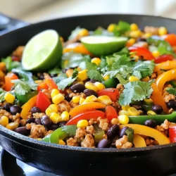 - 1 pound ground turkey - 1 red bell pepper, diced - 1 green bell pepper, diced - 1 yellow onion, chopped - 3 cloves garlic, minced - 1 teaspoon smoked paprika - 1 teaspoon cumin - ½ teaspoon chili powder - Salt and pepper to taste - 2 tablespoons olive oil - 1 can (15 oz) black beans, drained and rinsed - 1 cup corn kernels (fresh or frozen) - 1 lime, juiced - Fresh cilantro, for garnish Ground turkey is the star of this dish. It offers a lean protein that cooks quickly and absorbs flavors well. The bell peppers add vibrant colors and a sweet crunch. Onions and garlic create a savory base, enriching the overall taste. Spices like smoked paprika, cumin, and chili powder bring warmth and depth. Black beans and corn add texture and nutrients, making the meal hearty. For the best flavor, choose fresh vegetables. Look for firm bell peppers and a crisp onion. Fresh garlic cloves add more punch than pre-minced options. Use high-quality ground turkey, preferably lean, for a healthy dish. Look for organic or non-GMO black beans if possible. Fresh lime juice is better than bottled for brightness. Always check expiration dates on canned goods for the best quality. {{ingredient_image_1}} Start by gathering your ingredients. You will need: - 1 pound ground turkey - 1 red bell pepper, diced - 1 green bell pepper, diced - 1 yellow onion, chopped - 3 cloves garlic, minced - 1 teaspoon smoked paprika - 1 teaspoon cumin - ½ teaspoon chili powder - Salt and pepper to taste - 2 tablespoons olive oil - 1 can (15 oz) black beans, drained and rinsed - 1 cup corn kernels (fresh or frozen) - 1 lime, juiced - Fresh cilantro, for garnish Chop the onion, garlic, and peppers. Make sure to rinse the beans. This step helps to prep your dish for quick cooking. Heat olive oil in a large skillet over medium heat. Once hot, add the chopped onion. Sauté for about 3 minutes until it is soft and translucent. Next, stir in the minced garlic. Cook it for another minute until you smell the aroma. Add the ground turkey to the skillet. Break it apart with a spoon and cook for 5-7 minutes. It should be browned and no longer pink. Season the turkey with smoked paprika, cumin, chili powder, salt, and pepper. Stir well to ensure the flavors mix nicely. Now, toss in the diced red and green bell peppers. Sauté these for 4-5 minutes until they are tender. After that, mix in the black beans and corn. Cook for another 3-4 minutes until everything is heated through. Finally, squeeze the lime juice over the mixture and stir. Taste your dish and adjust the seasoning if needed. Remove the skillet from heat. Garnish your meal with fresh cilantro. This adds a pop of color and flavor. Serve the turkey and pepper skillet hot. It pairs well with rice or tortillas. You can also enjoy it on its own for a lighter meal. This dish is not only tasty but also quick to make on busy weeknights. To get the best texture, start with a hot skillet. This helps the turkey brown nicely. When you add the onion, cook it until it's soft. This step builds a great base. Make sure to break up the turkey well as it cooks. This prevents clumps and lets the meat brown evenly. When you add the peppers, don’t rush it. Give them time to get tender. This will bring out their sweet taste. To boost flavor, use fresh herbs. I love adding cilantro right before serving. It gives a fresh taste that brightens the dish. Don’t skip the lime juice. It adds a nice zing that makes everything pop. If you like heat, try adding diced jalapeños. You can also mix in some hot sauce for an extra kick. For a smoky flavor, use smoked paprika. It adds depth without being too spicy. One common mistake is overcooking the turkey. This can make it dry. Cook it just until it’s no longer pink. Another mistake is not seasoning enough. Taste as you go! Adjust the salt and pepper to your liking. Avoid adding too many ingredients at once. This can lower the heat in your pan, making it hard to brown the meat. Lastly, don’t forget to let the dish rest for a minute before serving. This lets the flavors meld together. Pro Tips Use Lean Turkey: Opt for 93% lean ground turkey for a healthier dish with less fat while still being flavorful. Add More Veggies: Feel free to incorporate additional vegetables like zucchini or spinach for extra nutrients and color. Spice it Up: Adjust the amount of chili powder to your taste; add a pinch of cayenne pepper for an extra kick! Serve with Toppings: Consider serving with toppings like avocado, sour cream, or shredded cheese for added creaminess and flavor. {{image_2}} You can swap ground turkey for other proteins. Ground chicken works well. It has a similar taste and texture. You can also use lean ground beef. This gives a heartier flavor. If you want something different, try ground pork. For a spicy kick, chorizo adds great taste. Just adjust the spices to match the protein you use. If you want a meatless dish, there are many options. Use plant-based ground meat as a substitute. This keeps the texture but adds no meat. You can also use lentils for extra fiber. Cooked quinoa is another great choice. It brings a nice nutty flavor. Simply replace the turkey with your chosen option and follow the same steps. You can easily change some ingredients if needed. Bell peppers can be swapped for zucchini or mushrooms. Both add nice flavor and texture. If you don’t have black beans, kidney beans work too. You can even use chickpeas for a twist. Fresh cilantro can be replaced with parsley for a different taste. Just keep the core spices like paprika and cumin for that bold flavor. After enjoying your Turkey and Pepper Skillet, store the leftovers right away. Let the dish cool to room temperature first. Then, transfer it to an airtight container. This keeps the meal fresh for up to three days in the fridge. Label the container with the date so you know when to use it. If you want to save some for later, freezing works well. Portion the skillet into smaller containers. Make sure to leave some space at the top, as the food will expand when it freezes. You can freeze it for up to three months. When ready to eat, just thaw it overnight in the fridge. Reheat your Turkey and Pepper Skillet on the stove for the best results. Use low to medium heat and stir often to avoid burning. If it seems dry, add a splash of water or broth. You can also use a microwave. Place it in a microwave-safe dish, cover it, and heat in short bursts. Stir in between until it’s hot all the way through. Enjoy your meal again! To add some heat, use more chili powder. You can also add a diced jalapeño. If you want even more spice, try a splash of hot sauce. Another option is to sprinkle in some red pepper flakes. Taste as you go to make sure it’s just right for you. Yes, ground chicken works well in this dish. It has a similar texture and flavor. Just cook it the same way as the turkey. You may want to adjust the spices slightly, as chicken can be milder. This swap keeps the meal light and healthy. Turkey and Pepper Skillet pairs nicely with rice or quinoa. You can also serve it with warm tortillas for a fun twist. A fresh salad on the side adds crunch and color. For a heartier meal, consider adding some avocado or guacamole. This blog post covered the key ingredients, step-by-step cooking, and tips for making Turkey and Pepper Skillet. You learned about choosing quality ingredients and enhancing flavors. We explored protein options, storage methods, and common mistakes to avoid. Remember, the right ingredients and techniques lead to a great dish. Use this guide to create tasty meals that impress. Happy cooking!