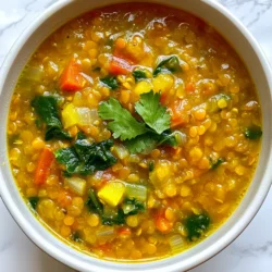 - 1 cup red lentils, rinsed - 2 tablespoons olive oil - 1 medium onion, chopped - 2 carrots, diced - 2 celery stalks, diced - 3 cloves garlic, minced - 1 can (14 oz) diced tomatoes - 4 cups vegetable broth - 1 cup spinach, chopped - Salt and pepper to taste Red lentils are the heart of this soup. They cook fast and add protein. Olive oil gives a rich flavor and helps cook the veggies. You can use onion, carrots, and celery for a tasty base. Garlic adds depth to each spoonful, making it more aromatic. Diced tomatoes bring sweetness and acidity, balancing the flavors. Vegetable broth makes the soup hearty and full of nutrients. Lastly, spinach adds a fresh touch and vibrant color. - 1 teaspoon ground cumin - 1 teaspoon ground coriander - 1/2 teaspoon smoked paprika For seasoning, I love using ground cumin and coriander. They give warmth and complexity to the soup. Smoked paprika adds a hint of smokiness, making each bite exciting. Together, these flavors create a comforting and rich taste that makes this soup special. - Fresh cilantro or parsley - Olive oil drizzle Garnishes can take your soup to the next level. Fresh cilantro or parsley adds a pop of color and freshness. A drizzle of olive oil right before serving enhances the flavor profile. These small touches make the soup look beautiful and appetizing. {{ingredient_image_1}} Start by heating 2 tablespoons of olive oil in a large pot over medium heat. Once the oil is hot, add one chopped onion, two diced carrots, and two diced celery stalks. Sauté these vegetables for about 5 to 7 minutes. You want them to soften and become fragrant. Next, stir in 3 minced garlic cloves along with 1 teaspoon of ground cumin, 1 teaspoon of ground coriander, and 1/2 teaspoon of smoked paprika. Cook this mixture for another 2 minutes. The spices will bloom and fill your kitchen with a warm aroma. Now, it’s time to add the main ingredients. Pour in 1 cup of rinsed red lentils and one 14-ounce can of diced tomatoes, juice included. Give everything a good stir to combine. Pour in 4 cups of vegetable broth. Bring this mix to a boil. Once boiling, lower the heat to a simmer. Cover the pot and let it cook for about 25 to 30 minutes. The lentils should become tender and flavorful during this time. After the lentils are soft, add 1 cup of chopped spinach to the pot. Stir it in and cook for an additional 5 minutes. This will add color and nutrients to your soup. Finally, season the soup with salt and pepper to taste. Adjust it to your liking. Once you’ve added the final seasonings, your hearty vegetable red lentil soup is ready to serve! Adjusting spices You can change the spice levels to fit your taste. Start with the cumin, coriander, and smoked paprika. If you want more heat, add a pinch of chili powder or cayenne pepper. Taste as you go. This helps you find the perfect balance of flavors. Balancing acidity with tomatoes Tomatoes bring a nice acidity to the soup. If it feels too tangy, add a pinch of sugar. This helps tone down the sharpness. You can also add a splash of lemon juice for a bright finish. Importance of sautéing Sautéing the onion, carrots, and celery first builds a rich flavor base. This step warms the oil and releases the natural sugars in the veggies. Cook them until they soften. This usually takes about 5-7 minutes. Managing simmer time for tenderness Cooking the lentils at a low simmer is key. This gentle heat helps them break down and become tender. Check the soup after 25 minutes. If the lentils are not soft, give them a few more minutes. Ideal serving temperature Serve the soup warm, but not boiling hot. This keeps the flavors fresh and allows you to enjoy each bite. Let it cool slightly before serving. Complementary sides Pair the soup with crusty bread or a fresh salad. These sides add crunch and make the meal more filling. You can also serve it with a dollop of yogurt for creaminess, if you like. Pro Tips Soak Your Lentils: For a creamier texture, soak the red lentils for 30 minutes before cooking. This can also help reduce cooking time. Add a Kick: If you like a bit of heat, consider adding a pinch of red pepper flakes or a diced jalapeño when cooking the vegetables. Herb Variations: Feel free to experiment with herbs! Fresh thyme or dill can add a unique flavor profile to your soup. Batch Cooking: This soup freezes well. Make a double batch and store the extra in airtight containers for a quick meal later. {{image_2}} You can mix up the vegetables in this soup. Try adding: - Sweet potatoes for a sweet touch. - Zucchini for extra moisture. - Bell peppers for a colorful crunch. Feel free to use different broth, too. If you don’t have vegetable broth, use water or chicken broth. Both work well and add flavor. To spice things up, you can add heat. A pinch of red pepper flakes gives a nice kick. If you like it milder, stick with the spices in the recipe. Herbs also boost the taste. Fresh thyme or rosemary can add depth. You can add them while cooking or sprinkle them on top before serving. This soup is naturally vegan and gluten-free. It fits many diets without any changes. You can also make it high in protein. Just add some cooked chicken or turkey for an easy boost. This soup is versatile, so you can tailor it to your taste and needs. Enjoy experimenting! To store your leftover soup, let it cool first. Pour the cooled soup into airtight containers. I recommend using glass or plastic containers with tight lids. This helps keep the soup fresh and tasty. For freezing soup, use freezer-safe containers or heavy-duty freezer bags. Leave some space at the top for the soup to expand as it freezes. When you are ready to eat, take the soup out of the freezer and put it in the fridge overnight to thaw. You can also thaw it in a pot over low heat. Stir often to make sure it heats evenly. In the fridge, your soup will last about 4 to 5 days. Keep an eye on it. If it starts to smell sour or looks off, it’s best to toss it. A good rule is to trust your senses. If it doesn’t look or smell right, don’t eat it! To make your soup creamier, you have a few options. First, blend a portion of the soup. Use an immersion blender or transfer some to a regular blender. Blend until smooth, then mix it back in. This will give a nice, velvety texture. You can also add coconut milk or cream. Stir in about half a cup at the end of cooking. This adds richness and a subtle sweetness. Lastly, you can use more lentils. Cook them longer to break down, which thickens the soup naturally. Yes, you can add meat to your Vegetable Red Lentil Soup. Chicken or turkey works great. Just cook the meat separately and add it to the soup. If using beef, brown it first in the pot before adding the veggies. This gives a deeper flavor. You can also use cooked sausage or ham. Slice it and stir it in during the last few minutes of cooking. This way, the meat warms through but stays juicy. Yes, this soup is very healthy. Red lentils are high in protein and fiber. They help you feel full and support digestion. The vegetables add vitamins and minerals, making it a great meal. Spinach is a superfood. It is rich in iron and vitamins A and C. Overall, this soup is packed with nutrients. It’s a satisfying dish that nourishes your body and soul. This blog post covered the key ingredients and steps for making Vegetable Red Lentil Soup. We explored how to prepare vegetables, enhance flavors, and perfect the recipe. I shared tips for variations, storage, and answered common questions. Remember, this soup is not just tasty; it’s healthy and flexible. You can adjust it to fit your needs. Enjoy making this simple soup, and let it warm your meals and your heart.