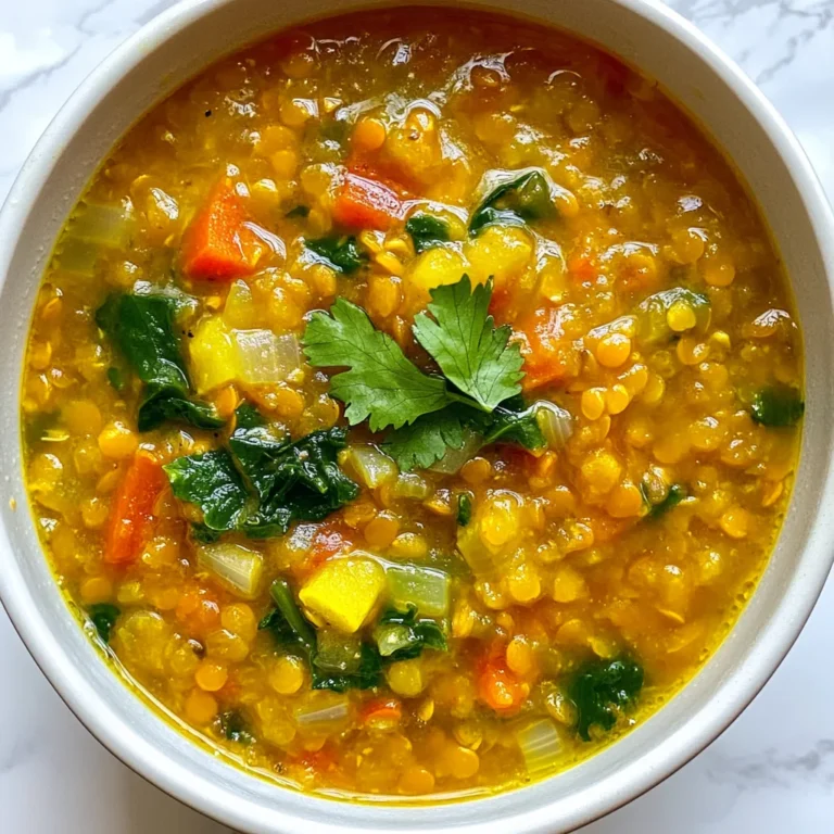 - 1 cup red lentils, rinsed - 2 tablespoons olive oil - 1 medium onion, chopped - 2 carrots, diced - 2 celery stalks, diced - 3 cloves garlic, minced - 1 can (14 oz) diced tomatoes - 4 cups vegetable broth - 1 cup spinach, chopped - Salt and pepper to taste Red lentils are the heart of this soup. They cook fast and add protein. Olive oil gives a rich flavor and helps cook the veggies. You can use onion, carrots, and celery for a tasty base. Garlic adds depth to each spoonful, making it more aromatic. Diced tomatoes bring sweetness and acidity, balancing the flavors. Vegetable broth makes the soup hearty and full of nutrients. Lastly, spinach adds a fresh touch and vibrant color. - 1 teaspoon ground cumin - 1 teaspoon ground coriander - 1/2 teaspoon smoked paprika For seasoning, I love using ground cumin and coriander. They give warmth and complexity to the soup. Smoked paprika adds a hint of smokiness, making each bite exciting. Together, these flavors create a comforting and rich taste that makes this soup special. - Fresh cilantro or parsley - Olive oil drizzle Garnishes can take your soup to the next level. Fresh cilantro or parsley adds a pop of color and freshness. A drizzle of olive oil right before serving enhances the flavor profile. These small touches make the soup look beautiful and appetizing. {{ingredient_image_1}} Start by heating 2 tablespoons of olive oil in a large pot over medium heat. Once the oil is hot, add one chopped onion, two diced carrots, and two diced celery stalks. Sauté these vegetables for about 5 to 7 minutes. You want them to soften and become fragrant. Next, stir in 3 minced garlic cloves along with 1 teaspoon of ground cumin, 1 teaspoon of ground coriander, and 1/2 teaspoon of smoked paprika. Cook this mixture for another 2 minutes. The spices will bloom and fill your kitchen with a warm aroma. Now, it’s time to add the main ingredients. Pour in 1 cup of rinsed red lentils and one 14-ounce can of diced tomatoes, juice included. Give everything a good stir to combine. Pour in 4 cups of vegetable broth. Bring this mix to a boil. Once boiling, lower the heat to a simmer. Cover the pot and let it cook for about 25 to 30 minutes. The lentils should become tender and flavorful during this time. After the lentils are soft, add 1 cup of chopped spinach to the pot. Stir it in and cook for an additional 5 minutes. This will add color and nutrients to your soup. Finally, season the soup with salt and pepper to taste. Adjust it to your liking. Once you’ve added the final seasonings, your hearty vegetable red lentil soup is ready to serve! Adjusting spices You can change the spice levels to fit your taste. Start with the cumin, coriander, and smoked paprika. If you want more heat, add a pinch of chili powder or cayenne pepper. Taste as you go. This helps you find the perfect balance of flavors. Balancing acidity with tomatoes Tomatoes bring a nice acidity to the soup. If it feels too tangy, add a pinch of sugar. This helps tone down the sharpness. You can also add a splash of lemon juice for a bright finish. Importance of sautéing Sautéing the onion, carrots, and celery first builds a rich flavor base. This step warms the oil and releases the natural sugars in the veggies. Cook them until they soften. This usually takes about 5-7 minutes. Managing simmer time for tenderness Cooking the lentils at a low simmer is key. This gentle heat helps them break down and become tender. Check the soup after 25 minutes. If the lentils are not soft, give them a few more minutes. Ideal serving temperature Serve the soup warm, but not boiling hot. This keeps the flavors fresh and allows you to enjoy each bite. Let it cool slightly before serving. Complementary sides Pair the soup with crusty bread or a fresh salad. These sides add crunch and make the meal more filling. You can also serve it with a dollop of yogurt for creaminess, if you like. Pro Tips Soak Your Lentils: For a creamier texture, soak the red lentils for 30 minutes before cooking. This can also help reduce cooking time. Add a Kick: If you like a bit of heat, consider adding a pinch of red pepper flakes or a diced jalapeño when cooking the vegetables. Herb Variations: Feel free to experiment with herbs! Fresh thyme or dill can add a unique flavor profile to your soup. Batch Cooking: This soup freezes well. Make a double batch and store the extra in airtight containers for a quick meal later. {{image_2}} You can mix up the vegetables in this soup. Try adding: - Sweet potatoes for a sweet touch. - Zucchini for extra moisture. - Bell peppers for a colorful crunch. Feel free to use different broth, too. If you don’t have vegetable broth, use water or chicken broth. Both work well and add flavor. To spice things up, you can add heat. A pinch of red pepper flakes gives a nice kick. If you like it milder, stick with the spices in the recipe. Herbs also boost the taste. Fresh thyme or rosemary can add depth. You can add them while cooking or sprinkle them on top before serving. This soup is naturally vegan and gluten-free. It fits many diets without any changes. You can also make it high in protein. Just add some cooked chicken or turkey for an easy boost. This soup is versatile, so you can tailor it to your taste and needs. Enjoy experimenting! To store your leftover soup, let it cool first. Pour the cooled soup into airtight containers. I recommend using glass or plastic containers with tight lids. This helps keep the soup fresh and tasty. For freezing soup, use freezer-safe containers or heavy-duty freezer bags. Leave some space at the top for the soup to expand as it freezes. When you are ready to eat, take the soup out of the freezer and put it in the fridge overnight to thaw. You can also thaw it in a pot over low heat. Stir often to make sure it heats evenly. In the fridge, your soup will last about 4 to 5 days. Keep an eye on it. If it starts to smell sour or looks off, it’s best to toss it. A good rule is to trust your senses. If it doesn’t look or smell right, don’t eat it! To make your soup creamier, you have a few options. First, blend a portion of the soup. Use an immersion blender or transfer some to a regular blender. Blend until smooth, then mix it back in. This will give a nice, velvety texture. You can also add coconut milk or cream. Stir in about half a cup at the end of cooking. This adds richness and a subtle sweetness. Lastly, you can use more lentils. Cook them longer to break down, which thickens the soup naturally. Yes, you can add meat to your Vegetable Red Lentil Soup. Chicken or turkey works great. Just cook the meat separately and add it to the soup. If using beef, brown it first in the pot before adding the veggies. This gives a deeper flavor. You can also use cooked sausage or ham. Slice it and stir it in during the last few minutes of cooking. This way, the meat warms through but stays juicy. Yes, this soup is very healthy. Red lentils are high in protein and fiber. They help you feel full and support digestion. The vegetables add vitamins and minerals, making it a great meal. Spinach is a superfood. It is rich in iron and vitamins A and C. Overall, this soup is packed with nutrients. It’s a satisfying dish that nourishes your body and soul. This blog post covered the key ingredients and steps for making Vegetable Red Lentil Soup. We explored how to prepare vegetables, enhance flavors, and perfect the recipe. I shared tips for variations, storage, and answered common questions. Remember, this soup is not just tasty; it’s healthy and flexible. You can adjust it to fit your needs. Enjoy making this simple soup, and let it warm your meals and your heart.