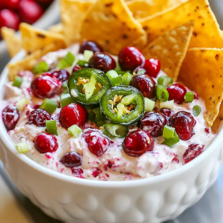- 1 cup fresh or frozen cranberries - 1/4 cup jalapeno, finely chopped (seeds removed for less heat) - 1/2 cup cream cheese, softened - 1/2 cup sour cream For this dip, you need cranberries to add tartness. You can use fresh or frozen cranberries. Both work well. The jalapeno gives it a spicy kick. Remove the seeds for less heat. The cream cheese makes it creamy, while sour cream adds tang. - 1/4 cup green onions, chopped - 1 tablespoon honey (adjust to taste) - 1 teaspoon garlic powder - Salt and pepper to taste Green onions add a fresh crunch. Honey brings sweetness, which balances the heat. Garlic powder gives a savory note. Don’t forget salt and pepper to enhance all the flavors. - Best dippers for the dip: tortilla chips, fresh veggies, or crackers - Presentation ideas: serve in a colorful bowl with a sprinkle of green onions on top Tortilla chips are my favorite for this dip. You can also use fresh veggies for a healthy twist. For a nice look, serve it in a bright bowl. Add extra green onions on top for color. {{ingredient_image_1}} To start, you can choose fresh or frozen cranberries. If you go with fresh cranberries, rinse them well. Place them in a saucepan with a splash of water. Cook them over medium heat for about 5-7 minutes. You will know they are ready when they start to pop and soften. If you prefer frozen cranberries, thaw them and chop them coarsely instead. This gives you great texture in the dip. In a mixing bowl, combine 1/2 cup softened cream cheese and 1/2 cup sour cream. Mix them until smooth. Then, add your cranberries, 1/4 cup finely chopped jalapeno, and 1/4 cup chopped green onions. Don’t forget to include 1 tablespoon of honey, 1 teaspoon of garlic powder, and salt and pepper to taste. Mix everything together until well combined. Taste your dip and adjust the seasoning or sweetness with more honey if you like it sweeter. Chilling the dip is very important. It allows the flavors to blend nicely. Transfer the mixture to a serving bowl and chill in the refrigerator for at least 30 minutes. This makes a big difference in taste. When ready to serve, enjoy your dip with tortilla chips. This dip is zesty, flavorful, and perfect for sharing. To make your dip milder, start by removing the jalapeno seeds. This helps cut down on heat. If you want an even milder option, consider using bell peppers instead. They add crunch without the spice. Balance sweetness by adding honey slowly. Taste as you go. You might also use lime juice to brighten the dip. For a twist, try spices like cumin or smoked paprika. These add depth and warmth. Prepping in advance makes life easier. Mix the dip and chill it for at least 30 minutes. This lets the flavors blend well. For leftovers, store in an airtight container in the fridge. It stays fresh for about three days. Pro Tips Adjust the Heat: If you prefer a milder dip, be sure to remove all the seeds from the jalapenos and consider using only half the amount or substituting with a milder pepper. Flavor Boost: For an extra depth of flavor, consider adding a splash of lime juice or a pinch of cumin to the mixture. Chill Time: Allowing the dip to chill for at least 30 minutes enhances the flavors, making it even more delicious. Serve with Variety: While tortilla chips are classic, try serving this dip with pita chips, sliced veggies, or even on toasted baguette slices for a unique twist. {{image_2}} You can enjoy this dip while making it a bit healthier. One way is to use low-fat cream cheese. This option cuts calories but still gives you that creamy texture. You won’t lose the flavor! Another great choice is Greek yogurt. It adds a nice tang and boosts protein too. Just swap out half the sour cream for Greek yogurt. This small change makes a big difference. Want to spice things up? Add some fresh herbs like cilantro or parsley. They will give your dip a fresh taste. You can also try spices like cumin or smoked paprika. These add depth and warmth. If you want a fun twist, mix in some chopped bell peppers or fresh lime juice. Both options brighten the dip and make it unique. If you're serving guests with dietary needs, I’ve got you covered. For gluten-free options, serve the dip with rice crackers or veggie sticks. Both are tasty and safe for those avoiding gluten. If you need vegan options, use dairy-free cream cheese and yogurt. You can even use maple syrup instead of honey for a sweet touch. These adjustments keep everyone happy! To keep your leftover dip fresh, store it in an airtight container. This helps prevent it from absorbing other odors in your fridge. Make sure to seal it well. The dip lasts for about 3 to 5 days in the refrigerator. If you notice any change in smell or color, it's best to toss it. When you’re ready to enjoy the dip again, take it out of the fridge. Let it sit at room temperature for about 10-15 minutes. This helps bring back its smooth texture. If it feels too thick, mix in a little sour cream or cream cheese. Serve it chilled with tortilla chips for the best taste. Yes, you can freeze this dip! It freezes well and keeps its flavor. Use a freezer-safe container and leave some space at the top. This allows for expansion. To defrost, move it to the fridge overnight. When ready to eat, stir it well and serve cold or at room temperature. To make your dip spicier, add more jalapenos. You can also leave some seeds in. The seeds hold most of the heat. Another option is to add a dash of hot sauce. Try different types of peppers for more flavor. Each pepper has its own heat level. Yes, you can use dried cranberries. They will add a sweet touch. To rehydrate them, soak in warm water for a few minutes. This helps soften them. Keep in mind that dried cranberries are sweeter. Adjust the honey in your dip if needed. Serve the dip in a colorful bowl. Add a sprinkle of green onions on top for color. Place tortilla chips around the bowl for easy dipping. You can also use veggie sticks like carrots or celery. This adds a fresh crunch and makes it more fun. You can make this dip a day ahead. It tastes even better after sitting in the fridge. Just cover it well and store it. This allows the flavors to blend nicely. Bring it out just before your guests arrive. This dip is great on sandwiches or wraps. Spread it on baked chicken for extra flavor. You can also use it as a topping for grilled meats. It adds a zesty kick to your meals. Get creative and try it with your favorite dishes! This blog post shared all you need to know about making cranberry jalapeno dip. We covered key ingredients, step-by-step instructions, storage tips, and even FAQs. By trying different variations, you can create your perfect dip. Enjoy balancing flavors to suit your taste. Remember, this dip can impress at any gathering. With these tips, you’ll make delicious cranberry jalapeno dip every time. So gather your ingredients and start creating your masterpiece today!