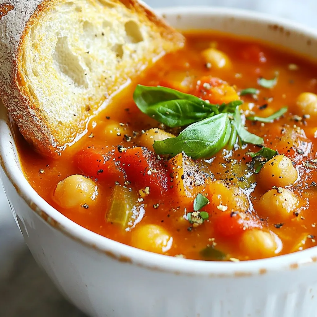 To make this cozy tomato chickpea soup, you'll need some key ingredients. Here’s what you should gather: - 1 tablespoon olive oil - 1 medium onion, diced - 3 cloves garlic, minced - 1 carrot, diced - 1 celery stalk, diced - 1 teaspoon ground cumin - 1 teaspoon smoked paprika - 1 can (14 oz) diced tomatoes, with juices - 2 cups vegetable broth - 1 can (15 oz) chickpeas, drained and rinsed - 1 bay leaf - Salt and pepper to taste - 2 cups fresh spinach or kale - Fresh basil or parsley for garnish - Crusty bread for serving These ingredients blend well to create a hearty meal. The chickpeas add protein, making it filling and nutritious. You can boost the flavor of your soup with a few optional additions. Consider these: - A squeeze of lemon juice for brightness - Red pepper flakes for heat - A dash of balsamic vinegar for depth - Other veggies, like bell peppers or zucchini Feel free to get creative! These ingredients can change the soup's taste and make it even more special. Choosing fresh produce makes a big difference. Here are some tips: - Onions: Look for firm, dry onions with no soft spots. - Garlic: Choose heads that feel heavy and have tight skin. - Carrots and Celery: Pick ones that are crisp and vibrant in color. - Spinach or Kale: Select leaves that are bright green and free from wilting. When you select fresh ingredients, you ensure your soup is full of flavor and nutrition. {{ingredient_image_1}} First, gather all your ingredients. You will need: - 1 tablespoon olive oil - 1 medium onion, diced - 3 cloves garlic, minced - 1 carrot, diced - 1 celery stalk, diced - 1 teaspoon ground cumin - 1 teaspoon smoked paprika - 1 can (14 oz) diced tomatoes, with juices - 2 cups vegetable broth - 1 can (15 oz) chickpeas, drained and rinsed - 1 bay leaf - Salt and pepper to taste - 2 cups fresh spinach or kale - Fresh basil or parsley for garnish - Crusty bread for serving Now, dice the onion, carrot, and celery. This mix adds flavor and texture. Mince the garlic for a strong taste. Start by heating olive oil in a large pot over medium heat. Add the diced onion, carrot, and celery. Sauté these for about 5 minutes. You want the veggies to soften. Next, stir in the minced garlic, ground cumin, and smoked paprika. Cook for 2 more minutes. This step wakes up the spices and fills your kitchen with a warm aroma. Pour in the diced tomatoes, with their juices, and vegetable broth. Add the chickpeas and bay leaf. Bring everything to a simmer. After that, lower the heat and let it simmer for 20 minutes. This time allows the flavors to blend. Remove the bay leaf after cooking. Stir in the fresh spinach or kale until it wilts. Season the soup with salt and pepper to your taste. Serve the soup hot. Garnish with fresh basil or parsley for a burst of color. Pair it with some crusty bread for a complete meal. Enjoy this cozy dish! To boost the taste of your cozy tomato chickpea soup, try adding fresh herbs. Fresh basil or parsley adds brightness. You can also mix in a splash of lemon juice for a zing. Spices are key too. Try more smoked paprika or a pinch of cayenne for heat. A dash of balsamic vinegar can deepen the flavor. Don't forget to taste as you go. Adjust salt and pepper to suit your palate. Start by sautéing your base well. This builds flavor. Use medium heat to soften onions, carrots, and celery. Stir often to avoid burning. Let your soup simmer gently. This allows flavors to meld. If you want a creamy texture, blend some of the soup after cooking. You can use an immersion blender for ease. One common mistake is not seasoning enough. Don’t skip tasting your soup as it cooks. Always add salt or spices gradually. Another mistake is overcooking the greens. Add spinach or kale just before serving. This keeps them vibrant and fresh. Finally, don’t rush the simmering. Give your soup time to develop flavor. Patience is key to a rich, cozy soup. Pro Tips Use Fresh Herbs: Fresh basil or parsley not only enhances the flavor but also adds a vibrant touch to your soup. Customize the Veggies: Feel free to add other vegetables like bell peppers or zucchini to increase the nutritional value and flavor. Adjust the Consistency: If you prefer a creamier soup, blend a portion of the soup and stir it back in for a richer texture. Storage Tips: This soup stores well in the refrigerator for up to 4 days and can be frozen for up to 3 months. Just reheat when ready to serve! {{image_2}} If you want to keep this soup vegetarian or vegan, you’re in luck! The base of this soup is already plant-based. Just use vegetable broth instead of chicken broth. You can skip the cheese or cream to keep it vegan. This soup is rich in flavor without any animal products. This cozy soup is naturally gluten-free! The main ingredients, like chickpeas and vegetables, are safe for those who avoid gluten. Just ensure your vegetable broth is gluten-free. Check the label if you buy store-bought broth. You don’t need any flour or gluten to make this soup hearty and satisfying. Feel free to get creative with your ingredients! You can swap chickpeas for lentils or white beans. Each option will give the soup a different texture and taste. If you want a spicy kick, add diced jalapeños or a pinch of cayenne pepper. For a fresh twist, try adding lemon juice or zest. You can also use different greens, like Swiss chard or arugula, for unique flavors. Each swap can change the soup in exciting ways! To keep your cozy tomato chickpea soup fresh, let it cool first. Once cooled, pour it into an airtight container. Make sure to remove any bay leaves. Store it in the fridge for up to four days. Label the container with the date, so you know when you made it. Freezing is a great way to save soup for later. Pour the cooled soup into freezer-safe bags or containers. Leave some space at the top for expansion. Seal the bags tightly and label them with the date. You can freeze the soup for up to three months. This makes meal prep easy! When you're ready to enjoy your soup, thaw it overnight in the fridge if frozen. To reheat, pour the soup into a pot over medium heat. Stir it often to avoid sticking. If it seems thick, add a splash of broth or water. Heat until it's nice and warm. You can also use a microwave, but stir every minute for even heating. Enjoy your flavorful soup again! Yes, you can use fresh tomatoes. Choose about 6 medium tomatoes for this soup. First, peel and chop them. Then, add them to the pot with the same cooking steps. Fresh tomatoes will give the soup a different taste. They can be sweeter and more vibrant. Just ensure they are ripe for the best flavor. To make the soup creamy, use an immersion blender. Blend the soup directly in the pot until smooth. If you don’t have one, carefully transfer the soup in batches to a regular blender. Always allow the soup to cool slightly before blending. This step prevents splashes and burns. Blend until you reach your preferred creaminess. This soup lasts about 4 to 5 days in the fridge. Store it in an airtight container. Allow it to cool completely before sealing. If you want it to last longer, consider freezing. In the freezer, it can last up to 3 months. Just remember to thaw it in the fridge before reheating. In this post, I shared how to make a cozy tomato chickpea soup. You learned about essential and optional ingredients, plus tips for picking fresh produce. I included step-by-step instructions for preparing and cooking, along with serving ideas. You found tips to enhance flavor and avoid mistakes. Variations like vegan and gluten-free options let you customize the soup, while storage tips ensure it stays fresh. Making this soup is easy and fun. Embrace your kitchen skills and enjoy a tasty, warm meal!