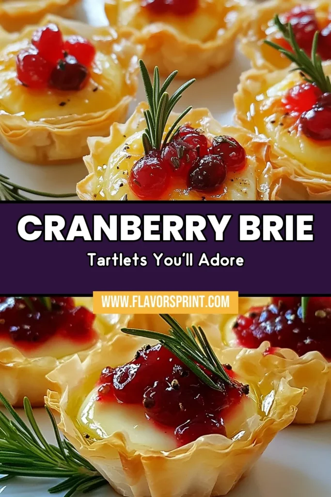Indulge in these Savory Cranberry Brie Tartlets, the perfect savory tartlet recipe for your holiday gatherings! Combining phyllo pastry tartlets with creamy Brie cheese and a tangy cranberry topping, these easy holiday bites make delightful Cranberry Brie appetizers. Impress your guests with this simple yet elegant dish that’s perfect for any occasion. Save this recipe for a delicious Brie cheese dessert you'll love! #SavoryTartletRecipe #CranberryBrie #EasyHolidayBites #PhylloPastryTartlets