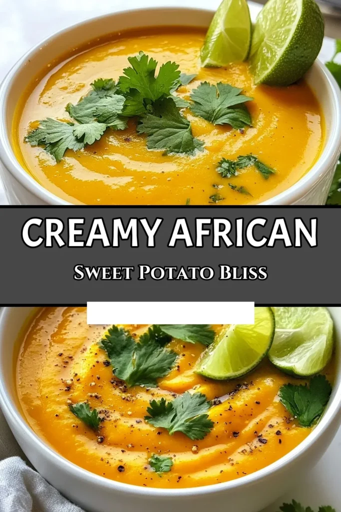 Delight in this African sweet potato soup that's bursting with flavor and nutrition! This vegan sweet potato soup recipe blends creamy coconut milk with healthy spices for a comforting bowl of goodness. Perfect as a creamy vegetable soup, it's a healthy addition to your soup recipes collection. Try this easy and delicious recipe today for a nourishing meal. Save and share for a taste of Africa! #AfricanSweetPotatoSoup #VeganSoup #CoconutMilk #HealthyRecipes