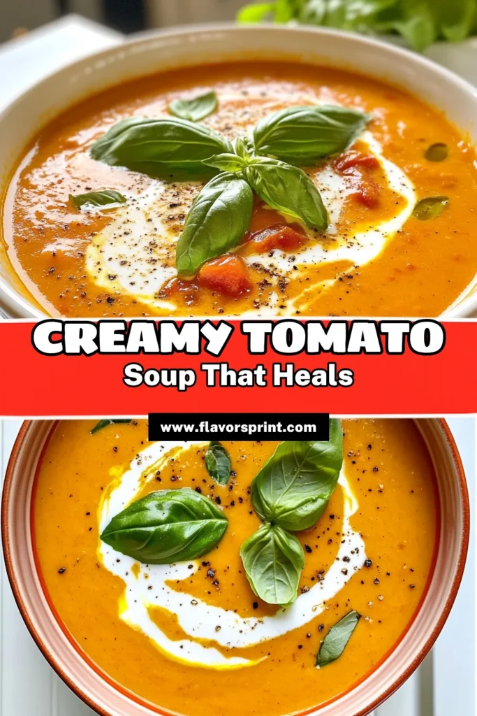 Indulge in this creamy tomato soup recipe that brings comfort and flavor to your table. This easy homemade tomato soup features fire-roasted tomatoes for a rich taste and can easily be made as a vegetarian tomato soup or a dairy-free tomato soup alternative using coconut cream. Perfect for chilly days, this dish is quick to prepare and guaranteed to satisfy. Save this recipe for a warm and cozy meal! #CreamyTomatoSoup #EasyHomemadeTomatoSoup #VegetarianTomatoSoup #DairyFreeCooking