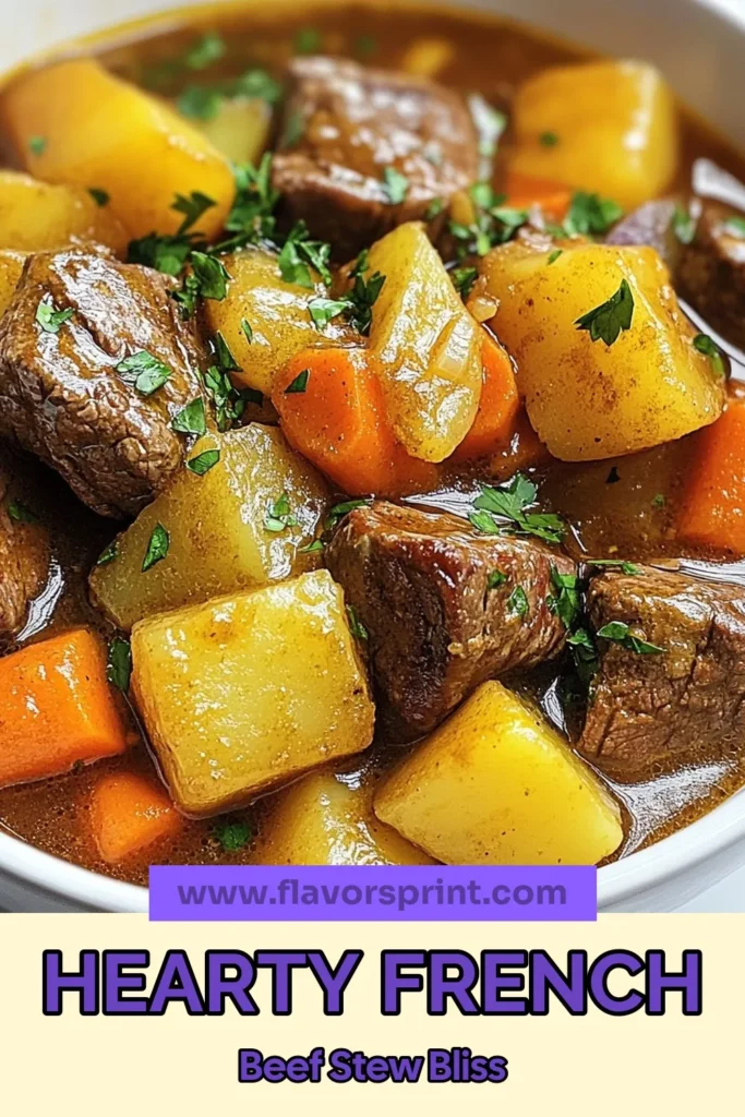 Warm up your evenings with this Rustic French beef stew, a classic French stew recipe that's hearty and satisfying. This country-style beef stew recipe combines tender beef with vibrant vegetables for a comforting dish that's perfect for family gatherings. Discover how easy this beef stew recipe is to make, ensuring flavorful, slow-cooked perfection. Click to save and try this delicious stew tonight! #BeefStew #FrenchCooking #ComfortFood #EasyRecipes