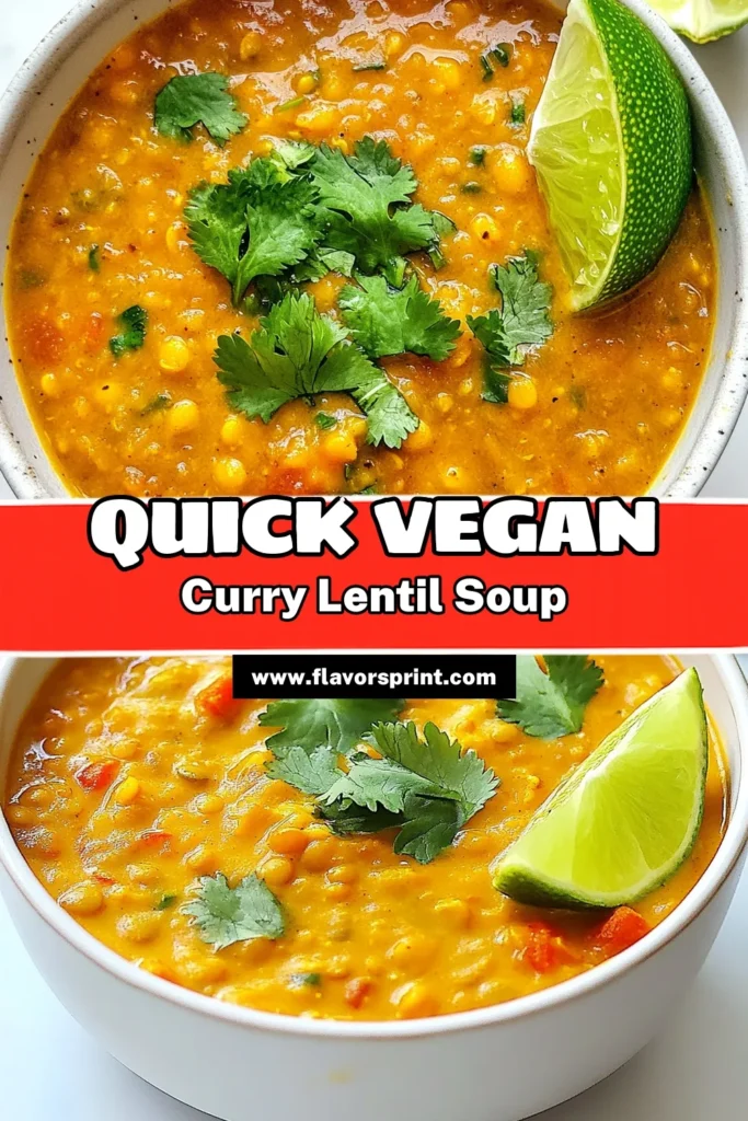 Discover the delightful flavors of this Vegan Curry Lentil Soup, ready in just 20 minutes! This quick lentil soup recipe features creamy coconut milk, hearty red lentils, and vibrant veggies for a healthy vegan soup bursting with taste. Perfect for busy weeknights, this easy 20 minute recipe will satisfy your cravings. Save this recipe now for a nutritious meal that's as delicious as it is simple! #VeganCurry #LentilSoup #HealthyRecipes #EasyCooking