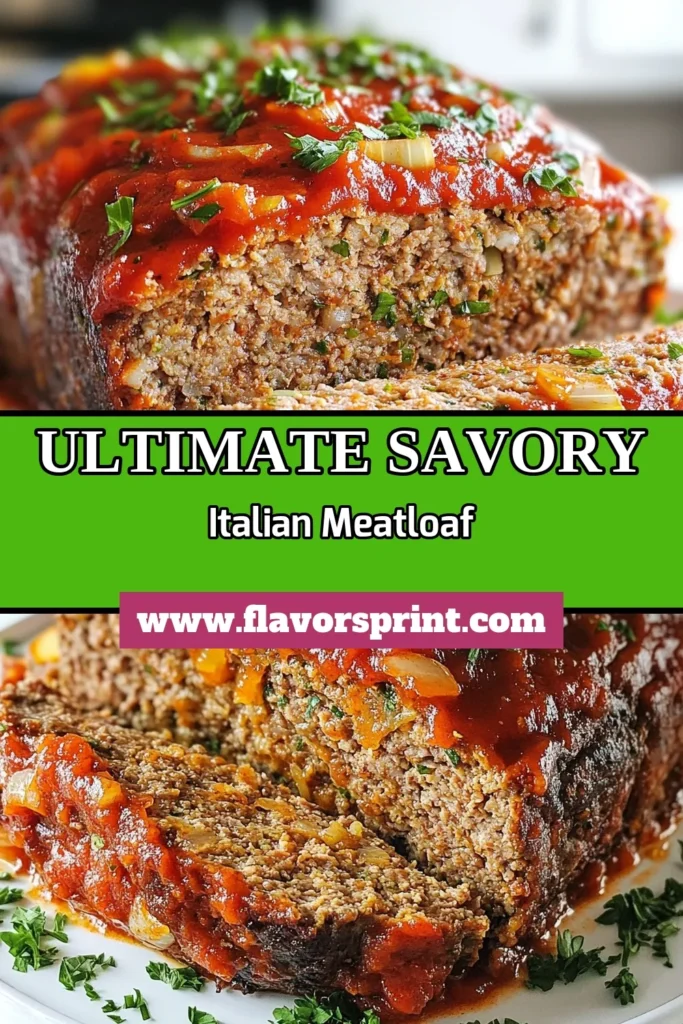 Discover the ultimate Italian meatloaf recipe that's perfect for an easy meatloaf dinner! This savory meatloaf with marinara combines ground beef and pork for a delicious twist. In just an hour and fifteen minutes, you can enjoy homemade Italian meatloaf that your family will love. Serve it with pasta for a complete meal. Save this recipe for your next family dinner! #ItalianMeatloaf #EasyDinner #SavoryRecipes #ComfortFood