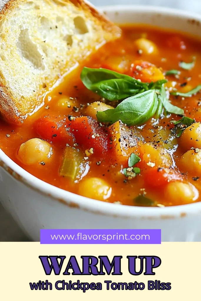 Warm up with this cozy tomato chickpea soup that's perfect for any day. This easy tomato soup combines nutritious ingredients like chickpeas, fresh spinach, and aromatic spices, making it a delightful vegetarian chickpea recipe that fits into your healthy comfort food options. Ready in just 35 minutes, it’s a flavorful and satisfying dish. Try this cozy soup recipe today and add it to your favorites! #TomatoChickpeaSoup #HealthyComfortFood #EasyTomatoSoup #VegetarianRecipes