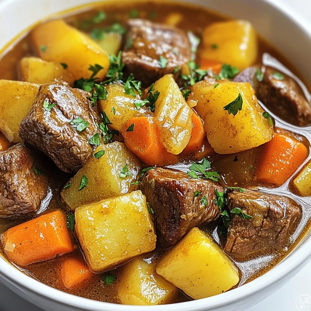 To make a hearty French Country Beef Stew, you will need the following ingredients: - 2 lbs chuck beef, cut into 1-inch cubes - 4 tablespoons olive oil - 1 large onion, diced - 4 cloves garlic, minced - 3 large carrots, sliced - 2 parsnips, sliced - 2 medium potatoes, diced - 3 cups beef broth - 2 cups diced tomatoes, canned or fresh - 1 tablespoon tomato paste - 2 teaspoons dried thyme - 1 teaspoon rosemary - Salt and pepper to taste - 2 bay leaves - Fresh parsley, chopped, for garnish Each ingredient plays a key role in this dish. The chuck beef gives the stew its rich flavor. Olive oil helps brown the meat and sauté the veggies. Onions and garlic add depth. Carrots, parsnips, and potatoes provide sweetness and texture. Beef broth forms the base, while tomatoes and herbs bring brightness. Finally, parsley adds freshness when you serve. {{ingredient_image_1}} - Cut the beef into 1-inch cubes. - Season the cubes with salt and pepper. - Dice the onion and mince the garlic. - Slice the carrots and parsnips. - Dice the potatoes into small pieces. - Heat 2 tablespoons of olive oil in a Dutch oven. - Brown the beef cubes in batches until golden. - Remove the beef from the pot and set it aside. - Add the remaining olive oil to the pot. - Sauté the onion for 4-5 minutes until soft. - Stir in the minced garlic and cook for 1 minute. - Add the sliced carrots, parsnips, and diced potatoes. - Cook the vegetables for about 5 minutes until they soften. - Return the browned beef to the pot. - Pour in the beef broth, diced tomatoes, and tomato paste. - Add thyme, rosemary, and bay leaves, then stir well. - Bring the stew to a simmer over medium heat. - Reduce heat to low, cover, and cook for 1.5 to 2 hours. - Stir occasionally and check if more broth is needed. - Ensure the beef is tender before serving. - Taste the stew and adjust seasoning with salt and pepper. - Remove bay leaves before serving. - Use fresh herbs like thyme and rosemary. They boost flavor and aroma. - Always season your meat with salt and pepper before cooking. This step adds depth. - Browning meat is key. It creates a rich crust and adds complex flavors. When you brown the beef, it locks in juices and enhances the stew's taste. - A Dutch oven is the best pot for this stew. Its heavy base distributes heat well. - Use a wooden spoon for stirring. It prevents scratching and helps mix flavors. - A sharp knife makes cutting vegetables quick and easy. This saves you time in the kitchen. - Overcooking makes the beef dry and tough. Cook just until tender. - Under-cooking leaves meat chewy. Aim for 1.5 to 2 hours of simmering. - Skipping the browning step is a big mistake. This step adds a lot of flavor. Always brown your meat! Pro Tips Browning the Beef: Ensure that the beef is patted dry before seasoning and browning. This helps achieve a rich, caramelized crust and enhances the overall flavor of the stew. <strong.Layering Flavors: Add the vegetables in stages. Start with the onions and garlic, then add the root vegetables. This method helps develop a deeper flavor profile in the stew. Using Fresh Herbs: If possible, use fresh thyme and rosemary instead of dried. Fresh herbs can elevate the dish with their vibrant flavors and aromas. Resting the Stew: For even better flavor, let the stew rest for a few hours or overnight in the fridge. Reheat it gently before serving to allow the flavors to meld beautifully. {{image_2}} You can change up the veggies in this stew. Seasonal vegetables add fresh flavor. Try using root vegetables like sweet potatoes or turnips. You can also add green beans or peas for color. If you don't have parsnips, use more carrots or even celery. This keeps the stew tasty and fun! If you want to switch the meat, you can use chicken or pork. Both options work well. Chicken makes the dish lighter, while pork adds sweetness. For a vegetarian twist, use hearty mushrooms like portobello or shiitake. They give a full flavor that makes the stew rich and delicious. To enhance the taste, add a splash of red wine or brandy. Both add depth and warmth. For some heat, toss in red pepper flakes. This will wake up your taste buds. Remember, a little goes a long way! These tweaks can elevate your stew to the next level. After you finish your stew, let it cool. Transfer it to an airtight container. Store the stew in the fridge for up to three days. If you want it to last longer, freeze it. Use freezer-safe bags or containers. The stew can stay good in the freezer for up to three months. To reheat your stew, use the stove or microwave. If using the stove, heat it in a pot over low heat. Stir often to keep it from sticking. If you use a microwave, place it in a bowl and cover it. Heat it in short bursts, stirring in between. This helps keep the texture nice. In the fridge, your stew lasts about three days. Look for changes in color or smell to check for spoilage. If it smells off or has mold, throw it away. Always trust your senses. French Country Beef Stew, also known as beef bourguignon, comes from France. This dish has roots in rustic cooking. It began as a way for farmers to cook tough cuts of meat. Slow cooking with wine and vegetables makes the meat tender and rich in flavor. Over time, this stew became a beloved staple in French homes. It reflects the heartiness of country cooking and the use of fresh, local ingredients. Yes, you can adapt this recipe for a slow cooker. First, brown the beef in a pan, as the recipe states. Then, transfer the beef and vegetables to the slow cooker. Add the beef broth, tomatoes, and herbs. Set your slow cooker on low for 6 to 8 hours. This method keeps the beef juicy and allows flavors to blend well. Beef stew pairs well with many side dishes. Here are some suggestions: - Crusty bread for dipping - Creamy mashed potatoes - Buttered egg noodles - A fresh green salad - Roasted vegetables Each of these sides balances the stew's rich flavors and makes a complete meal. Absolutely! Making this stew ahead of time is easy and convenient. Cook the stew as directed and let it cool. Then, store it in the fridge for up to three days. The flavors deepen over time. You can also freeze it for up to three months. Just thaw in the fridge before reheating and enjoy! In this post, we explored the ingredients and steps for making a delicious French Country Beef Stew. We covered how to prepare the beef and vegetables, build flavors, and avoid common mistakes. As you cook, remember to enjoy the process and get creative. This stew is versatile, so feel free to try different vegetables or proteins. Each variation can bring a new taste to your table. Happy cooking!