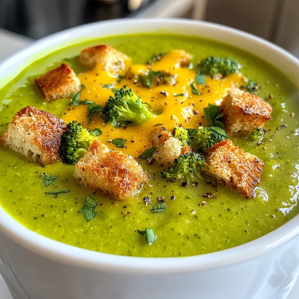 To make this creamy and tasty broccoli cheddar soup, you need: - 4 cups broccoli florets - 1 cup chopped onions - 2 cloves garlic, minced - 4 tablespoons unsalted butter - 1/4 cup all-purpose flour - 4 cups vegetable broth - 1 cup milk - 2 cups shredded sharp cheddar cheese - 1/2 teaspoon salt - 1/4 teaspoon black pepper - 1/4 teaspoon nutmeg - Optional: Croutons for garnish If you don’t have an ingredient, here are some easy swaps: - Use chicken broth instead of vegetable broth for a richer flavor. - Almond milk works well if you want a dairy-free option. - Swap cheddar cheese for Gruyère or Monterey Jack for a unique taste. - You can replace flour with cornstarch for a gluten-free version. This soup is not just delicious, but also gives you good nutrients. - Calories: About 350 per serving - Protein: 15 grams - Fat: 22 grams - Carbs: 30 grams - Fiber: 3 grams This soup gives a nice balance of comfort and nutrition. Enjoy every spoonful! {{ingredient_image_1}} Start by melting 4 tablespoons of unsalted butter in a large pot over medium heat. Add 1 cup of chopped onions and 2 cloves of minced garlic. Sauté this mix for about 5 minutes. When the onions look clear, it's time to add your 4 cups of broccoli florets. Cook for another 5 minutes while stirring. This step helps to build flavor and softens the broccoli. Next, sprinkle 1/4 cup of all-purpose flour over the broccoli mix. Stir it in well for about 2 minutes to cook out the raw flour taste. Slowly pour in 4 cups of vegetable broth while stirring to keep lumps away. Bring the soup to a boil. Once boiling, lower the heat and let it simmer for about 10 minutes. You want the broccoli to be tender. Now comes the fun part! Use an immersion blender to blend the soup to your liking. If you like chunks, blend only half the soup. This will give you a nice mix of creamy and chunky textures. After blending, stir in 1 cup of milk and 2 cups of shredded sharp cheddar cheese. Add 1/2 teaspoon of salt, 1/4 teaspoon of black pepper, and 1/4 teaspoon of nutmeg. Cook the soup on low heat for about 5 more minutes, until the cheese melts and the soup warms up. Taste it and adjust the seasoning if needed. When you're ready to serve, ladle the soup into deep bowls. For a nice touch, sprinkle some croutons and extra cheese on top. Enjoy your creamy and flavorful broccoli cheddar soup! To get that silky texture, blend the soup well. I love using an immersion blender. It lets me control the texture. If you want it chunkier, blend just half. After blending, add milk slowly. This helps keep it smooth. Don’t forget to stir in the cheese until it melts. This is key for a creamy finish. Sharp cheddar is my go-to for this soup. It gives a bold taste. You can also try Gruyère for a nutty twist. If you want a milder flavor, use mild cheddar. Mixing cheeses adds depth. Just remember to shred the cheese yourself. Pre-shredded cheese often contains additives that can affect meltability. Watch the heat while cooking. Too high, and the milk can curdle. Ensure the butter is melted before adding flour. This helps avoid lumps. When adding vegetable broth, pour it slowly while stirring. This keeps your soup smooth. Lastly, taste and adjust the seasoning. A little extra salt or pepper can make a big difference. Pro Tips Fresh Broccoli Preference: For the best flavor and texture, use fresh broccoli instead of frozen. Fresh florets will give the soup a vibrant color and crunch. Cheese Variations: Experiment with different types of cheese like Gruyère or Monterey Jack for unique flavor profiles. Just make sure to choose cheeses that melt well. Thickness Control: If you prefer a thicker soup, add more flour when sautéing the onions and garlic. Alternatively, blend less of the mixture for a chunkier texture. Seasonal Add-ins: Consider adding seasonal vegetables like carrots or spinach for extra nutrients and flavor. Just be sure to adjust cooking times accordingly. {{image_2}} Want to boost the flavor of your broccoli cheddar soup? Adding protein is a great way. You can cook diced chicken or crispy bacon and stir it in. Chicken adds a nice, mild taste. Bacon brings a savory crunch. Cook the chicken in the pot before adding the onions. If you use bacon, cook it first and then use the fat to sauté your onions. This will enhance the soup's flavor. If you want a vegan version, swap the milk and cheese with plant-based options. Use almond milk or oat milk instead of regular milk. For cheese, try a vegan cheddar or nutritional yeast. This will give you that cheesy flavor without dairy. You can also use vegetable broth to keep it vegan-friendly. Make sure to check labels for hidden dairy ingredients. You can make your soup even healthier by adding more veggies. Carrots, spinach, or even cauliflower work well. Chop them small and add them when you add the broccoli. This way, they cook evenly. You can sneak in extra nutrients without changing the taste much. Remember, the more colors on your plate, the better for your health! After you make broccoli cheddar soup, let it cool first. Put it in a tight container. The soup stays fresh in the fridge for about three days. When you are ready to eat, check for any signs of spoilage. If it looks or smells off, toss it out. You can freeze broccoli cheddar soup, too. Cool it completely before you freeze it. Use a freezer-safe container, leaving some space at the top. This soup can last in the freezer for up to three months. When you are ready to eat, just thaw it in the fridge overnight. Reheat the soup on the stove over low heat. Stir it often to keep it from sticking. If the soup is too thick, add a splash of milk or broth. You can also use a microwave. Heat it in short bursts, stirring in between. Make sure it’s hot all the way through before you eat. Yes, you can use frozen broccoli. It saves time and works well in soup. Just add it directly to the pot when you cook the onions and garlic. The soup will taste great, and frozen broccoli is just as healthy. To thicken the soup, add more flour. Mix one tablespoon of flour with a little water, then stir it into the soup. Let it simmer for a few minutes. You can also blend in more broccoli for extra thickness. Broccoli cheddar soup pairs nicely with many foods. You can serve it with crusty bread or a fresh salad. Grilled cheese sandwiches are a favorite choice too. For a fun touch, top with crunchy croutons or extra cheese! This blog post covered all you need for a great broccoli cheddar soup. We discussed ingredients, easy steps, and tips for perfect creaminess. You learned how to store leftovers and ways to vary the recipe too. Keep experimenting and adjusting based on what you like. Remember, the best soup is the one made with your favorite flavors and ingredients. Enjoy your cooking adventure!