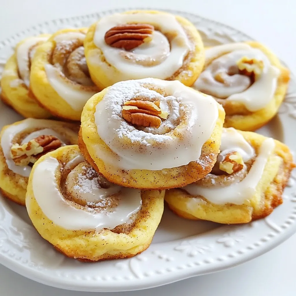 To make these tasty cinnamon roll cookies, you need these key ingredients: - 2 cups all-purpose flour - 1 teaspoon baking powder - 1/2 teaspoon baking soda - 1/2 teaspoon salt - 1 tablespoon ground cinnamon - 3/4 cup unsalted butter, softened - 1 cup brown sugar, packed - 1/4 cup granulated sugar - 1 large egg - 1 teaspoon vanilla extract - 1/2 cup pecans or walnuts, chopped (optional) These ingredients form the base of your cookies. The flour gives them structure. The baking powder and baking soda help them rise. Cinnamon adds warmth and flavor. Butter, brown sugar, and granulated sugar create a sweet base. The egg binds everything together, and vanilla gives a nice aroma. You can add nuts for crunch, but it is not a must. For the icing, you will need: - 1 cup powdered sugar - 2 tablespoons milk This icing is simple but adds a sweet touch. You mix powdered sugar with milk until smooth. Adjust the milk if you want it thicker or thinner. This icing makes your cookies look pretty and taste even better. Using the right ingredients is key to making your cinnamon roll cookies a hit. Each one plays an important role, ensuring your cookies are sweet, soft, and full of flavor. {{ingredient_image_1}} - First, preheat your oven to 350°F (175°C). Line a baking sheet with parchment paper. - In a medium bowl, whisk together 2 cups of flour, 1 teaspoon of baking powder, 1/2 teaspoon of baking soda, 1/2 teaspoon of salt, and 1 tablespoon of ground cinnamon. Set this mixture aside. - Take a large mixing bowl and cream together 3/4 cup of softened unsalted butter, 1 cup of packed brown sugar, and 1/4 cup of granulated sugar. Mix until light and fluffy, which takes about 2-3 minutes. - Now, add 1 large egg and 1 teaspoon of vanilla extract to the butter mixture. Mix well until everything is fully combined. - Gradually add the dry mixture to the wet mixture. Mix until just combined to keep your cookies soft. - If you like, fold in 1/2 cup of chopped pecans or walnuts for some extra crunch. - Scoop tablespoon-sized amounts of dough and roll them into balls. Place the balls on your prepared baking sheet, making sure to space them about 2 inches apart. - Bake your cookies in the preheated oven for 10-12 minutes. The edges should be lightly golden, while the centers stay soft. - While your cookies cool, you can make the icing. In a small bowl, whisk together 1 cup of powdered sugar and 2 tablespoons of milk until smooth. - If you want a different consistency, you can adjust it by adding more milk until it suits your taste. To achieve the perfect cookie texture, follow these steps: - Use room-temperature butter for a soft, creamy mix. - Mix the dough until just combined. Overmixing can make cookies tough. - Always check your oven temperature with an oven thermometer. An accurate temp ensures even baking. Presentation is key! Here are some ideas: - Arrange cookies on a colorful plate. - Dust with a little extra cinnamon for a warm touch. - Add a sprig of mint for a pop of color. For added flavor, try drizzling chocolate over the icing or adding a sprinkle of sea salt. How do you know when the cookies are done? - Look for lightly golden edges while the center stays soft. - Cool on a wire rack for the best texture. This helps cookies firm up without drying out. Pro Tips Chill the Dough: For thicker cookies, chill the dough for at least 30 minutes before baking. This helps the cookies maintain their shape and enhances the flavors. Use Fresh Spices: Make sure your ground cinnamon is fresh for the best flavor. Old spices can lose their potency and affect the taste of your cookies. Don’t Overbake: Keep an eye on the cookies as they bake. Remove them from the oven when the edges are golden but the centers are still soft for a chewy texture. Customize Your Nuts: Feel free to swap pecans or walnuts with your favorite nuts, or even omit them altogether for a nut-free version of these delicious cookies. {{image_2}} You can change the flavor of your cinnamon roll cookies in fun ways. One great twist is to add chocolate chips. Just fold in one cup of chocolate chips into the dough. This adds a rich taste to your cookies. You can also try maple-flavored icing. Instead of plain milk in the icing, use maple syrup. This gives your cookies a sweet, unique flavor. If you need a nut-free option, skip the pecans or walnuts. These cookies still taste great without them. Sometimes you want to change ingredients to fit your needs. You can substitute brown sugar with coconut sugar. This gives a different flavor but works well. For flours, try using whole wheat flour instead of all-purpose flour. This option makes the cookies a bit heartier. If you want dairy-free cookies, use vegan butter and almond milk. This keeps the cookies soft and tasty without any dairy. You can make these cookies special for the holidays. Add spices like nutmeg or ginger for a festive twist. These spices give warmth and cheer to the cookies. You can also add dried fruits. Chopped dried cranberries or raisins fit well. They add flavor and chewiness, making the cookies even more delightful. Store your cinnamon roll cookies at room temperature for best texture. Place them in an airtight container. This keeps them soft and fresh. If you live in a humid area, refrigeration can help. However, cold air may change the texture a bit. So, use it only if needed. To freeze uncooked dough, scoop and roll it into balls. Place the dough balls on a baking sheet. Freeze them for about an hour. Once solid, transfer them into a zip-top bag. Seal it well and label it. You can bake them straight from the freezer! For baked cookies, let them cool completely first. Then, layer them with parchment paper in an airtight container. This way, they won’t stick together. Seal the container tightly and freeze. These cookies can last about a week at room temperature. You can extend their life to three months if frozen. Check for signs of spoilage, like off smells or hard texture. If they feel dry, they may not taste as good. Enjoy your cookies while they’re fresh! Yes, you can make these cookies vegan. Use plant-based butter instead of regular butter. For the egg, replace it with a flax egg. Mix one tablespoon of ground flaxseed with three tablespoons of water. Let it sit for five minutes to thicken. This keeps the dough moist and helps it bind. If your dough feels sticky, add a little more flour. Start with one tablespoon at a time. Mix it in gently until the dough is easier to handle. Make sure not to add too much flour, as it can change the cookie texture. Absolutely! You can use any nuts you like. Almonds, hazelnuts, or even pecans work well. Just chop them up into small pieces before adding them to the dough. This adds a nice crunch and flavor. To thicken the icing, add more powdered sugar. If it’s too thick, mix in a bit more milk. Keep adjusting until it reaches the right consistency for drizzling or spreading. It should be smooth but not runny. Yes, you can make gluten-free cinnamon roll cookies. Use a gluten-free flour blend instead of all-purpose flour. Make sure the blend has xanthan gum, which helps with texture. This way, everyone can enjoy these tasty treats! In this post, I guided you through making delicious cinnamon roll cookies. We covered essential ingredients, step-by-step instructions, and baking tips. I shared variations, storage methods, and answers to common questions. Remember, baking is fun and creative. Feel free to experiment with flavors and ingredients. With practice, you'll perfect your cookie skills. Enjoy sharing your tasty treats with friends and family!