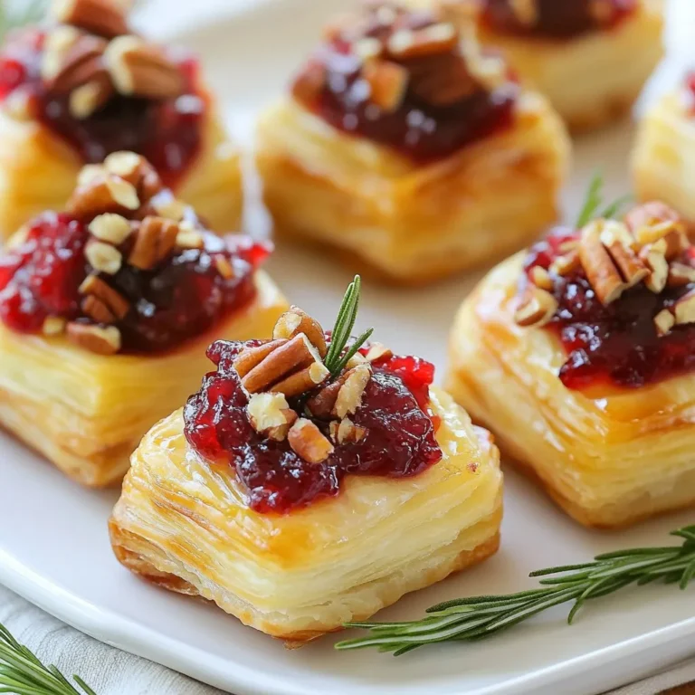 - 1 sheet of puff pastry, thawed - 8 ounces Brie cheese, cut into small cubes - 1 cup cranberry sauce (homemade or store-bought) - 1/4 cup chopped pecans or walnuts - 1 tablespoon fresh rosemary, finely chopped - 1 egg, beaten (for egg wash) - Salt and pepper to taste - Rolling pin - Baking sheet - Parchment paper The main ingredients for cranberry Brie bites make them simple yet tasty. Puff pastry is light and flaky, giving the bites a nice crunch. Brie cheese adds a rich and creamy touch that melts beautifully. The cranberry sauce brings a sweet and tart flavor that pairs well with the cheese. Chopped nuts, either pecans or walnuts, add a nice crunch and depth. In addition to the main ingredients, we use fresh rosemary to enhance the flavor. An egg wash gives the pastry a golden finish. Salt and pepper add a little seasoning, making every bite delightful. To make these bites, you need a few tools. A rolling pin helps to flatten the puff pastry. A baking sheet lined with parchment paper keeps the bites from sticking. This simple setup makes it easy to create a delicious appetizer. {{ingredient_image_1}} 1. Preheat your oven: Set your oven to 375°F (190°C). This step is key for a perfect bake. 2. Roll out puff pastry: On a lightly floured surface, roll out one sheet of thawed puff pastry. Aim for about 12-16 squares, each roughly 2 inches wide. 1. Cut pastry squares: Use a sharp knife or pizza cutter to slice the rolled pastry into squares. 2. Add Brie and toppings: Place a small cube of Brie in the center of each square. Top with a teaspoon of cranberry sauce. Sprinkle chopped nuts over the sauce. Season with salt, pepper, and a bit of fresh rosemary. 1. Fold pastry and brush with egg: Bring the corners of each pastry square together. You can leave them open for a rustic look. Brush each bite with the beaten egg for a nice golden finish. 2. Bake until golden brown: Put your baking sheet in the oven. Bake for 15-20 minutes. Look for puffed pastry that is golden. Enjoy the aroma as they bake! To get the best puff pastry, thaw it in the fridge overnight. This keeps it cold and easy to work with. When rolling it out, use a light touch. Too much pressure can ruin the layers. If you notice any cracks, gently press them back together. For a perfect bake, avoid soggy bottoms. Place your pastry on parchment paper to help absorb moisture. To boost flavor, add fresh herbs like thyme or chives. They pair well with Brie and cranberry. If you have leftover cranberry sauce, spread a thin layer on the pastry before adding the cheese. This adds more depth and sweetness. You can also mix in a bit of orange zest or cinnamon for a twist. For plating, use a wooden board or a colorful platter. Arrange the bites in a circle for an eye-catching display. Garnish with fresh rosemary sprigs to add a pop of color. Pair these bites with sparkling wine or a light cider. Both drinks complement the savory and sweet flavors well. Pro Tips Keep It Cold: Ensure your puff pastry remains cold before baking for the best puff. If it starts to warm up, refrigerate it for a few minutes before proceeding. Nut Variations: Experiment with different nuts like almonds or pistachios for a unique flavor profile that complements the cranberry and Brie. Herb Infusion: For added flavor, mix a bit of thyme or chives into the cranberry sauce. This will elevate the taste and add an aromatic touch. Make Ahead: Prepare the bites in advance and refrigerate them unbaked. Bake them fresh right before serving for warm, flaky perfection! {{image_2}} You can swap out the Brie cheese for other creamy cheeses. Goat cheese adds a tangy touch. Cream cheese works well, too, if you enjoy a milder flavor. For the sauce, try using fig jam or apple chutney. These give a sweet twist to your bites. They pair nicely with cheese and nuts. If you need gluten-free options, look for gluten-free puff pastry. Many brands make it easy to find. You can also use phyllo dough for a lighter bite. For vegan substitutions, choose a plant-based cheese. Cashew cheese or almond cheese can work well. Replace the egg wash with a splash of plant milk for a nice finish. Sweet and savory make a great pair. Add a slice of pear or a dash of honey. These add depth to your bites and enhance the flavors. Seasonal ingredients can elevate your dish. In fall, use pumpkin spice or butternut squash. In spring, fresh herbs like basil or chives add brightness. Be creative and enjoy mixing flavors! You can freeze unbaked cranberry Brie bites. Place them on a baking sheet first. Freeze until solid, then transfer to a freezer bag. This helps them keep their shape. You can store them like this for up to three months. To bake, no need to thaw. Just pop them in a preheated oven. They will take a bit longer to cook. For refrigeration, keep the unbaked bites covered in plastic wrap. They will stay fresh for about two days. This way, you can prep them in advance and bake right before your guests arrive. If you have leftover baked bites, store them in an airtight container. Use parchment paper between layers to prevent sticking. They can last for about three days in the fridge. To reheat, place them on a baking sheet. Preheat your oven to 350°F (175°C). Bake for about 10 minutes, or until warm and crispy again. Avoid the microwave, as it can make them soggy. Baked cranberry Brie bites last for about 3 days in the fridge. If you notice any mold or an off smell, it's time to toss them. Always check for signs of spoilage. If they look dry or hard, they may not taste good. Enjoy them fresh for the best flavor! Yes, you can prep these bites in advance. You can cut the puff pastry squares and store them in the fridge. Just keep them covered with a damp cloth to prevent drying. You can also assemble the bites and chill them for up to a day before baking. When you're ready, brush them with egg wash and bake as usual. This method saves time and keeps your party stress-free. Cranberry Brie bites pair well with many appetizers. Consider serving them with: - Mini meatballs - Stuffed mushrooms - Spinach artichoke dip - Cheese platter with crackers - Fresh fruit like grapes or sliced apples These options create a nice mix of flavors and textures for your guests. Yes, you can make puff pastry from scratch. Use cold butter for a flaky texture. Roll the dough thinly and fold it several times to create layers. If you want a quick option, store-bought puff pastry works great too. Just roll it out and cut it as needed. Homemade dough adds a personal touch, but store-bought saves time. Cranberry Brie bites are a tasty treat that anyone can make. We covered key ingredients like puff pastry, Brie cheese, and cranberry sauce. You learned the step-by-step process, tips for perfect baking, and creative variations. Remember, you can adapt these bites for your tastes and dietary needs. Enjoy experimenting with flavors and sharing this simple recipe. Happy cooking!