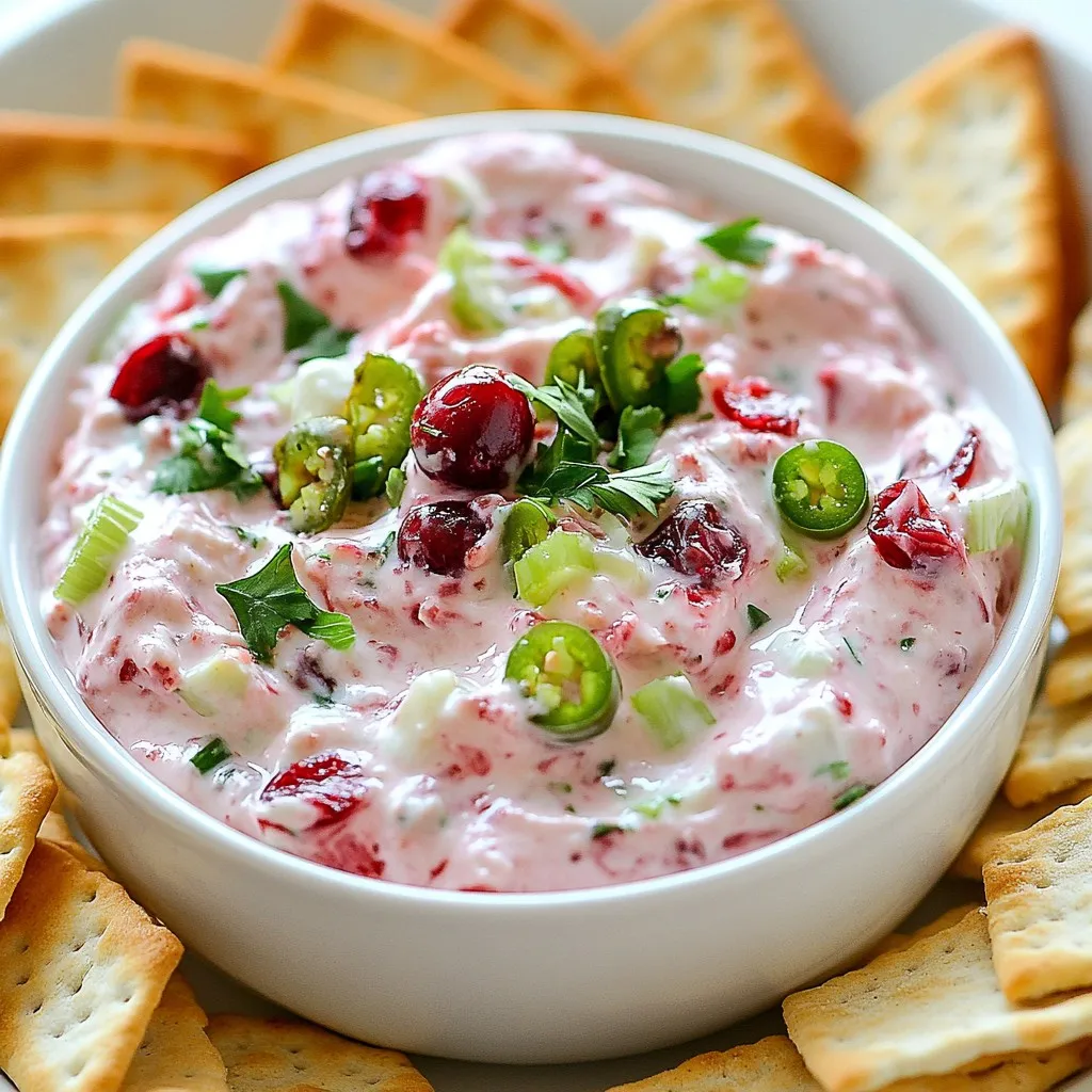 - 8 oz cream cheese, softened - 1/2 cup cranberry sauce (homemade or store-bought) - 1 small jalapeño, finely diced (seeds removed for less heat) - 1/4 cup green onions, finely chopped - 1/2 teaspoon garlic powder - 1/4 teaspoon salt - 1/4 teaspoon black pepper This dip starts with cream cheese. It gives a smooth and rich base. Next, we add cranberry sauce. This brings a sweet and tangy flavor. The jalapeño adds a nice kick. Remember to remove the seeds for less heat. Green onions add freshness and crunch. Garlic powder, salt, and black pepper enhance the taste. - 1/2 cup shredded cheddar cheese - Fresh cilantro for garnish Cheddar cheese is optional but adds creaminess. It also boosts the flavor. Fresh cilantro makes a great garnish. It adds color and a touch of herbaceousness. You can mix and match these ingredients as you like. {{ingredient_image_1}} Mixing the Cream Cheese and Cranberry Sauce Start with 8 ounces of softened cream cheese. Add 1/2 cup of cranberry sauce to a mixing bowl. Use a hand mixer or spatula to blend them until smooth. Incorporating Additional Ingredients Next, finely dice 1 small jalapeño and remove the seeds if you want less heat. Add the jalapeño to the bowl. Then, chop 1/4 cup of green onions and toss them in too. Add 1/2 teaspoon of garlic powder, 1/4 teaspoon of salt, and 1/4 teaspoon of black pepper. Stir everything together until well mixed. Folding in Cheddar Cheese (if using) If you like extra creaminess, fold in 1/2 cup of shredded cheddar cheese. This step is optional but adds great flavor and texture. Transferring to a Serving Bowl Once mixed, transfer the dip to a serving bowl. Use a spatula to smooth the top for a nice look. Garnishing with Cilantro For a fresh touch, garnish with chopped cilantro. It adds color and flavor, making the dish pop. Suggested Serving Accompaniments Serve your dip with crackers, sliced baguette, or fresh vegetable sticks. This adds crunch and makes it fun to eat! Using Fresh Ingredients Using fresh ingredients makes a big difference. Fresh cream cheese gives a rich taste. Fresh cranberries can add a bright zing. I love homemade cranberry sauce for its sweet and tart flavor. Always use fresh jalapeños for a better kick. Adjusting Spice Levels with Jalapeños If you like heat, keep the seeds in the jalapeño. For less heat, remove the seeds. You can also try using less jalapeño. Start with a small amount and taste as you go. This way, you find your perfect heat level. Incorporating Cheddar Cheese Adding cheddar cheese gives the dip a nice twist. It adds both creaminess and flavor. Use sharp cheddar for a bolder taste. Fold it in after mixing other ingredients. This keeps the dip smooth and creamy. Achieving Creaminess To make the dip extra creamy, use softened cream cheese. Mixing well is key. A hand mixer can help blend everything smoothly. If you want, add a splash of milk. This makes it even creamier without changing the flavor. Pro Tips Adjust the Heat: If you prefer a milder dip, ensure to remove all the seeds and white membranes from the jalapeño, or substitute with a milder pepper. Homemade Cranberry Sauce: For a fresh twist, consider using homemade cranberry sauce; it adds a more vibrant flavor compared to store-bought versions. Chill for Flavor: Allowing the dip to chill in the refrigerator for at least 30 minutes enhances the melding of flavors, making the dip even more delicious. Serving Suggestions: Pair with a variety of dippers such as pita chips, pretzels, or even apple slices for a sweet and savory combination. {{image_2}} You can easily change the taste of your Cranberry Jalapeño Cream Cheese Dip. Adding spices can give it a kick. Try a pinch of cayenne for heat or smoked paprika for a smoky taste. These small changes make a big difference. Incorporating nuts or fruits can also bring new flavors. Chopped pecans or walnuts add crunch. Diced apples or pears offer a sweet contrast to the heat. Get creative and find what you like best! If you want a vegan option, use a vegan cream cheese substitute. Many brands offer great taste and texture. This way, everyone can enjoy the dip. For gluten-free serving suggestions, serve the dip with rice crackers or veggie sticks. Both options are tasty and safe for those with gluten issues. Enjoying this dip can be done by all! To keep your Cranberry Jalapeño Cream Cheese Dip fresh, store it correctly. - Refrigeration Instructions: Place the dip in an airtight container. This prevents it from absorbing other smells. Keep it in the fridge right after serving. It stays fresh and tasty for later enjoyment. - Freezing the Dip: You can freeze the dip if you want to save some for later. Use a freezer-safe container. Make sure to leave some space at the top. The dip will expand as it freezes. - How Long It Lasts in the Fridge: Your dip is good for about 3 to 5 days in the fridge. Make sure it stays sealed tightly to maintain its flavor and texture. - Signs of Spoilage: Check for changes in smell or color. If it smells sour or has an off-color, it’s best to toss it out. Always trust your senses. If in doubt, throw it out! Can I make this dip ahead of time? Yes, you can make this dip ahead of time. Just mix all the ingredients and store it in the fridge. It tastes even better after chilling for a few hours. What can I substitute for jalapeños? You can use bell peppers for a milder flavor. If you want some heat, try using diced serrano peppers. Adjust the amount based on your taste. How can I make it less spicy? To reduce the spice, remove the seeds from the jalapeño before dicing. You can also use less jalapeño in your mix. Another option is to add more cream cheese to balance the heat. What to serve with Cranberry Jalapeño Cream Cheese Dip? This dip pairs well with crackers, sliced baguette, or fresh veggie sticks. You can create a colorful platter for your guests. Is this dip suitable for gluten-free diets? Yes, this dip is gluten-free. Just ensure you serve it with gluten-free crackers or veggies. Always check labels to be safe! This blog post covered how to make a tasty Cranberry Jalapeño Cream Cheese Dip. We explored key ingredients, like cream cheese and jalapeños, plus optional adds like cheddar. You learned how to prepare, serve, and enhance this dish. Remember to store it properly for the best flavor. With these tips and ideas, you’ll impress everyone at your next gathering. Enjoy making this dip your own and share it with friends!