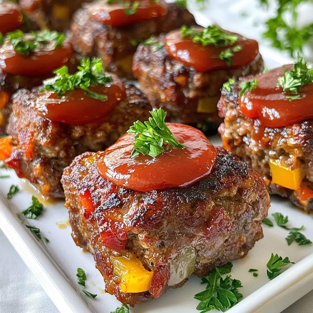 To create tasty mini meatloaf, you need a few simple ingredients. Here’s what you will gather: - Ground beef or ground turkey - Breadcrumbs - Grated Parmesan cheese - Milk - Egg - Chopped onion - Minced garlic - Chopped bell pepper - Ketchup - Worcestershire sauce - Dried Italian herbs - Salt and pepper - Fresh parsley for garnish Each ingredient plays a key role in building flavor. The ground meat is the base. You can choose beef or turkey based on your taste. Breadcrumbs add texture, while Parmesan cheese gives a nice salty kick. Milk and egg help bind everything together. The onion, garlic, and bell pepper bring sweetness and depth. Ketchup and Worcestershire sauce add a savory touch. Don't forget the dried herbs, salt, and pepper for seasoning. Using fresh parsley to garnish adds color and freshness to your dish. With these ingredients, you’re ready to make mini meatloaf that is both simple and flavorful. {{ingredient_image_1}} - Preheat the oven to 350°F (175°C). - Grease a muffin tin or mini loaf pan with cooking spray or oil. This step is key to ensure that your mini meatloaf comes out easily. The non-stick surface helps keep the meatloaf intact. - In a large bowl, combine 1 pound of ground beef or turkey, 1/2 cup of breadcrumbs, and 1/4 cup of grated Parmesan cheese. - Next, add 1/4 cup of milk and 1 large egg. - Now, mix in 1 small chopped onion, 1 minced garlic clove, and 1/2 cup of chopped bell pepper. - Stir in 2 tablespoons of ketchup, 1 tablespoon of Worcestershire sauce, 1 teaspoon of dried Italian herbs, and salt and pepper to taste. Mixing these ingredients well is crucial. It ensures the flavors blend, creating a tasty mini meatloaf. I often use my hands for a good mix, but a spoon works fine too! - Spoon the meat mixture into your prepared muffin tin or mini loaf pan, filling each mold about 3/4 full. - Top each mini meatloaf with a dollop of ketchup for a tasty glaze. - Bake the mini meatloaf in the oven for 25-30 minutes. Check for doneness by ensuring they are cooked through and the tops are brown. After baking, let them cool for a few minutes. This makes it easier to remove them from the pan. Enjoy the delicious smell wafting through your kitchen! To get the best texture in your mini meatloaf, use breadcrumbs and an egg. Breadcrumbs help bind the ingredients, while the egg adds moisture. Mix them gently with the meat. Avoid overmixing, as this can make your meatloaf tough. Just combine until the mixture holds together. You can boost the flavor of your mini meatloaf by adding spices. Try garlic powder, smoked paprika, or even chili flakes for some heat. Different sauces can also add depth. A splash of barbecue sauce or a bit of mustard can change the taste. Experiment to find your favorite blend. Presentation is key to a great meal. Once baked, arrange your mini meatloaves on a platter. Garnish with fresh parsley for color. You can serve them with a tangy dipping sauce or a light salad. This makes your dish look appealing and adds extra flavors. Pro Tips Use Lean Meat: Opt for lean ground beef or turkey to reduce the fat content while keeping your mini meatloaf moist and flavorful. Mix Ingredients Gently: Overmixing can lead to a dense texture. Mix just until combined for a tender meatloaf. Add Veggies: Incorporate finely chopped vegetables like carrots or zucchini for added moisture and nutrition. Rest Before Serving: Allow the mini meatloaves to rest for a few minutes after baking to enhance their flavor and make them easier to remove from the pan. {{image_2}} You can use different meats for mini meatloaf. Ground turkey is a lean choice. It has less fat than ground beef. This makes it a healthier option. You can also mix meats for more flavor. If you want a meat-free option, try lentils or chickpeas. These give a hearty texture without meat. You can also use plant-based ground meat. This way, you can enjoy mini meatloaf in a vegan style. You can swap some ingredients to make it healthier. Try using whole wheat breadcrumbs instead of regular ones. They add fiber and nutrients. For cheese, you can use mozzarella or cheddar instead of Parmesan. Each cheese gives a different taste. If you want more flavor, add some feta cheese. This adds a nice tang to the dish. You can change the flavor by adding herbs. Fresh basil, thyme, or rosemary can give a new taste. You can also try adding spices like cumin or paprika. They add warmth and depth. Changing the sauces can make a big difference too. Instead of ketchup, try barbecue sauce or salsa. These options give an exciting twist to your mini meatloaf. To store leftovers, let the mini meatloaf cool completely. Place them in an airtight container. You can also wrap them tightly in plastic wrap. Use a container with a tight lid to keep moisture in and air out. This helps maintain flavor and texture. For freezing, pack mini meatloaves in freezer-safe bags or containers. Remove as much air as possible. This prevents freezer burn. Label the bags with the date. To thaw, move them to the fridge overnight. For quick heating, place them in the microwave. Heat until warm throughout. Mini meatloaf lasts about 3-4 days in the fridge. In the freezer, they stay good for about 2-3 months. Always check for any signs of spoilage before eating. If it smells off or looks strange, toss it out. Store wisely to enjoy this tasty dish later! Yes, you can make mini meatloaf ahead of time. Prepare the meat mixture and fill the molds. Cover the pan with plastic wrap and store it in the fridge. You can also freeze them for later. Just thaw before baking. Mini meatloaf pairs well with many sides. Try mashed potatoes or a fresh salad. Steamed veggies like broccoli or green beans are great too. For a fun twist, serve with a tangy dipping sauce. To check if your mini meatloaf is done, use a meat thermometer. The internal temperature should reach 160°F (71°C). You can also cut one open and check if the meat is no longer pink. Absolutely! You can use ground turkey, chicken, or even plant-based meat. Each will give a different taste and texture. Just keep an eye on the cooking time as it may vary. You can add many ingredients to change the flavor. Try adding different herbs like thyme or rosemary. You can also mix in some cheese, hot sauce, or even cooked bacon for extra flavor. You learned how to make mini meatloaf with various ingredients and methods. We covered prepping, mixing, baking, and storage tips. This dish provides flexibility for your diet and tastes. You can swap meats, adjust flavors, and even make it vegetarian. With these tips, you can impress your family and friends. Try different approaches to keep it fun. Enjoy experimenting and creating a mini meatloaf that you love!
