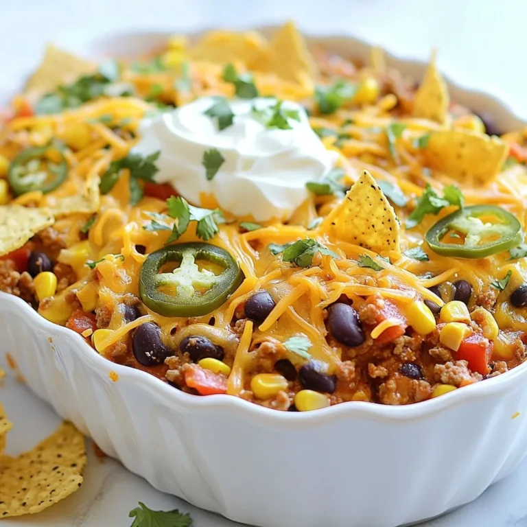 To make a tasty Crockpot Taco Casserole, you need simple ingredients. Here’s a list: - 1 lb ground turkey or beef - 1 medium onion, chopped - 1 bell pepper, chopped (any color) - 2 cloves garlic, minced - 1 can (15 oz) black beans, drained and rinsed - 1 can (15 oz) corn, drained - 1 can (14.5 oz) diced tomatoes, with their juice - 1 packet taco seasoning - 2 cups tortilla chips, crushed (plus extra for topping) - 1 cup shredded cheese (cheddar or Mexican blend) - Salt and pepper to taste These ingredients mix well and create great flavors. The ground meat gives protein, while beans and corn add texture. Toppings make your casserole even better. Here are some tasty options: - Sour cream - Sliced jalapeños - Fresh cilantro - Avocado These toppings add creaminess, spice, and freshness. You can mix and match to suit your taste. You can swap some ingredients for what you have on hand. Here are a few ideas: - Use ground chicken or pork instead of turkey or beef. - Try canned diced green chiles for extra heat. - Replace tortilla chips with crushed corn tortillas or even rice. - For a dairy-free option, skip the cheese or use a dairy-free blend. These swaps can help you make the dish your own. Don’t be afraid to experiment! {{ingredient_image_1}} Start by heating a skillet over medium heat. Add 1 pound of ground turkey or beef. Use a spatula to break it apart as it cooks. Cook until the meat is no longer pink. Drain any excess fat before moving to the next step. In the same skillet, add a chopped medium onion and a chopped bell pepper. You can use any color bell pepper you like. Add 2 cloves of minced garlic. Sauté these vegetables for about 5 minutes. They should be soft and fragrant. Now, it’s time to bring it all together! In your crockpot, combine the cooked meat mixture, 1 can of drained black beans, 1 can of drained corn, and 1 can of diced tomatoes with their juice. Sprinkle in 1 packet of taco seasoning. Stir well to mix everything together. Then, fold in 2 cups of crushed tortilla chips gently. Cover the crockpot and set it to cook. You can choose to cook on low for 4-6 hours or on high for 2-3 hours. In the last 30 minutes, sprinkle 1 cup of shredded cheese on top. Cover again to let the cheese melt. When done, taste and season with salt and pepper. Stir gently before serving. To boost flavor, use taco seasoning. Mix it well with your meat and veggies. You can add extra spices like cumin or chili powder for more depth. Taste as you go. This helps you find the right balance. Remember, the right seasoning makes all the difference. In the last 30 minutes, sprinkle cheese on top. Cover the crockpot to trap heat. This helps the cheese melt perfectly. I love using cheddar or a Mexican blend. They add a rich, creamy texture. The melted cheese gives that gooey comfort everyone loves. Serve your casserole in bowls for a nice look. Top with extra tortilla chips for crunch. Add a dollop of sour cream for creaminess. Sliced jalapeños bring heat if you like spice. Fresh cilantro adds a pop of color and flavor. Avocado can also enhance the dish. These toppings make your meal even more inviting. Pro Tips Use Fresh Ingredients: Fresh vegetables and spices enhance the flavor of your taco casserole, making it more vibrant and delicious. Adjust the Spice Level: If you prefer a spicier dish, consider adding diced jalapeños or a pinch of cayenne pepper to the mixture. Layering for Texture: For more texture, try layering additional tortilla chips and cheese between the casserole layers before cooking. Meal Prep Friendly: This casserole can be made ahead of time and stored in the refrigerator for up to 3 days, making it perfect for meal prep! {{image_2}} You can easily make a vegetarian version of this dish. Swap out the meat for an extra can of black beans or use lentils. You can also add more veggies. Try zucchini, mushrooms, or spinach for great flavor and texture. This keeps the dish hearty and satisfying. If you like heat, add sliced jalapeños or a dash of hot sauce. You can mix in diced green chilies for a mild kick. For more spice, consider adding cayenne pepper or chili powder. These small changes can make your taco casserole pack a punch. You can use different meats based on your taste. Ground beef is classic, but ground turkey is a healthier option. Chicken works well too. Just shred cooked chicken and mix it in. Each choice adds a unique flavor, so feel free to experiment! To store leftovers, let the casserole cool first. Place it in an airtight container. This keeps it fresh. You can store it in the fridge for up to three days. Make sure to seal the container well to avoid spills or drying out. When you are ready to eat the leftovers, take out the amount you want. You can reheat it in the microwave or on the stove. If using the microwave, heat for 1-2 minutes. Stir, then heat in 30-second bursts until warm. If using the stove, place it in a pan over low heat. Stir it often until heated through. You can add a splash of water if it seems dry. If you want to freeze the casserole, make sure it’s completely cool. Use a freezer-safe container or bag. Label it with the date. You can freeze it for up to three months. To thaw, move it to the fridge overnight. Reheat it as mentioned above. This way, you can enjoy this tasty meal later! Yes, you can make Crockpot Taco Casserole ahead of time. Prepare the dish as normal, but do not cook it. Simply combine all the ingredients in the crockpot and store it in the fridge. When you're ready to eat, just cook it on low for 4-6 hours or high for 2-3 hours. This makes it easy for busy days. If you don’t have tortilla chips, you can use crushed corn chips or even crackers. You can also try crushed taco shells. These options will still give you that nice crunch. You can also skip the chips entirely for a lower-carb option. The casserole is done when the meat is fully cooked, and the veggies are tender. If you see bubbles around the edges, it’s a good sign. You can check the meat with a thermometer. It should reach at least 165°F. Absolutely! You can use any cheese you like. Cheddar, Monterey Jack, or pepper jack all work well. Feel free to mix cheeses for a richer flavor. Just remember to sprinkle the cheese in the last 30 minutes of cooking. This helps it melt perfectly. You learned how to make a tasty crockpot taco casserole. We covered key ingredients, from ground meat to toppings. I shared step-by-step instructions for easy cooking. You discovered tips to enhance flavor and texture. Variations let you tailor this dish to your taste, including vegetarian options. Lastly, I explained how to store and reheat leftovers. Now, you have all the tools to enjoy a delicious meal that fits your style. Get cooking and share this yummy dish with family and friends!