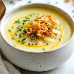 - 4 large russet potatoes - 1 medium onion - 2 cloves garlic - 4 cups vegetable broth - 1 cup whole milk (or plant-based milk) - 2 tablespoons butter or olive oil - 1 teaspoon dried thyme - Salt and pepper - Fresh chives for garnish - Crispy fried onions for topping To make Old-Fashioned Potato Soup, you need simple, fresh ingredients. Start with four large russet potatoes. They are perfect for a creamy texture. Next, grab one medium onion and chop it finely. The onion adds great flavor. You will also need two cloves of garlic, minced. Garlic gives depth to the soup. Broth is crucial for flavor. Use four cups of vegetable broth for a rich base. If you want a creamier soup, add one cup of whole milk or plant-based milk. For added richness, melt two tablespoons of butter or heat olive oil in the pot. To season your soup, one teaspoon of dried thyme works wonders. Don't forget salt and pepper to taste. For a touch of elegance, consider fresh chives as a garnish. Crispy fried onions add a nice crunch on top if you like a bit of texture. These optional ingredients can make your soup feel extra special. Enjoy cooking! {{ingredient_image_1}} To start, melt the butter or heat olive oil in a large pot over medium heat. - Sauté the onion: Add the chopped onion. Stir it for about five minutes until soft. This step builds a tasty base for your soup. - Add garlic: Stir in the minced garlic. Cook for another minute until it smells great. This adds flavor and warmth to the dish. - Add potatoes and broth: Next, add the diced russet potatoes, vegetable broth, and dried thyme. Stir well to mix everything. Now, it's time to bring the soup to life. - Bring to a boil: Increase the heat until the soup boils. This step helps cook the potatoes evenly. - Simmer until tender: Once boiling, lower the heat to low. Cover the pot and let it simmer for 15 to 20 minutes. The potatoes should be tender when you check them with a fork. After the potatoes are tender, it’s blending time! - Immersion blending options: If you have an immersion blender, use it to blend the soup. Blend it to your liking. For a chunkier soup, blend just half of it. - Add milk and seasoning: Stir in the whole milk. Season with salt and pepper to taste. Heat the soup for another two to three minutes, but don’t let it boil again. This makes the soup creamy and rich. Now, your Old-Fashioned Potato Soup is ready to enjoy! Serve it hot, topped with fresh chives and crispy fried onions if you like. To create the right texture for your potato soup, think about how you want it to feel. If you like a chunky soup, blend only half of the mixture. This gives you nice pieces of potato to enjoy. If you prefer a smooth soup, blend it all until creamy. Choosing the right potato matters too. Russet potatoes work best because they are starchy. They break down easily and give the soup a nice, thick texture. Adding extra flavor makes your soup shine. You can try adding seasonings like paprika or cayenne for a kick. Fresh herbs like parsley or dill can also brighten the dish. Homemade broth is always best, if you have time. It adds deep flavor. But if you're short on time, store-bought broth works fine. Just make sure to check the salt content. Pair your soup with crusty bread or a fresh salad. These sides make the meal hearty and satisfying. For toppings, try fresh chives to add a pop of color and flavor. Crispy fried onions also make a tasty crunch on top. Present your soup in a nice bowl. A sprinkle of herbs or onions on top makes it look special. Serve it hot, and enjoy a comforting bowl of goodness. Pro Tips Choose the Right Potatoes: Russet potatoes work best for a creamy texture, but you can also mix in Yukon Gold for added flavor and creaminess. Customize the Consistency: For a chunkier soup, blend only half of the mixture. Alternatively, use a potato masher for a rustic feel. Enhance the Flavor: Add a bay leaf during the simmering process for an extra layer of depth to the soup's flavor profile. Make It Vegan: Substitute the whole milk with a plant-based milk and use olive oil instead of butter for a completely vegan version. {{image_2}} You can make this potato soup fit your needs with some easy swaps. If you want a dairy-free option, use plant-based milk. Almond or oat milk works well here. For a creamier texture, try coconut milk. You can also change up the veggies. Try adding carrots or celery for extra flavor and color. They will blend nicely with the potatoes. Potato soup has many cultural twists. In Ireland, they might add leeks or bacon for a heartier soup. In Poland, you can find it with kielbasa and dill. These additions give the soup a unique taste. Fresh herbs can also change the soup with the seasons. In spring, add fresh chives or parsley for a pop of flavor. In winter, consider thyme or rosemary for warmth. If you want a lighter soup, there are low-calorie swaps. Use less butter or olive oil. You can also skip the milk or use a low-fat version. For added protein, think about adding crispy bacon or beans. Beans offer a healthy boost and keep the soup filling. Both options add great taste and texture to your bowl. To store leftover soup, let it cool first. Transfer it to an airtight container. Keep it in the fridge for up to three days. When you want to reheat, pour the soup into a pot. Warm it over low heat, stirring often to prevent sticking. If you have an immersion blender, you can blend it again for a smooth texture. If you want to freeze your potato soup, first cool it completely. Pour it into freezer-safe bags or containers. Leave some space for expansion. When you are ready to use it, take the soup out and thaw it overnight in the fridge. To avoid texture changes, do not freeze the soup with milk added. Instead, stir in the milk after thawing and reheating. This keeps the soup creamy and delicious. How long does Old-Fashioned Potato Soup last in the fridge? Old-Fashioned Potato Soup lasts about 3 to 5 days in the fridge. Store it in an airtight container for best results. This soup may thicken as it cools. You can add a splash of broth or milk when reheating to restore creaminess. Can I make this soup in advance? Yes, you can make this soup in advance. It actually tastes better the next day! Just cool it down and store it in the fridge. Reheat slowly on the stove, stirring often. Can I use sweet potatoes instead of russets? You can use sweet potatoes, but the flavor will change. Sweet potatoes give a sweeter taste and a different texture. If you like, mix both types for a fun twist! What is the best way to thicken the soup? The best way to thicken this soup is by blending some of it. Use an immersion blender for a smooth texture or mash some potatoes with a fork for a chunkier feel. Can I substitute vegetable broth with chicken broth? Yes, you can substitute vegetable broth with chicken broth. This swap adds a deeper flavor to the soup. Just remember, it will no longer be vegetarian. Is there a plant-based alternative for milk in this recipe? You can use plant-based milk as an alternative. Almond milk, oat milk, or coconut milk work well. These options keep the soup creamy without dairy. This blog post covered how to make delicious potato soup with simple ingredients. We discussed the main ingredients and optional add-ins for flavor. I shared step-by-step instructions, tips for the perfect texture, and variations to try. I also explained how to store leftovers and answered common questions. This soup is easy to customize and enjoy. With these tips, you can make it just right for you. Happy cooking!