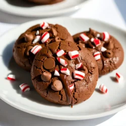 - 1 cup all-purpose flour - 1/2 cup unsweetened cocoa powder - 1/2 teaspoon baking powder - 1/4 teaspoon salt - 1/2 cup unsalted butter, melted - 1 cup granulated sugar - 2 large eggs - 1 teaspoon vanilla extract - 1/4 teaspoon peppermint extract - 1/2 cup semi-sweet chocolate chips - 1/4 cup crushed peppermint candies (plus extra for garnish) - Chocolate syrup for drizzling (optional) The quality of your ingredients makes a big difference. Fresh eggs and high-quality chocolate make the cookies richer. Use real peppermint extract for a strong, true peppermint flavor. Good cocoa powder adds depth to the taste. Always choose unsalted butter for better control over salt levels. To kick up the peppermint flavor, try adding more peppermint extract. You can also mix in a bit of white chocolate for a sweet contrast. Nuts like walnuts or pecans add a nice crunch and flavor. For a festive touch, sprinkle extra crushed peppermint candies on top before baking. These little changes can make your cookies even more special. {{ingredient_image_1}} 1. First, preheat your oven to 350°F (175°C). This step is key for baking cookies that are just right. 2. Line a baking sheet with parchment paper. This keeps the cookies from sticking. 3. In a mixing bowl, whisk together 1 cup of all-purpose flour, 1/2 cup of cocoa powder, 1/2 teaspoon of baking powder, and 1/4 teaspoon of salt. Make sure these dry ingredients are well mixed. 4. In another bowl, mix 1/2 cup of melted butter and 1 cup of granulated sugar. Stir until the mixture is smooth and creamy. 5. Add 2 large eggs to the butter-sugar mix, one at a time. Mix well after each egg. Then stir in 1 teaspoon of vanilla extract and 1/4 teaspoon of peppermint extract. 6. Gradually add the dry ingredients to the wet mix. Fold gently until just combined. Be careful not to overmix. 7. Now, fold in 1/2 cup of semi-sweet chocolate chips and 1/4 cup of crushed peppermint candies. Make sure they are spread evenly in the dough. 8. Scoop tablespoons of dough onto the prepared baking sheet. Leave space between the cookies, as they will spread. 9. Bake for 10-12 minutes. The edges should be set, but the centers will look soft. 10. Remove the cookies from the oven. Let them cool on the baking sheet for about 5 minutes. Then, transfer them to a wire rack to cool completely. Tips for Mixing Techniques: - Use a rubber spatula to fold in the dry ingredients. This helps prevent overmixing and keeps the cookies soft. - Mix until you can no longer see flour. A few lumps are okay. - For cookie size, use a tablespoon to scoop dough. This gives you cookies that are uniform in size. - Leave at least 2 inches of space between each cookie. They will expand as they bake. - Bake on the center rack for even heat. This helps each cookie bake thoroughly. - To ensure chewiness, take the cookies out when the edges are set but the center looks slightly underbaked. They will firm up as they cool. - Overmixing dough: This can lead to tough cookies. Mix just until the dry and wet ingredients blend. - Not monitoring baking time: Keep an eye on your cookies. They bake fast, so check them at 10 minutes. - Use of different types of chocolate: Try dark chocolate or milk chocolate chips. Each adds a unique taste. - Temperature tips for better melting: Melt your butter slightly warm, not hot. This helps mix in the sugar smoothly and evenly. Pro Tips Chill the Dough: For thicker cookies, chill the dough for 30 minutes before baking. This helps control the spread and gives a chewier texture. Check for Doneness: Since these cookies will continue to cook on the baking sheet after being removed from the oven, take them out while the centers are still a bit soft for the best texture. Customize the Toppings: Feel free to use white chocolate chips or dark chocolate for a different flavor profile. Experiment with various toppings to make them your own! Storage Tips: Store cookies in an airtight container at room temperature for up to a week. You can also freeze them for longer storage; just thaw before serving. {{image_2}} To make gluten-free peppermint brownie cookies, swap the all-purpose flour for a gluten-free blend. Look for a mix that has xantham gum. This helps mimic the texture of regular flour. You may need to add an extra egg. This keeps the cookies moist and chewy. You can add nuts to your cookies for crunch. Try walnuts or pecans. They bring a nice contrast to the chewy texture. You can also use flavored extracts. Almond or hazelnut extract adds a fun twist. For toppings, consider drizzling melted white chocolate. This adds sweetness and looks pretty. You can sprinkle more crushed peppermint on top for extra flair. Get creative with colorful sprinkles or even crushed cookies! To keep your peppermint brownie cookies fresh, store them in cool, dry places. The best option is an airtight container. This will stop air from making them dry and hard. You can use metal or plastic containers. Just make sure they seal tightly. Placing a slice of bread in the container can help keep cookies soft. Freezing is a great way to save cookie dough or baked cookies. To freeze dough, scoop it onto a baking sheet. Place the sheet in the freezer until the dough is firm. Then, transfer the dough balls into freezer bags. Make sure to label them with the date. For baked cookies, let them cool completely first. Then, layer them in an airtight container with parchment paper between layers. For thawing, take out the dough or cookies and leave them at room temperature. If you freeze the dough, bake it straight from the freezer. Just add a few extra minutes to the baking time. Enjoy your cookies fresh anytime! Yes, you can use white chocolate chips. The flavor will change. White chocolate is sweeter and creamier. It will make the cookies taste more like a dessert than a brownie. If you love white chocolate, give it a try! Just remember, the peppermint flavor might stand out more with white chocolate. These cookies stay fresh for about one week. Store them in an airtight container at room temperature. Signs of spoilage include a hard texture or an off smell. If you notice these signs, it’s time to toss them. Keeping them sealed helps keep their chewy texture longer. Yes, you can make the dough ahead of time! Prepare it, then cover it tightly. Store it in the fridge for up to 3 days. When ready to bake, let the dough sit at room temperature for about 15 minutes. This helps it soften. You can also freeze the dough for up to 3 months. Just scoop the dough onto a baking sheet and freeze it. Once frozen, transfer the dough balls to a freezer bag. When you’re ready, bake them straight from the freezer, adding a couple of extra minutes to the bake time. In summary, we explored essential ingredients for peppermint brownie cookies, focusing on quality and variations. We outlined clear preparation steps and baking tips to ensure success. We identified common mistakes and offered tricks to enhance flavor and texture. You learned how to create gluten-free options and add creative twists. Lastly, we covered proper storage and freezing techniques for lasting freshness. With these tips and guidelines, you can bake delicious peppermint brownie cookies that impress everyone. Enjoy your baking journey!