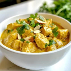 - 500g boneless chicken thighs, cut into bite-sized pieces - 1 large onion, finely sliced - 2 tablespoons ginger-garlic paste - 1 cup plain yogurt - 1/2 cup coconut milk - 1/4 cup cashew nuts, soaked in warm water and drained - 2 tablespoons vegetable oil - 2 tablespoons ghee (or additional vegetable oil) For the base of your chicken korma, you need tender chicken thighs. They stay juicy during cooking. The onion adds depth and richness. Ginger-garlic paste gives a warm kick. Yogurt and coconut milk create the creamy texture. Cashew nuts blend into a smooth, rich paste, enhancing the sauce. - 1 tablespoon korma spice mix (cumin, coriander, garam masala, cardamom) - 1 teaspoon turmeric powder - 1 teaspoon chili powder (adjust to taste) - Salt to taste Spices are the heart of korma. The korma spice mix offers warmth and complexity. Turmeric adds color and earthiness. Chili powder brings a touch of heat, which you can adjust for your taste. Salt balances all flavors and enhances each bite. - Fresh cilantro leaves for garnish - Sliced almonds for garnish Garnishes elevate your dish. Fresh cilantro adds a burst of color and freshness. Sliced almonds provide a nice crunch. Together, they make your chicken korma look and taste even better. Enjoy your cooking journey! {{ingredient_image_1}} Start by mixing the chicken pieces in a bowl. Add the yogurt, korma spice mix, turmeric powder, chili powder, and salt. Stir well to coat the chicken. Cover the bowl and set it aside. Let the chicken marinate for at least 1 hour. For the best flavor, marinate it overnight in the fridge. Take the soaked cashew nuts and place them in a blender. Add a little water to help blend them smoothly. Blend until you get a creamy paste. This paste will add richness to your korma. Set this paste aside for later use. In a large pan, heat the vegetable oil and ghee over medium heat. Once the oil is hot, add the sliced onions. Cook the onions until they are golden brown, which takes about 8-10 minutes. This step is key for building flavor. After that, stir in the ginger-garlic paste and let it cook for 2-3 minutes until it becomes fragrant. Now, add the marinated chicken to the pan. Cook it on medium-high heat until the chicken starts to brown, about 5-7 minutes. Once the chicken is browned, reduce the heat to low. Stir in the coconut milk and the cashew paste. Mix everything well to create a creamy sauce. Cover the pan and let the korma simmer on low heat for 15-20 minutes. Stir occasionally until the chicken is fully cooked and the sauce thickens. Taste the korma and adjust the salt if needed. You can also add more spice mix for extra flavor. When ready to serve, garnish with fresh cilantro leaves and sliced almonds. This dish is great with rice or naan for a complete meal. Marination is key for great flavor. I recommend marinating the chicken for at least one hour. For deeper taste, let it sit overnight in the fridge. The yogurt and spices soak in well, making the chicken tender and tasty. To achieve a rich, creamy sauce, use coconut milk and cashew paste. After cooking the chicken, lower the heat. Stir in both the coconut milk and cashew paste. This helps blend all the flavors and gives the dish a smooth texture. Always use fresh spices for the best taste. Toasting them lightly before adding to the dish enhances their flavor. I suggest mixing your korma spice blend with turmeric and chili powder before marinating the chicken. This adds a nice kick and depth to the korma. Pro Tips Marinate for Maximum Flavor: Allowing the chicken to marinate overnight will enhance the flavors and tenderness of the meat. Adjust the Spice Level: Feel free to modify the amount of chili powder according to your heat preference; start with less and add more if needed. Use Fresh Spices: For the best flavor, use freshly ground spices in your korma spice mix instead of pre-ground versions. Finish with Fresh Herbs: Adding fresh cilantro at the end not only enhances the flavor but also adds a beautiful color to the dish. {{image_2}} You can easily turn this chicken korma into a vegetarian delight. Use mixed vegetables like cauliflower, peas, and carrots in place of chicken. You can also use paneer for a rich and creamy touch. Just marinate the veggies in the same yogurt mix. This way, you keep that lovely flavor. Not a fan of heat? You can control spice in your korma. Start with less chili powder. Taste the sauce as it cooks, and add more if you want it spicy. Want it mild? Skip the chili powder altogether and add a bit more coconut milk for creaminess. If you have dietary needs, there are great swaps. Use almond milk instead of coconut milk for a nut-free version. If you're avoiding dairy, try coconut yogurt in place of plain yogurt. For nut allergies, skip the cashews and blend in some silken tofu for a creamy texture. These swaps keep the korma rich and tasty! To store leftovers, let the chicken korma cool completely. Place it in an airtight container. You can keep it in the fridge for up to three days. Make sure to label it with the date. This helps you know how long it has been stored. When you are ready to eat, reheat the chicken korma in a pan over medium heat. Stir it often to heat evenly. You can add a splash of coconut milk or water if it seems thick. This keeps the sauce creamy. Heat it until it reaches a safe temperature of 165°F (74°C). You can freeze chicken korma too! Pour it into a freezer-safe container. Leave some space at the top, as it may expand when frozen. Seal it tightly and label it with the date. It can last for up to three months in the freezer. To thaw, place it in the fridge overnight before reheating. Enjoy your korma whenever you want a quick meal! You can serve Chicken Korma with many tasty sides. Here are some ideas: - Steamed basmati rice - Fluffy naan or roti - Cucumber raita for a cool touch - A fresh salad with mint - Pickles for added flavor Each side brings something special. Rice soaks up the sauce well. Naan is perfect for dipping. Raita cools the heat, and salad adds crunch! Yes, you can use chicken breast. Chicken thighs have more flavor and stay juicy. Chicken breast cooks faster and can dry out if overcooked. If you choose breast, watch the cooking time closely. You can keep Chicken Korma in the fridge for about 3 to 4 days. Store it in an airtight container. Always let it cool before sealing. To enjoy it fresh, reheat it until hot before serving. Chicken Korma is creamier and richer than Chicken Curry. Korma uses yogurt and coconut milk, making it smooth. Curry is usually more spicy and less creamy. Each dish brings unique flavors and textures to the table. Homemade Chicken Korma is a tasty dish full of flavor. You learned about main ingredients, spices, and garnishes that make it unique. We covered each step clearly, from marinating the chicken to serving it right. I shared tips to make the dish creamy and talked about fun variations. Plus, you now know how to store and reheat leftovers. Enjoy your cooking, and impress family and friends with this delicious meal. Get creative and make it your own!