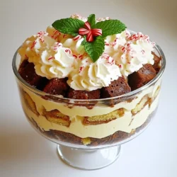 - 1 package of chocolate cake mix (plus ingredients needed to prepare) - 2 cups peppermint-flavored whipped topping - 2 cups vanilla pudding (instant) - 1 cup crushed peppermint candies (divided) - 1 cup milk - 1 teaspoon vanilla extract - 1/2 cup crushed chocolate cookies (optional for layer) - Fresh mint leaves for garnish You can swap the chocolate cake mix for a gluten-free option. Use almond milk instead of regular milk for a dairy-free choice. If you can’t find peppermint-flavored whipped topping, regular whipped cream works well. You may also try using crushed Oreo cookies instead of chocolate cookies for a fun twist. When measuring ingredients, use dry measuring cups for solids and liquid measuring cups for liquids. Level off dry ingredients with a straight edge for accuracy. For sticky items like whipped topping, use a rubber spatula to scrape it out completely. Always double-check your measurements to ensure the best results in your trifle. {{ingredient_image_1}} To start, bake the chocolate cake mix as the package says. Once baked, let it cool completely. This is key! Once cool, cut the cake into small cubes. Make sure the pieces are even for nice layers. In a large bowl, combine the instant vanilla pudding mix and 1 cup of milk. Whisk the mix for about two minutes. You want it thick, so keep whisking! After it thickens, add 1 teaspoon of vanilla extract. This gives the pudding a nice flavor boost. Now comes the fun part—layering! In a large trifle dish or individual cups, add 1/3 of the cake cubes. Spread them evenly. Next, pour half of the vanilla pudding over the cake. Smooth it out gently. Spoon half of the peppermint-flavored whipped topping on top of the pudding. Make sure to spread it evenly, too! Then, sprinkle half of the crushed peppermint candies over the whipped topping. This adds a nice crunch. Repeat these layers. Start with more cake cubes, then the remaining pudding, followed by the rest of the whipped topping. For the final touch, add the last of the crushed peppermint candies. If you want, sprinkle some crushed chocolate cookies on top. Cover your trifle with plastic wrap. Place it in the fridge for at least four hours. If you have time, letting it chill overnight is even better! This helps all the flavors blend. When ready to serve, add fresh mint leaves on top for a festive look. Enjoy your Peppermint Christmas Trifle! Layering is key to a great trifle. Start with the cake cubes. Use about one-third of the chocolate cake. Make sure to cut it into even pieces. This helps each bite taste amazing. After the cake, add vanilla pudding. Spread the pudding evenly. Then, add the peppermint whipped topping. Use a spatula to smooth it out gently. Next, sprinkle half of the crushed peppermint candies. Repeat this process until you reach the top. For a final touch, add crushed chocolate cookies if you like. A beautiful trifle looks great on any table. Use a clear trifle dish for the best view. It shows off all the colorful layers. You can also use individual glasses for a fun twist. This makes it easy for guests to serve themselves. Just before serving, add fresh mint leaves on top. They add a pop of green and look festive. You can also sprinkle more crushed peppermint candies for extra color and crunch. Avoid cutting the cake too small or too big. If the pieces are too small, they will mush together. If they are too big, they won’t fit well. Also, don’t rush the chilling process. It’s important to chill the trifle for at least four hours. This helps the layers meld together. Lastly, be careful with the toppings. Too many toppings can make it messy. Stick to the recipe for the best results. Pro Tips Use Room Temperature Ingredients: Allow your eggs and milk to reach room temperature before incorporating them into the batter for a better rise and texture. Don’t Rush the Cooling Process: Make sure your chocolate cake is completely cooled before cutting it into cubes to prevent it from crumbling. Customize Your Layers: Feel free to add additional layers of fruits like raspberries or strawberries for a refreshing twist on the classic trifle. Chill Longer for Best Flavor: Refrigerating the trifle overnight allows the flavors to meld beautifully, enhancing the overall taste and texture. {{image_2}} You can switch up the cake for a new taste. Try a red velvet cake mix for a festive touch. Vanilla cake mix also works well and gives a light flavor. You may also use spiced cake for warmth in winter. Each choice adds a unique twist to your trifle. If you want to change the whipped topping, consider using chocolate-flavored whipped topping. This adds rich flavor that pairs well with the cake. You can also use regular whipped cream for a classic taste. For a fun twist, try a berry-flavored topping to brighten the dish. Garnishing makes your trifle stand out. Use crushed peppermint candies for a sweet crunch on top. You might also sprinkle cocoa powder for a rich look. Fresh berries, like raspberries, can add a pop of color. Finally, mint leaves give a fresh, green touch that looks great. To store leftovers, cover the trifle tightly with plastic wrap. You can also use a lid if your dish has one. Keep it in the fridge. The trifle stays fresh for up to three days. The layers may soften a bit, but the flavors will still be great. I do not recommend freezing the trifle. The whipped topping and pudding may separate. If you need to freeze it, try freezing the layers separately. You can freeze the cake and peppermint candies. Then, assemble it fresh later. That way, you keep the best texture. You do not need to reheat the trifle. It is best served cold. If you want to enjoy it warm, you can warm the cake slightly. Place it on a plate and microwave for about 10 seconds. Then add the cold layers back on top. This will keep your dessert tasty and fun. Yes, you can make this trifle a day in advance. It tastes even better when chilled overnight. Just layer it up, cover it, and store it in the fridge. This way, the flavors meld together nicely. If you can't find peppermint-flavored whipped topping, use regular whipped cream. Add a few drops of peppermint extract for flavor. You can also crush some peppermint candies and mix them in for extra crunch and taste. The trifle can last in the fridge for about 3 days. Make sure it is covered to keep it fresh. If it starts to look watery, it’s best to eat it sooner. Yes, you can make a gluten-free version. Use gluten-free chocolate cake mix instead of regular. Check the labels on your whipped topping and pudding to ensure they are gluten-free. Enjoy your festive treat without worry! You now have all you need to make a perfect Peppermint Christmas Trifle. We covered the key ingredients, your options for swaps, and tips for measuring. The step-by-step guide helps you create layers with ease. Plus, we shared helpful tips and tricks to present your dessert beautifully. Consider the variations to match your taste. Don’t forget proper storage methods to keep leftovers fresh. With this knowledge, you can impress everyone this holiday season with a delicious trifle that shines on your table. Enjoy making it!