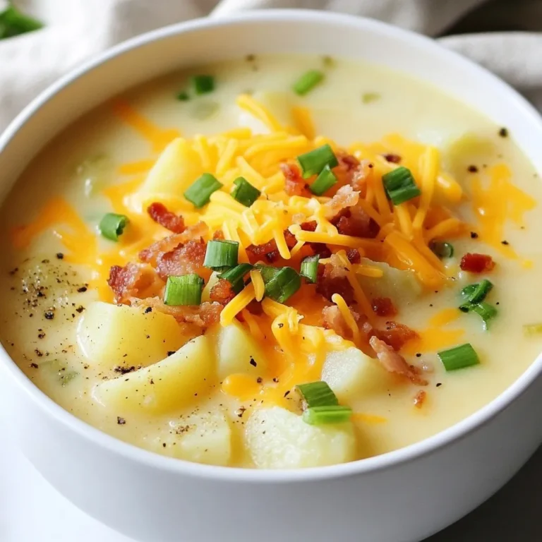To make Loaded Outback Potato Soup, gather these key items: - 4 large russet potatoes, peeled and diced - 1 cup diced onion - 1/2 cup diced celery - 1/2 cup diced carrots - 4 cups vegetable broth - 1 cup heavy cream - 1 cup shredded cheddar cheese (plus extra for topping) - 1/2 cup cooked and crumbled turkey bacon (or plant-based bacon) - 2 green onions, sliced (for garnish) - 2 tablespoons olive oil - 1 teaspoon garlic powder - 1 teaspoon onion powder - Salt and pepper to taste These ingredients give the soup its rich and creamy flavor. You can make this soup even more special with these toppings: - Extra shredded cheddar cheese - Crumbled turkey bacon or plant-based bacon - Sliced green onions - A dollop of sour cream - Fresh herbs like parsley or chives Each topping adds a nice touch and boosts flavor. If you need to swap ingredients, here are some ideas: - Use Yukon Gold potatoes instead of russets for a creamier texture. - Swap heavy cream with coconut milk for a lighter option. - Replace turkey bacon with mushrooms for a vegetarian twist. - Use low-sodium vegetable broth to control salt levels. These substitutions can help meet your dietary needs while keeping the soup delicious. {{ingredient_image_1}} Start by peeling and dicing the potatoes. You need four large russet potatoes. Next, chop one cup of onion, half a cup of celery, and half a cup of carrots. Take your time with the chopping, as smaller pieces cook evenly. In a large pot, heat two tablespoons of olive oil over medium heat. Once the oil is warm, add the diced onion, celery, and carrots. Sauté these for five to seven minutes. You want them to soften and release their flavors. When the veggies soften, it’s time to add the diced potatoes. Pour in four cups of vegetable broth. Bring the mixture to a boil. This step is key to cooking the potatoes well. Once it boils, reduce the heat and let it simmer. Cook for 20 to 25 minutes until the potatoes are tender. After the potatoes cook, use a potato masher or an immersion blender. Mash the potatoes slightly, but leave some chunks for texture. This gives the soup a nice, hearty feel. Next, stir in one cup of heavy cream. Sprinkle in one teaspoon of garlic powder and one teaspoon of onion powder. Season with salt and pepper to taste. Let the soup cook for an additional five to ten minutes. This helps all the flavors blend well. Once the soup is creamy and warm, it’s time for the cheese. Stir in one cup of shredded cheddar cheese. Watch it melt and blend into the soup. Serve the soup hot. Top each bowl with crumbled turkey bacon, extra cheese, and sliced green onions. These toppings add color and crunch to your soup. Enjoy this loaded outback potato soup with crusty bread or on its own! When mashing potatoes, choose the right type. I like using russet potatoes. They are fluffy and creamy. Peel and dice them for even cooking. After boiling, use a potato masher. This keeps some chunks for texture. If you prefer a smoother soup, use an immersion blender. Blend until you reach your desired consistency. To make your soup creamy, add heavy cream. Stir it in just before serving. This keeps it rich and smooth. You can also mix in shredded cheese. It melts quickly and adds extra creaminess. Make sure to heat the soup gently. Avoid boiling after adding cream or cheese. This keeps the texture perfect. Seasoning is key for a tasty soup. I use garlic powder and onion powder for depth. These spices add a nice touch without overpowering. Salt and pepper balance the flavors too. Taste as you go to find the right mix. You can also add herbs like thyme or parsley. They brighten the soup and make it more fragrant. Pro Tips Use Fresh Ingredients: For the best flavor, use fresh vegetables and high-quality vegetable broth. This will enhance the overall taste of your soup. Customize Your Toppings: Feel free to get creative with the toppings! Add sour cream, jalapeños, or even avocado for an extra layer of flavor. Adjust the Consistency: If you prefer a thicker soup, reduce the amount of broth or blend in more potatoes. For a thinner soup, add more broth until desired consistency is reached. Make It Ahead: This soup can be made ahead of time and stored in the refrigerator. Reheat gently on the stove, adding a splash of cream if needed to restore its creaminess. {{image_2}} You can make a vegan version of this soup. Replace the heavy cream with coconut milk or a plant-based cream. Use vegetable broth as your base. Swap the cheddar cheese for a dairy-free option or nutritional yeast for a cheesy flavor. For the bacon, try using crispy tempeh or a plant-based bacon. This version keeps the flavors rich and creamy without any animal products. If you like heat, add jalapeños. Dice one or two jalapeños and sauté them with the onions, celery, and carrots. This gives the soup a nice kick. You can also stir in some hot sauce before serving. Top with sliced jalapeños for extra spice. It’s a fun twist that adds depth to the flavor. To lighten up the soup, you can make a few easy swaps. Use low-fat milk instead of heavy cream. You can also cut back on cheese or use a lighter cheese option. Replace some of the potatoes with cauliflower for added nutrients and fewer carbs. This keeps the soup creamy while making it healthier. To store your Loaded Outback Potato Soup, let it cool first. Pour it into an airtight container. This keeps the soup fresh. Make sure to seal the lid tightly. You can store it in the fridge for up to three days. It’s best to use it within this time for great taste. When you are ready to eat the soup again, reheating is key. Pour the soup into a pot. Heat it over medium heat on the stove. Stir it often to prevent sticking. If the soup is too thick, add a splash of vegetable broth or cream. This keeps it creamy and delicious. You can also microwave it. Use a microwave-safe bowl, cover it, and heat in short bursts. Stir in between to get even warmth. You can freeze this soup for later use. First, let the soup cool completely. Pour it into freezer-safe bags or containers. Leave some room at the top for expansion. Label the container with the date. This soup can last up to three months in the freezer. When you want to eat it, thaw it in the fridge overnight. Reheat it on the stove or in the microwave as described above for the best flavor. Yes, you can use different types of potatoes. Yukon Gold or red potatoes work well. They add a nice flavor and texture. Just make sure to peel and dice them like russets. Each type brings its own taste, so feel free to experiment. The soup lasts about 3 to 5 days in the fridge. Store it in an airtight container. Just make sure it cools down before you put it away. If you want to save it longer, consider freezing it. You can add cooked chicken or turkey for extra protein. Beans like white beans or chickpeas also work great. For a vegetarian option, try adding lentils. They blend well with the soup and boost the nutrients. This blog post covered all the key elements of making a delicious Loaded Outback Potato Soup. We explored the ingredients, cooking steps, and tasty tips. You can adapt the recipe based on your needs or preferences, whether you're vegan or want more spice. Remember to store any leftovers well to keep the soup fresh. I hope you feel ready to try this recipe. Enjoy every warm bite and make it your own!