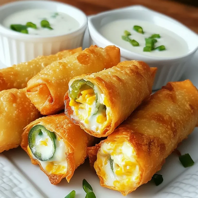 - 1 cup cream cheese, softened - 1 cup shredded cheddar cheese - 1/2 cup jalapeños, finely chopped (fresh or pickled) - 1/4 teaspoon garlic powder - 1/4 teaspoon onion powder - Salt and pepper to taste - 12 egg roll wrappers - Vegetable oil for frying The main ingredients for mini jalapeño popper egg rolls are simple yet flavorful. Cream cheese gives a rich base that mixes well with spicy jalapeños. You can use fresh jalapeños for a fresh taste or pickled for a tangy twist. Garlic and onion powder add depth, while salt and pepper enhance all the flavors. The egg roll wrappers are the perfect vehicle for these tasty fillings, creating a crunchy shell when fried. - Ranch dressing for dipping - Variations on cheese types Ranch dressing makes a perfect dip for these egg rolls. It cools down the heat from the jalapeños and adds a creamy touch. You can also play with cheese types. Try pepper jack for an extra kick or mozzarella for a milder taste. Each variation allows you to customize the flavor to your liking. {{ingredient_image_1}} To start, you need to mix the cheese and jalapeño filling. In a bowl, combine 1 cup of softened cream cheese and 1 cup of shredded cheddar cheese. Add in 1/2 cup of finely chopped jalapeños, 1/4 teaspoon of garlic powder, 1/4 teaspoon of onion powder, and salt and pepper to taste. Mix everything until it is well blended. Next, prepare the egg roll wrappers. Lay one wrapper down on a clean surface with one corner facing you. Place about 2 tablespoons of your jalapeño cheese mixture in the center. Fold the bottom corner over the filling. Then, fold the side corners inward. Roll it up tightly, sealing the egg roll. If you need help sealing, use a little water on your fingers. Now, it's time to cook your egg rolls. Heat vegetable oil in a deep pan or pot over medium-high heat until it reaches about 350°F or 175°C. Carefully drop a few egg rolls into the hot oil. Fry them in batches for 3-4 minutes until they are golden brown and crispy. To maintain the oil temperature, avoid adding too many egg rolls at once. If the oil cools too much, your egg rolls may become soggy. For the best taste, serve your mini jalapeño popper egg rolls warm. They pair well with ranch dressing for dipping. For a nice presentation, arrange them on a platter and add a small bowl of ranch in the center. You can sprinkle some chopped herbs around the edges for a pop of color. Avoiding soggy egg rolls To keep your egg rolls crispy, make sure the filling is not too wet. Drain jalapeños if they are pickled. Use just enough cream cheese to bind the ingredients. When frying, ensure the oil is hot. This helps create a crunchy outside. Fry in small batches to avoid cooling the oil. Perfecting the rolling technique For the best shape, lay the wrapper with a corner facing you. Use about 2 tablespoons of filling. Fold the bottom corner over the filling tightly. Then, fold in the side corners. Roll it up carefully and seal the edges with water. This keeps the filling inside during frying. Adding spices or herbs to the filling You can amp up the flavor by adding spices. Try a pinch of cumin or smoked paprika. Fresh herbs like cilantro or chives can add brightness. Mix these in with the cheese filling for a tasty twist. Experimenting with different cheeses While cheddar is classic, feel free to mix it up. Use pepper jack for extra heat. Creamy mozzarella can give a gooey texture. Blend in some feta for a tangy flavor. Each cheese changes the taste, making it fun to try new combinations. Oven-baking instructions for a healthier version If you prefer baking, preheat your oven to 400°F (200°C). Arrange the egg rolls on a baking sheet. Brush them lightly with oil for crisping. Bake for 15-20 minutes until golden brown, flipping them halfway through. This method cuts down on oil. Air fryer methods for crispy results An air fryer is a great option for crispy egg rolls. Preheat the air fryer to 375°F (190°C). Place the egg rolls in a single layer, leaving space between them. Cook for about 10-12 minutes, flipping halfway. This method gives you crunch with less oil. Pro Tips Use Fresh Jalapeños: Fresh jalapeños will provide a more vibrant flavor and crunch compared to pickled ones, enhancing the overall taste of your egg rolls. Don't Overfill: Be careful not to overfill the egg rolls, as this can make them difficult to seal and may cause them to burst while frying. Keep Oil Temperature Consistent: Maintaining the oil temperature at 350°F (175°C) is crucial for achieving crispy egg rolls without absorbing too much oil. Experiment with Dips: While ranch dressing is a classic choice, try serving these egg rolls with other dips like spicy mayo or blue cheese for a fun twist! {{image_2}} You can make these egg rolls even tastier! Try adding cooked bacon or sausage for a savory boost. This combination adds a smoky flavor that pairs well with jalapeños. For a veggie twist, use mushrooms or spinach. These options give a fresh taste and keep the dish light. Not a fan of egg roll wrappers? Use spring roll wrappers instead. They are thinner and crisp up nicely. If you need a gluten-free option, look for rice paper wraps. They work well and add a unique texture to the egg rolls. Dipping sauces can take these egg rolls to the next level. Try pairing them with spicy ranch, creamy guacamole, or tangy salsa. These dips add extra layers of flavor. If you are hosting a party, serve these egg rolls on a platter with assorted dips. This will impress your guests and make for a fun snack spread. To keep your cooked mini jalapeño popper egg rolls fresh, place them in an airtight container. Store them in the fridge for up to four days. Make sure they cool down first to avoid moisture buildup. For uncooked egg rolls, wrap them tightly in plastic wrap. You can freeze them for up to three months. Just remember to place parchment paper between layers to prevent sticking. When you want to enjoy your leftovers, the best way to reheat them is in the oven or air fryer. Preheat your oven to 375°F (190°C). Place the egg rolls on a baking sheet for about 10 minutes. This method keeps them crispy. If you prefer the air fryer, set it to 350°F (175°C) and heat for 5-7 minutes. To avoid sogginess, don’t cover them with foil. This allows moisture to escape, keeping your egg rolls crunchy and delicious. To make these tasty treats, follow these steps: 1. Mix cream cheese, cheddar cheese, jalapeños, garlic powder, onion powder, salt, and pepper in a bowl. 2. Lay an egg roll wrapper down with a corner facing you. 3. Spoon about 2 tablespoons of the cheese mix in the center. 4. Fold the bottom over the mix, then fold in the sides, and roll it up tightly. 5. Seal the edges with a bit of water if needed. 6. Heat oil in a pan. Fry each egg roll until golden brown, about 3-4 minutes. 7. Drain on paper towels and serve warm. Yes, you can bake them! Baking gives you a healthier option. To bake, preheat your oven to 400°F (200°C). Place the rolled egg rolls on a baking sheet lined with parchment paper. Brush them lightly with oil for crispiness. Bake for about 15-20 minutes, turning halfway through. They may not be as crispy as fried ones, but they still taste great! In the fridge, cooked egg rolls last about 3-4 days. Store them in an airtight container to keep them fresh. If you see any signs of mold or an off smell, it’s best to throw them away. If you want them to last longer, consider freezing them. Mini jalapeño popper egg rolls are a fun and tasty treat. You learned about key ingredients, preparation steps, and variations. I shared tips to avoid common issues and enhance flavor, plus storage information for leftovers. Experimenting with different filling options can make these snacks uniquely yours. Enjoy making and sharing them at your next gathering. You’ll impress everyone with your delicious creations!