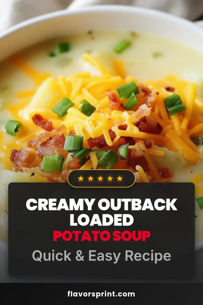 Indulge in the rich flavors of Loaded Outback Potato Soup with this easy Outback potato soup recipe. This creamy potato soup features tender potatoes, savory vegetable broth, and crispy loaded potato soup with bacon. Perfect for a cozy meal, this delicious soup is sure to impress! Try it today and savor the taste. Save this recipe for your next comfort food craving! #LoadedPotatoSoup #CreamyPotatoSoup #VegetableBrothPotatoSoup #OutbackPotatoSoup