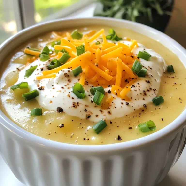 - 4 large russet potatoes, peeled and diced - 1 medium onion, finely chopped - 3 cloves garlic, minced - 4 cups chicken or vegetable broth - 1 cup heavy cream - 1/2 cup sour cream - 1 cup shredded cheddar cheese - 1/2 cup cooked and crumbled turkey bacon - 1/4 cup chopped green onions - Olive oil, paprika, salt, and pepper When I make Loaded Outback Potato Soup, I love starting with fresh ingredients. First, I peel and dice four large russet potatoes. These potatoes give the soup a nice, creamy base. I finely chop one medium onion and mince three cloves of garlic. This combo adds depth and flavor to the soup. Next, I reach for either chicken or vegetable broth. I use four cups to cover the potatoes in the pot. The broth helps cook the potatoes and adds a savory taste. After the broth, I mix in one cup of heavy cream and half a cup of sour cream. These create a rich, creamy texture that warms you up inside. I always include one cup of shredded cheddar cheese. It melts beautifully into the soup, making it extra delicious. For some crunch and flavor, I add half a cup of cooked and crumbled turkey bacon. If you want a vegetarian option, you can skip the bacon. Lastly, I sprinkle in a quarter cup of chopped green onions for a pop of color and freshness. Don't forget the olive oil, paprika, salt, and pepper. These seasonings tie everything together, making each bite irresistible. - Extra cheddar cheese - Chopped green onions - Sour cream dollop For presentation, I like to top my soup with extra cheddar cheese and chopped green onions. A dollop of sour cream also adds a nice touch. These garnishes not only look great but also enhance the flavor. {{ingredient_image_1}} - First, heat 2 tablespoons of olive oil in a large pot over medium heat. - Next, add the finely chopped onion. Sauté it for about 5 minutes until it turns soft and clear. - Then, mix in 3 minced garlic cloves. Cook for another minute to get that great garlic smell. - Now, stir in 4 large russet potatoes, peeled and diced. Pour in 4 cups of chicken broth, covering the potatoes well. - Bring the pot to a boil for a few minutes. - After that, lower the heat and let it simmer for 15 to 20 minutes. The potatoes should be soft enough to pierce with a fork. - When the potatoes are tender, use an immersion blender. Blend until your soup is smooth. If you want a chunky soup, blend only half and return it to the pot. - Add 1 cup of heavy cream and 1/2 cup of sour cream. Stir well until the soup is creamy and the cheese melts. - Next, mix in 1 cup of shredded cheddar cheese, 1 teaspoon of paprika, and salt and pepper to taste. - Finally, toss in 1/2 cup of crumbled turkey bacon and 1/4 cup of chopped green onions. Stir everything together. Heat for another 5 minutes. - Taste your soup and adjust the seasoning if needed. Serve hot, adding more cheese and green onions on top for a great finish. To get the best texture, I prefer using an immersion blender. It blends the soup right in the pot. You can control how smooth or chunky it gets. If you want a chunkier soup, blend only half. If you use a traditional blender, let the soup cool a bit first. Always be careful when blending hot liquids. Adjust the thickness by adding more broth or cream. For a thicker soup, you can add more potatoes. You can also mash some potatoes with a fork before blending. This gives a creamy feel without losing the potato chunks. Spices can really change the taste. I like to add a pinch of cayenne for heat. Smoked paprika adds a depth that I love. You can also use herbs like thyme or rosemary for fresh flavor. For seasoning, start with salt and pepper. Taste as you go. If you want more flavor, add a splash of Worcestershire sauce. This little trick packs a punch in taste! Serve your soup in rustic bowls for a cozy feel. Top it with extra cheddar cheese and chopped green onions. A dollop of sour cream adds creaminess and looks nice too. I recommend using wide bowls; they show off the soup's color and toppings. Sprinkle paprika on top for a pop of color. This simple touch makes the dish look inviting! Pro Tips Choose the Right Potatoes: Russet potatoes are ideal for this soup due to their starchy texture, which helps create a creamy consistency. Customize Your Toppings: Feel free to add your favorite toppings such as jalapeños, diced tomatoes, or even a drizzle of hot sauce for an extra kick. Make it Ahead: This soup can be made in advance and stored in the fridge for up to 3 days. Just reheat gently before serving. Blend for Texture: For a creamy texture, blend the soup thoroughly, but you can leave some chunks for added heartiness if preferred. {{image_2}} You can easily make a vegetarian version of this Loaded Outback Potato Soup. Instead of turkey bacon, use cooked and crumbled tempeh or smoked tofu. Both add a nice, smoky taste. For the broth, switch to vegetable broth. This keeps the flavor rich without meat. You can also add more veggies like carrots or celery. They add texture and nutrients. Want some heat? Add chopped jalapeños or a pinch of cayenne pepper. This gives your soup a spicy kick. For extra flavor, toss in fresh herbs like thyme or rosemary. They pair well with potatoes and add a lovely aroma. You can experiment with different spices to find what you love most. If you need a dairy-free option, try using non-dairy cream made from almonds or cashews. For cheese, look for dairy-free cheese shreds. They melt well and taste great. To thicken the soup, use cornstarch or a blend of equal parts water and flour. This keeps your soup creamy without dairy. To store leftover soup, let it cool first. Pour the soup into an airtight container. Seal it tightly to keep it fresh. You can also use a glass jar. Label it with the date to track freshness. The shelf life in the fridge is about 3 to 4 days. If you want to enjoy it longer, freezing is a great option. Always check for changes in smell or color before eating old soup. To freeze soup, use freezer-safe containers or bags. Leave some space at the top. This allows the soup to expand as it freezes. It’s best to freeze the soup without garnishes. This keeps the flavors fresh. For thawing, move the frozen soup to the fridge overnight. If you need it fast, you can use the microwave. Heat it slowly, stirring often. When reheating, make sure it steams hot all the way through. Enjoy your warm, comforting bowl! Yes, you can make this soup ahead of time. It keeps well in the fridge for about three days. Just let it cool down before you store it. Use an airtight container to keep it fresh. When you want to eat it, just reheat it on the stove. Adding a splash of cream can help bring back its creamy texture. To make your Loaded Outback Potato Soup creamier, try adding more heavy cream. You can also mix in extra sour cream. If you like cheese, add more shredded cheddar to the pot. Blending half the soup gives it a smooth feel while keeping some chunks for texture. This soup pairs well with many sides. A simple salad can add freshness. Breadsticks or garlic bread make a nice addition, too. You can even serve it with a grilled cheese sandwich for a fun twist. Enjoy your soup with a sprinkle of extra green onions for a pop of color! This blog post covered how to make delicious Loaded Outback Potato Soup. We discussed the main ingredients, step-by-step instructions, and tips to enhance flavor and texture. You can customize the soup with different variations and find easy storage methods for leftovers. Enjoy creating this comforting dish that warms your heart and fills your belly. Embrace your cooking adventure, and let your taste buds explore!